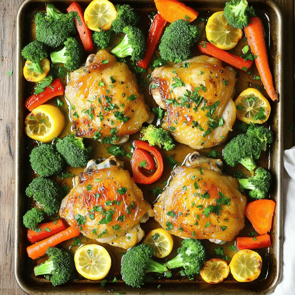 To make this dish, you need just a few fresh ingredients. Here’s what you’ll gather: - 4 boneless, skinless chicken thighs - 2 cups fresh broccoli florets - 1 red bell pepper, thinly sliced - 1 cup baby carrots, whole or halved - 4 cloves of garlic, finely minced - 1 lemon (zested and juiced) - 3 tablespoons extra-virgin olive oil - 1 teaspoon dried oregano - 1 teaspoon smoked paprika - Salt and pepper, to taste - Fresh parsley, chopped (for garnish) These ingredients create a tasty and colorful meal. The chicken stays juicy, and the veggies add crunch. You can jazz up your dish with a few optional extras. Try these for more taste: - A pinch of red pepper flakes for some heat - Fresh thyme or rosemary for a herb boost - Cherry tomatoes for a sweet pop - A splash of white wine for depth These add-ons can make your meal even more exciting. Feel free to mix and match based on what you love! To cook this dish, having the right tools makes it easier. Here’s what I recommend: - A large mixing bowl for the marinade - A whisk to blend your marinade smoothly - A baking sheet lined with parchment paper - A sharp knife for cutting veggies - A meat thermometer to check chicken doneness Using these tools will help you create a fantastic one-pan meal. You can find the full recipe to guide you through the process. Start by making the marinade. Grab a big mixing bowl. Add the juice and zest of one lemon. Then, toss in four minced garlic cloves. Next, pour in three tablespoons of olive oil. Add one teaspoon of dried oregano and one teaspoon of smoked paprika. Don’t forget a good pinch of salt and pepper! Whisk it all together until it looks nice and smooth. Now it’s time for the chicken. Take four boneless, skinless chicken thighs and drop them into the marinade. Use your hands or a spoon to turn them. Make sure every inch of chicken is covered. For a tasty result, let them sit for at least 15 minutes. If you have more time, pop them in the fridge for up to two hours. Grab a large baking sheet. Line it with parchment paper to make cleaning easy later. Place the marinated chicken thighs evenly on the sheet. Next, add two cups of fresh broccoli florets and one sliced red bell pepper around the chicken. Toss in one cup of whole or halved baby carrots too. You want a bright and colorful mix of veggies! Drizzle any leftover marinade over the veggies. Gently toss them so they are coated. Preheat your oven to 400°F (200°C) if you haven’t already. Bake everything for 25-30 minutes. Check that the chicken reaches an internal temperature of 165°F (75°C). The veggies should be tender and tasty. When it’s done, sprinkle fresh parsley on top for a beautiful finish. For the full recipe, refer to the earlier section. Marination adds flavor and keeps the chicken juicy. Start by mixing the lemon juice, zest, garlic, and olive oil. Then, add the chicken thighs. Make sure they are well coated. Let the chicken sit for at least 15 minutes. If you have time, marinate it for up to 2 hours in the fridge. This extra time helps the flavors soak in deeply. To cook the chicken and veggies just right, use a hot oven. Preheat it to 400°F (200°C). Place the chicken on a baking sheet with the veggies around it. Bake for 25-30 minutes. Check the chicken with a meat thermometer. It should reach 165°F (75°C). The veggies should be tender but still bright. This balance gives you a tasty and colorful dish. Presentation makes meals more appealing. You can serve the dish right from the baking sheet for a casual look. For a fancier touch, transfer everything to a large platter. Drizzle fresh lemon juice over the top. Add some lemon slices for color. Finish with chopped parsley for a fresh pop. This makes your One-Pan Lemon Garlic Chicken and Veggies look and taste amazing. {{image_4}} You can switch up the veggies in this dish. Try using zucchini, asparagus, or green beans. These alternatives add a fresh taste. They also change the look of the meal. Just remember to cut the veggies to a similar size. This helps them cook evenly. You can even mix and match your favorites. The key is to keep a balance of colors and textures. If you prefer chicken breasts, you can use them. They are leaner and cook a bit faster. Just make sure to monitor the cooking time. Chicken breasts may need less time in the oven. Aim for about 20-25 minutes for them to reach 165°F. This way, they stay juicy and tender. You could also slice the breasts into smaller pieces for quicker cooking. Do you like heat? You can easily spice this dish up. Add red pepper flakes or a dash of hot sauce. A pinch of cayenne pepper works well too. Mix these into your marinade for an extra kick. For a unique twist, try adding sliced jalapeños. They bring both heat and a nice crunch. Just adjust the amount based on your heat level. Enjoy experimenting with flavors! For the full recipe, check out One-Pan Lemon Garlic Chicken & Veggies. To store leftovers, let the One-Pan Lemon Garlic Chicken and Veggies cool down. Then, place the chicken and veggies in an airtight container. You can keep it in the fridge for up to three days. Make sure to seal it well to keep out moisture and air. This helps keep the flavors fresh. If you know you won't eat it soon, consider freezing it instead. When you are ready to eat your leftovers, you can reheat them in the oven or microwave. For the oven, preheat it to 350°F (175°C). Spread the chicken and veggies on a baking tray. Heat for about 15-20 minutes or until warm. This method keeps the chicken juicy and the veggies crisp. If you use a microwave, heat in short bursts. Stir in between to heat evenly. If you want to freeze the dish, place the cooled chicken and veggies in a freezer-safe bag. Squeeze out any air before sealing. You can freeze it for up to three months. To defrost, place it in the fridge overnight. Reheat it as mentioned above for best results. Enjoy your tasty meal whenever you want! Yes, you can use other meats. Chicken thighs work well for juicy flavor. You can also try chicken breasts for a leaner option. Pork chops or turkey cutlets can be great too. Just adjust the cooking time based on the meat you choose. This dish is very versatile. You can serve it with rice or quinoa for a hearty meal. A fresh green salad pairs nicely too. Garlic bread or crusty rolls can add a nice touch. You can even serve it over pasta for a fun twist. Check the chicken's internal temperature. It should reach 165°F (75°C) for safety. You can also cut into the thickest part. The meat should be white, not pink. Juices should run clear, showing it is well-cooked. This article covered how to make One-Pan Lemon Garlic Chicken and Veggies. We explored the main ingredients, optional flavors, and kitchen tools needed. You learned step-by-step instructions for marinating and baking, plus handy tips. I shared ways to customize the dish and the best storage advice. In closing, this meal is easy, tasty, and fun to make. Enjoy your cooking adventure!
