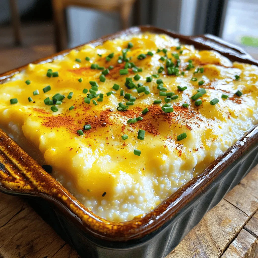 To make Baked Gouda Cheese Grits, you need the following: - 1 cup stone-ground grits - 4 cups chicken or vegetable broth - 1 cup whole milk - 2 cups aged Gouda cheese, shredded - 1/2 cup sharp cheddar cheese, shredded - 3 tablespoons unsalted butter, diced - 2 large eggs, beaten - 1 teaspoon garlic powder - 1 teaspoon onion powder - Salt and black pepper, to taste - 1/4 teaspoon smoked paprika (for garnish) - Fresh chives, finely chopped (for garnish) Using high-quality ingredients makes all the difference. I prefer stone-ground grits over instant ones. They give a better texture and flavor. Aged Gouda cheese is key here. It adds a rich, nutty taste. Choose fresh whole milk for creaminess. Fresh chives add brightness. Always check for fresh herbs at your local market. Season with good salt and freshly cracked black pepper for the best taste. If you can’t find aged Gouda, use Gruyère or fontina cheese. Both melt well and have great flavor. For a lighter version, swap whole milk with low-fat or almond milk. If you want a vegetarian dish, use vegetable broth instead of chicken broth. You can also omit the eggs and add a bit more cheese for creaminess. Start by setting your oven to 350°F (175°C). This preheating step is key for perfect cooking. While the oven warms, gather your ingredients. You will need stone-ground grits, broth, milk, aged Gouda cheese, cheddar cheese, butter, eggs, and spices. Having everything ready makes cooking smooth and fun. In a medium saucepan, pour in the chicken or vegetable broth. Heat it over medium until it boils. Once boiling, slowly whisk in the stone-ground grits. Stir constantly to keep lumps away. Lower the heat and let it simmer for 20-25 minutes. Stir often until the grits are thick and creamy. This is the base for your dish. After cooking, remove the grits from heat. Add whole milk, diced butter, garlic powder, onion powder, salt, and black pepper. Stir well until the butter melts and everything blends together. Now, add the shredded aged Gouda and sharp cheddar cheese. Mix until the cheeses melt and the grits are smooth. In a bowl, beat the eggs lightly. To temper the eggs, add a few spoonfuls of the warm grits into the eggs while whisking. This helps keep the eggs from scrambling. Finally, mix the egg blend back into the grits, combining well. Grease a 2-quart baking dish with butter. Pour in the creamy grits and spread them evenly. Bake in the oven for 25-30 minutes until the top is golden and slightly crispy. After baking, let it cool for a few minutes. This allows it to set nicely. For a tasty finish, sprinkle smoked paprika and fresh chives on top before serving. For the full recipe, check the previous section. To make your grits creamy, use stone-ground grits. They cook slower but become richer in taste. Always stir constantly while cooking to prevent lumps. Use broth instead of water for added flavor. A mix of whole milk and butter boosts creaminess and richness. If you want extra smoothness, blend the grits before adding cheese. For the best texture, preheat your oven to 350°F. Grease your baking dish well to avoid sticking. Bake the grits until they are golden brown on top. This gives a nice contrast to the creamy base. If you want a crispier top, broil for a minute or two at the end. Keep an eye on it to prevent burning. A common mistake is not stirring enough while cooking grits. This can lead to lumps and uneven texture. Another mistake is using cold eggs. Always temper the eggs by mixing them with a bit of warm grits before combining. Lastly, don’t rush the cooking process. Allow the grits to cook fully for the best flavor and texture. For the full recipe of baked Gouda cheese grits, check out the complete list above. {{image_4}} You can make Baked Gouda Cheese Grits vegetarian by using vegetable broth. For a vegan version, swap the cheese for vegan cheese. Use almond or soy milk instead of whole milk. Omit the eggs or replace them with flaxseed meal mixed with water. This keeps the creamy texture while making it plant-based. Spices can change the flavor of your grits. Add a pinch of cayenne for heat or smoked paprika for depth. Fresh herbs like thyme or rosemary add a nice touch. Try a little basil for a fresh twist. Mix these spices into the grits as you cook them for an exciting flavor boost. Gouda gives a rich taste, but you can mix in other cheeses. Try fontina for creaminess or pepper jack for a spicy kick. Blend mozzarella for stretchiness or use feta for a tangy bite. Feel free to combine cheeses for a unique flavor. Each cheese brings its own charm to the dish. For the complete recipe, check the Full Recipe. To keep your baked gouda cheese grits fresh, let them cool first. Once cool, transfer the grits to an airtight container. Make sure to seal it well to prevent moisture. Store them in the fridge for up to three days. For best taste, eat them within this time frame. Reheating baked gouda cheese grits is easy. You can use the oven or the microwave. If using the oven, preheat it to 350°F (175°C). Place the grits in a baking dish and cover it with foil. Heat for about 15-20 minutes, or until warm. If using a microwave, put the grits in a microwave-safe dish. Heat in short bursts, stirring in between, until hot. Adding a splash of milk can help restore creaminess. Freezing baked gouda cheese grits is a great way to save leftovers. First, let the grits cool completely. Then, portion them into freezer-safe bags or containers. Make sure to squeeze out any excess air. Label the bags with the date. You can freeze them for up to three months. To serve, thaw in the fridge overnight and reheat as described above. Gouda cheese grits are a creamy dish made with stone-ground grits and Gouda cheese. They blend the rich taste of Gouda with the comforting texture of grits. I love using aged Gouda for its depth of flavor. The combination of cheese and grits creates a warm, satisfying meal that is perfect for breakfast or dinner. Yes, you can make this recipe ahead of time. Prepare the grits mixture and pour it into your baking dish. Cover it tightly and place it in the fridge for up to two days. When you're ready to bake, remove it from the fridge and let it sit at room temperature for 30 minutes. Then, bake as directed. This makes it easy to serve for gatherings. Serve baked Gouda cheese grits as a side dish with fried chicken or grilled shrimp. They also pair well with sautéed greens for a complete meal. For a fun twist, try topping them with a poached egg or crispy bacon. You can also serve them as a base for a savory breakfast bowl with fresh herbs or hot sauce for added flavor. Enjoy experimenting! In this blog post, we covered everything you need to know about making perfect grits. We discussed key ingredients and why quality matters. You learned how to prepare your oven and ingredients for cooking. The tips on texture and common mistakes help you avoid issues. We explored tasty variations, storage tips, and answered your FAQs. Now you can confidently create creamy, flavorful grits at home. Enjoy experimenting with different flavors and techniques! Grits can be versatile and delicious. Dive in and make it your own!