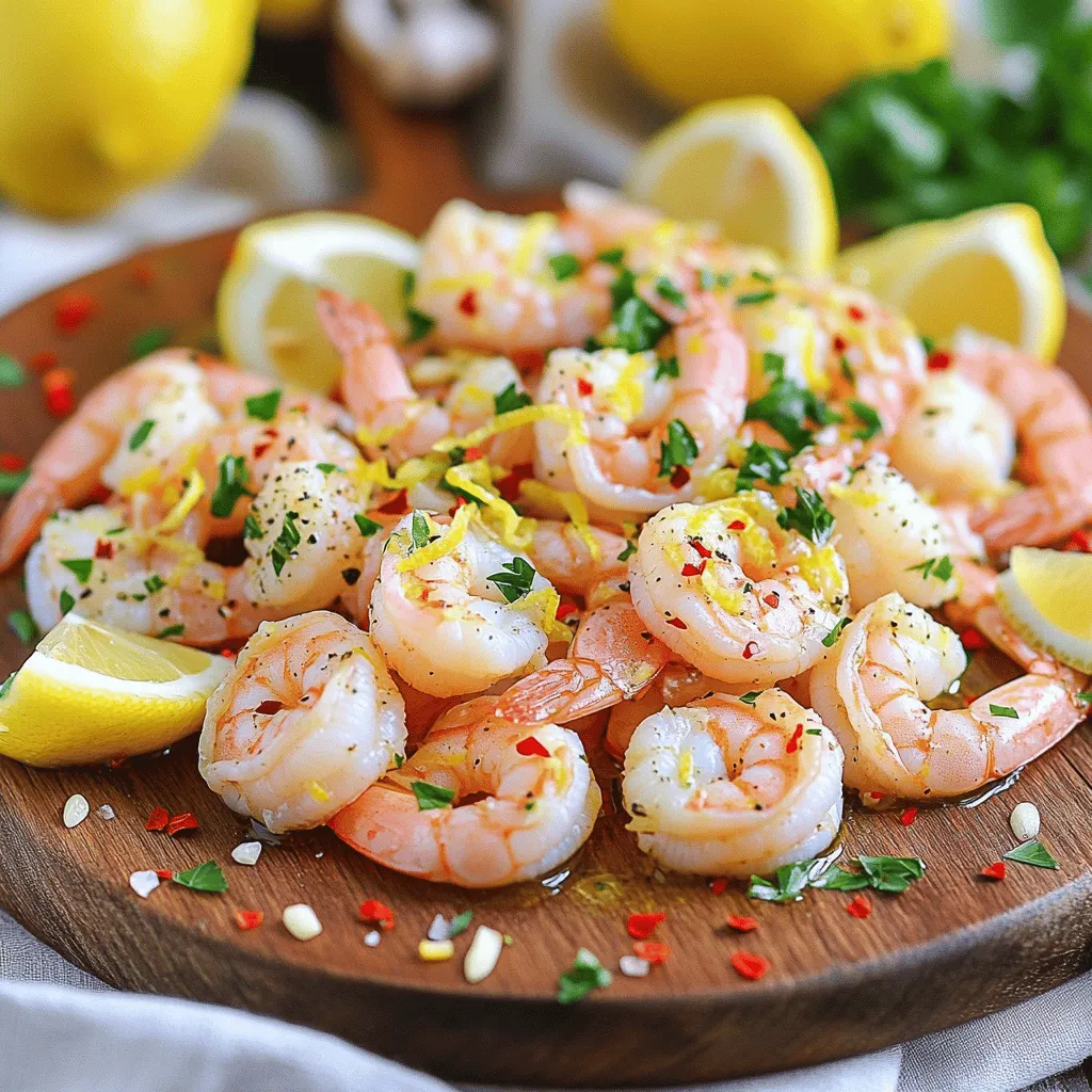 To make Zesty Lemon Garlic Shrimp, you will need the following ingredients: - 1 pound large shrimp, peeled and deveined - 4 cloves garlic, finely minced - 1/4 cup fresh lemon juice (approximately 2 medium lemons) - 1 teaspoon freshly grated lemon zest - 1/4 cup high-quality olive oil - 1 teaspoon red pepper flakes (adjust to your spice preference) - Salt and freshly cracked black pepper to taste - 2 tablespoons fresh parsley, finely chopped - Lemon wedges for serving This dish is perfect for many diets. It is gluten-free and low-carb. You can easily adjust the spice level to suit your taste. For a mild version, use less red pepper flakes. Enjoy this fresh and zesty meal that is both simple and full of flavor. You can find the Full Recipe that guides you through every step of this delicious dish. To start, gather all your ingredients. You need: - 1 pound large shrimp, peeled and deveined - 4 cloves garlic, finely minced - 1/4 cup fresh lemon juice - 1 teaspoon lemon zest - 1/4 cup olive oil - 1 teaspoon red pepper flakes - Salt and black pepper - 2 tablespoons fresh parsley, chopped - Lemon wedges for serving Place the shrimp in a large bowl. Add the garlic, lemon juice, lemon zest, olive oil, red pepper flakes, and a pinch of salt and pepper. Toss well so every shrimp is coated. Marinating is key. Let the shrimp sit for 15-20 minutes. This helps the shrimp soak up those zesty flavors. For a visual tip, use a clear bowl. You can see how the marinade covers the shrimp, making it easier to know when they are ready to cook. Now, let’s cook! Heat a large skillet over medium-high heat. Once hot, add your marinated shrimp and all the marinade. Sauté the shrimp for 2-3 minutes on each side. You want them pink and opaque. Be careful, as overcooking can make shrimp rubbery. Once cooked, remove the skillet from heat. Sprinkle the chopped parsley over the shrimp. Use a spatula to mix gently. Serve the shrimp on a dish with lemon wedges on the side. The lemon adds extra zest and flavor. Enjoy your meal! To make your Zesty Lemon Garlic Shrimp shine, balance the flavors. Use salt to enhance taste and lemon juice for bright acidity. This mix creates a fresh and zesty dish. When choosing shrimp, look for large, firm ones. Fresh shrimp should smell like the ocean and have a clear, shiny shell. Avoid shrimp with black spots or a strong fishy smell. For cooking, a skillet works best. A non-stick skillet helps prevent sticking and makes cleanup easy. A spatula is also useful for flipping the shrimp gently. For garnishing, sprinkle fresh parsley on top. This adds color and a fresh taste. Serve with lemon wedges to let diners add extra zest. Pair your shrimp with simple sides. Rice or quinoa soaks up the sauce well. A light salad with greens and a vinaigrette balances the meal. For a festive touch, arrange shrimp on a vibrant platter. Scatter parsley and lemon wedges around the shrimp. This creates an eye-catching centerpiece for any table. {{image_4}} You can easily swap ingredients to change the flavor. Try using scallops instead of shrimp for a rich taste. If you're vegan, use mushrooms or tofu as a protein. You can also add vegetables for more color and crunch. Asparagus, bell peppers, or zucchini work great in this dish. For a spicy kick, consider adding diced jalapeños or fresh cilantro. You can also mix in different herbs, like oregano or basil, to create your own twist. There are many ways to cook Zesty Lemon Garlic Shrimp. You can grill it for a smoky flavor. Just preheat your grill and cook the shrimp on skewers. Pan-searing works well, too. Heat a skillet and add the shrimp, cooking until pink. If you prefer a different method, try baking the shrimp in the oven. Spread them on a baking sheet and bake until they turn opaque. You can also use a wok for a quick stir-fry. This gives the shrimp a fast cook while keeping them juicy. For the full recipe, check out the full recipe. To keep leftover shrimp fresh, place them in an airtight container. Use a container that seals tightly to prevent air from getting in. Store the shrimp in the fridge right after your meal. Cooked shrimp can last for up to three days in the fridge. If you want to save them for longer, freezing is a great option. Wrap the shrimp in plastic wrap and place them in a freezer-safe bag. They can last up to three months in the freezer. To reheat shrimp, use a skillet over low heat. This method warms the shrimp without making them tough. Stir gently for about two minutes until they are hot. You can also use a microwave, but be careful. Heat them in short bursts, about 30 seconds at a time. If you want to refresh the flavors, add a splash of lemon juice or a drizzle of olive oil before serving. This will make the shrimp taste fresh and zesty again. For the full recipe, check out the detailed instructions. What type of shrimp is best for this recipe? I recommend using large shrimp, preferably wild-caught. They are meatier and have better flavor. You can find sizes like 16/20 or 21/25. These numbers tell you how many shrimp fit in a pound. Can I make Zesty Lemon Garlic Shrimp ahead of time? Yes, you can! Marinate the shrimp up to 30 minutes before cooking. If you marinate longer, the shrimp can become too salty. Just cook it fresh for a better taste. How can I adjust the spice level to my preference? You can change the heat by adding more or less red pepper flakes. If you want it milder, use just a pinch. For extra heat, double the flakes. How do I know when shrimp are fully cooked? Shrimp turn pink and opaque when cooked. They curl into a C shape. If they curl into an O, they are overcooked. Can I use bottled lemon juice instead of fresh? While you can use bottled lemon juice, fresh is better. It has bright flavor and aroma. Fresh juice makes a big difference in taste. What are some other ways to use leftover shrimp? Leftover shrimp is great in salads, pasta, or tacos. You can also add it to fried rice for extra protein. Nutritional information per serving for health-conscious readers Each serving has about 250 calories, 20g protein, and 15g fat. It is low in carbs, making it perfect for many diets. Suggested wine or beverage pairings for the dish A crisp white wine like Sauvignon Blanc pairs well. For a non-alcoholic drink, try sparkling water with lemon. It complements the zesty flavors nicely. Zesty Lemon Garlic Shrimp is a simple dish you can make at home. We covered the ingredients, how to prepare and cook the shrimp, and tips to make it perfect. You also learned ways to change the dish to suit your needs. Storing and reheating leftovers helps to reduce waste. Whether it’s a quick dinner or a party dish, this recipe shines. Give it a try and enjoy the fresh flavors! Remember, cooking can be fun and easy!