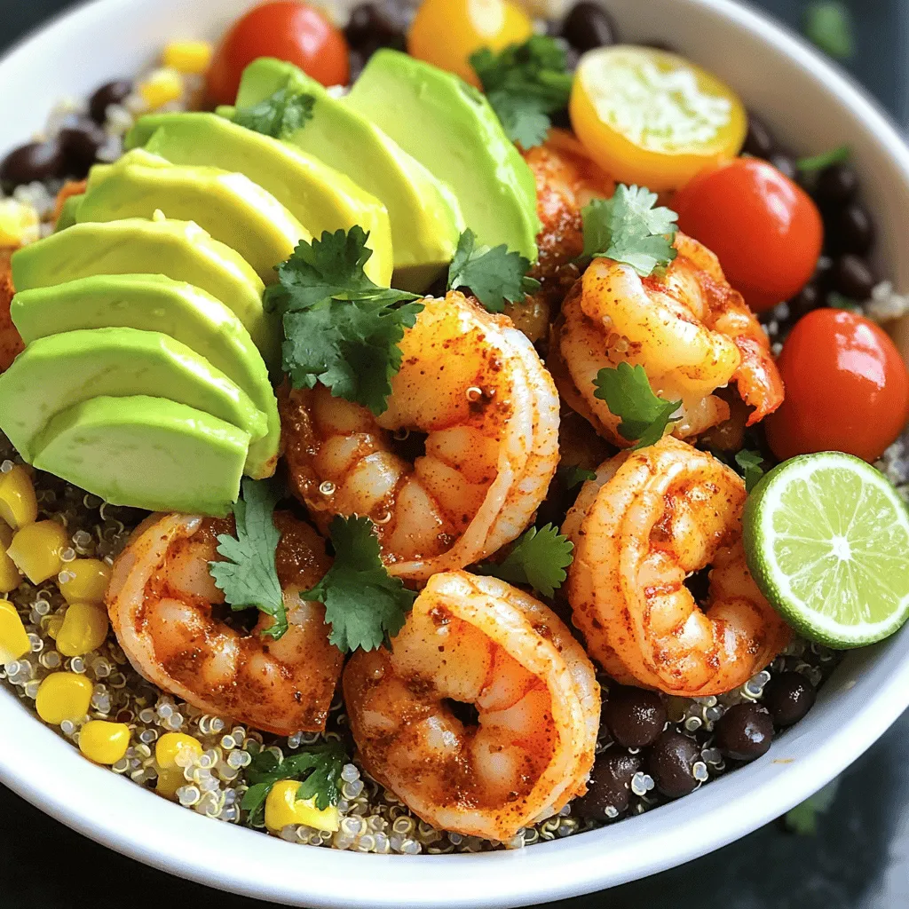 To make a tasty Chipotle Lime Shrimp Bowl, you need some key ingredients. Here’s what you need: - 1 lb large shrimp, peeled and deveined - 2 tablespoons extra virgin olive oil - 1 tablespoon chipotle chili powder - 1 teaspoon smoked paprika - Zest and juice of 1 lime - 1 teaspoon garlic powder - 1 teaspoon sea salt - 1 cup cooked quinoa (tri-color looks great) - 1 cup black beans, drained and rinsed - 1 cup corn (use frozen or fresh) - 1 ripe avocado, sliced - ½ cup cherry tomatoes, halved - Handful of fresh cilantro, chopped (for garnish) - Lime wedges (for serving) These ingredients bring together bright flavors and great textures. The shrimp gives protein, while quinoa adds healthy carbs. The spices give your bowl a kick, and the lime brightens every bite. You can add some extra touches to make your bowl even better. Here are some optional garnishes: - Sliced jalapeños for heat - Feta cheese for creaminess - Sour cream for richness - Extra lime wedges for more zing These garnishes let you customize your bowl. Feel free to get creative and use what you love! This dish not only tastes good, but it’s also good for you. Each serving has: - Calories: 450 - Protein: 30g - Carbohydrates: 50g - Fat: 15g This balance of nutrients makes the Chipotle Lime Shrimp Bowl a great meal option. You get healthy fats from the avocado and protein from the shrimp. It’s filling and satisfying. For the full recipe, check out the section above. Start by making the marinade. In a medium bowl, mix the olive oil, chipotle chili powder, smoked paprika, lime juice, lime zest, garlic powder, and sea salt. Whisk these ingredients until they blend well. This marinade is key to giving your shrimp that delicious flavor. Now it's time to cook the shrimp. Add the peeled and deveined shrimp to the marinade. Toss gently so each shrimp gets coated. Cover the bowl and let it sit for at least 15 minutes. This lets the shrimp soak up all the tasty flavors. Next, heat a large skillet over medium-high heat. Add the marinated shrimp in a single layer. Cook them for 2-3 minutes on each side until they turn pink. When done, remove them from heat. To build your shrimp bowl, start with a layer of cooked quinoa. This will be your base. Then add black beans and corn evenly on top. Next, place the cooked shrimp generously over the grains. For a colorful touch, arrange sliced avocado and halved cherry tomatoes on top. Finally, sprinkle fresh cilantro for a burst of flavor. Serve with lime wedges for extra zest. Enjoy your Chipotle Lime Shrimp Bowl! For the full recipe, check out the earlier section. Marination is key for flavor. I suggest marinating the shrimp for at least 15 minutes. This lets the shrimp soak up all the spices. If you have more time, you can marinate for up to 30 minutes. This will deepen the taste. Use a bowl that is big enough for the shrimp to move freely. This helps coat each piece evenly. To cook the shrimp, heat your skillet over medium-high heat. This ensures a good sear. When you add the shrimp, make sure they are in a single layer. This helps them cook evenly. Cook them for about 2-3 minutes on each side. You want them pink and opaque. Don’t crowd the pan; work in batches if needed. This way, every shrimp gets that nice char. A beautiful bowl makes the meal more appealing. Start with a layer of quinoa at the bottom. Then, add black beans and corn for color and texture. Place the shrimp on top, then add avocado slices and cherry tomatoes. Arrange these items in sections for a great look. Finally, sprinkle fresh cilantro on top. This adds a bright touch. Serve with lime wedges for a burst of flavor. For more ideas, check out the full recipe! {{image_4}} For a vegetarian or vegan Chipotle Lime Bowl, swap shrimp for tofu or tempeh. Both options soak up flavor well. Cut them into cubes and marinate as you do with shrimp. Cook them until golden brown for a nice texture. You can also add more veggies, like bell peppers or zucchini, for added crunch and nutrition. If you want to try different proteins, chicken or fish works great. For chicken, use boneless thighs or breasts cut into pieces. Marinate and cook them just like the shrimp. For fish, I recommend using firm fish like salmon or tilapia. Cook them until flaky. You can even use beans like chickpeas if you want a plant-based protein. To boost flavors, think about adding spices or fresh herbs. A sprinkle of cumin or cayenne can heat things up. Fresh herbs like basil or mint can add a unique twist. Don't forget about toppings! A dollop of Greek yogurt or a drizzle of tahini can enrich the bowl. For a crunch, add tortilla strips or crushed nuts. For the complete experience, check the Full Recipe for detailed steps and ideas! After you enjoy your Chipotle Lime Shrimp Bowl, store any leftovers in an airtight container. This keeps your shrimp fresh for up to three days in the fridge. If you want to keep it longer, consider freezing. To reheat the shrimp, use a skillet on low heat. Add a splash of water or oil to keep it moist. Heat until warmed through, which should take about 5 minutes. If you use a microwave, heat for 1-2 minutes, stirring halfway. For longer storage, freeze the shrimp and other components separately. Place them in freezer-safe bags. They can last up to three months. When you are ready to eat, thaw in the fridge overnight before reheating. Enjoy your fresh meal anytime! If you want to swap out the shrimp, there are great options. Chicken breast works well. You can also use firm tofu for a plant-based choice. Both will soak up the marinade flavors nicely. Cook the chicken or tofu until fully done. This gives you a tasty meal, just like the shrimp bowl. To add heat, use more chipotle chili powder in the marinade. You can also add fresh jalapeños to the bowl. If you like it extra hot, try a dash of hot sauce on top. Remember, spice levels depend on your taste. Adjust the heat to what you enjoy most. Yes, you can prep the ingredients ahead. Marinate the shrimp up to 24 hours in advance. Keep it in the fridge to stay fresh. You can also cook the quinoa and store it in an airtight container. This saves time when you want to enjoy your Chipotle Lime Shrimp Bowl. Just assemble when ready to eat. For the full recipe, check out the details above. In this blog post, we explored making a tasty Chipotle Lime Shrimp Bowl. We covered key ingredients and optional garnishes, giving you ideas for a colorful plate. You learned easy steps for marinating, cooking, and assembling your bowl. Plus, we shared tips for perfect cooking, dish presentation, and tasty variations. Lastly, we discussed storing leftovers and answered common questions. This dish is not just simple; it’s versatile and delicious. Enjoy making it for your friends or family!