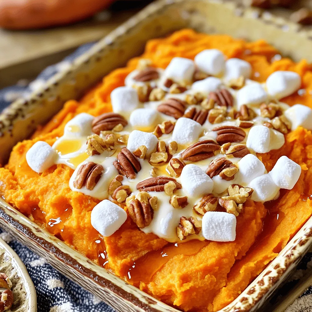 - 4 large sweet potatoes, peeled and cut into 1-inch cubes - 1/3 cup pure maple syrup - 1/4 cup unsalted butter, melted - 2 teaspoons pure vanilla extract - 1/2 teaspoon ground cinnamon - 1/4 teaspoon ground nutmeg - Salt to taste - 1 cup pecans, roughly chopped - 1/2 cup mini marshmallows (optional) - Alternatives for maple syrup: You can use honey or agave syrup. They add sweetness but change the flavor slightly. - Butter vs. vegan options: For a vegan version, use coconut oil or a vegan butter substitute. Both work well and keep your dish rich. - Nut alternatives for pecans: If you cannot find pecans, walnuts or almonds serve as great substitutes. They add different flavors but still give nice crunch. Using the right ingredients makes all the difference in your Maple Pecan Sweet Potato Casserole. Each component adds its unique note, creating a delightful blend that everyone will enjoy. You can adjust as needed to fit your taste or dietary needs! First, you need to boil the sweet potatoes. Start by filling a large pot with water and add a pinch of salt. Bring the water to a boil. Then, add your sweet potato cubes. Cook them for about 15 to 20 minutes. They should be fork-tender when done. Once cooked, drain the sweet potatoes and let them cool for a moment. After they cool, transfer the sweet potatoes to a big mixing bowl. Use a potato masher or fork to mash them until smooth. Aim for a creamy texture. This step is key to getting the right feel for your casserole. Now it’s time to mix in the other ingredients. Pour in the maple syrup, melted butter, vanilla extract, ground cinnamon, ground nutmeg, and a pinch of salt. Use a spatula or wooden spoon to mix everything well. Make sure all the flavors blend together nicely. Taste the mixture and adjust the seasoning if needed. Preheat your oven to 375°F (190°C). While it heats, grease a 9x13-inch casserole dish. Spread the sweet potato mixture evenly in the dish. Smooth the top with a spatula. In a small bowl, combine the chopped pecans with 2 tablespoons of maple syrup. Stir until the pecans are coated. Sprinkle this mixture over the sweet potatoes. If you want, you can add mini marshmallows on top for extra sweetness. Bake the casserole for 25 to 30 minutes. Keep an eye on it. The marshmallows should turn golden brown. When done, remove the casserole from the oven. Let it cool for about 5 minutes before serving. Enjoy your Maple Pecan Sweet Potato Casserole! For the complete recipe, check [Full Recipe]. To get the best texture, mash the sweet potatoes well. Use a potato masher or fork. Make sure there are no lumps for a creamy feel. Cook the sweet potatoes until they are fork-tender. Boil them for 15-20 minutes in salted water. This step helps them cook evenly and become soft. You can add more spices for deeper flavor. Consider a pinch of allspice or ginger. These spices will give a warm taste. If you want a twist on sweetness, try using brown sugar or honey. Both options pair well with maple syrup. Serve this casserole warm right from the dish. It looks best when warm and inviting. For a beautiful display, sprinkle extra pecans on top. A light drizzle of maple syrup adds shine and sweetness. These small touches make a big difference in how the dish is seen. {{image_4}} You can make this dish a bit lighter. Try using less sugar or natural sweeteners. Maple syrup is sweet, but you can reduce it by a few tablespoons. You can also use honey or agave syrup for a change. Adding more vegetables is another great idea. Carrots or butternut squash work well with sweet potatoes. They add nutrition and color. To switch up the taste, add different nuts or fruits. Walnuts or almonds can add a nice crunch. You might also try diced apples or dried cranberries for sweetness. For a savory twist, think about using fresh herbs. Rosemary or thyme can give your casserole a unique flavor. A hint of garlic can also bring depth to the dish. If you need gluten-free options, this recipe is already a great choice. Just ensure all your ingredients are gluten-free. You can easily make this dish vegan. Replace the butter with coconut oil or a plant-based butter. Use a vegan version of marshmallows if you want that sweet topping. Each of these changes keeps the spirit of the dish while meeting different dietary needs. For the full recipe, check out the Maple Pecan Sweet Potato Casserole details. To keep your Maple Pecan Sweet Potato Casserole fresh, store it in the fridge. Use an airtight container to prevent moisture loss. Leftovers can stay good for about three to five days. If you want to enjoy it longer, consider freezing. When you reheat the casserole, you want it warm but not dry. The best method is to use the oven. Preheat it to 350°F (175°C) and warm it for 15-20 minutes. Cover with foil to keep the moisture in. If you prefer the microwave, use a low setting and heat in short bursts. For freezing, let the casserole cool completely first. Then, wrap it tightly in plastic wrap and aluminum foil. This helps prevent freezer burn. When you're ready to enjoy it, thaw it in the fridge overnight. Reheat it in the oven as mentioned above for the best texture. For more details, check the Full Recipe. You should cook sweet potatoes for about 15 to 20 minutes. Start boiling salted water in a pot. Once boiling, add the sweet potato cubes. They are done when they are fork-tender. This means a fork should easily go through them. Yes, you can prepare the casserole in advance. Cook and mash the sweet potatoes. Mix in all the other ingredients as stated in the Full Recipe. Then, cover the dish and store it in the fridge for up to a day. When ready to bake, just remove it from the fridge and bake it as directed. This casserole pairs well with many dishes. Consider serving it alongside roasted turkey or glazed ham. It also complements a simple green salad. For a touch of fun, add some cornbread or stuffing. This blog post covered everything you need for a tasty Maple Pecan Sweet Potato Casserole. We started with a detailed ingredient list and smart substitution ideas. Then, I walked you through step-by-step cooking instructions. You learned tips for great texture and flavor, plus presentation ideas. I also shared fun variations to fit your diet and storage info for leftovers. Now, you can enjoy a delicious dish that pleases everyone. Happy cooking!
