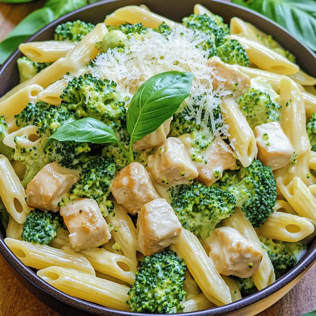 - 8 oz penne pasta - 2 cups broccoli florets - 1 pound boneless, skinless chicken breasts, cubed - 1 tablespoon olive oil - 3 cloves garlic, minced - 1 cup heavy cream - 1 cup grated Parmesan cheese - 1 teaspoon Italian seasoning - Salt and pepper to taste - Fresh basil leaves, for garnish To make Creamy Broccoli Chicken Penne, gather these fresh ingredients. The penne pasta forms the base, while broccoli adds color and nutrients. The chicken provides protein, making this dish filling. Garlic and olive oil enhance flavors, while heavy cream and Parmesan create a rich sauce. - Prep Time: 20 minutes - Cook Time: 30 minutes - Servings: 4 This recipe is quick. In less than an hour, you can have a tasty meal for four. The prep time is just 20 minutes, and the cooking takes about 30 minutes. Perfect for busy weeknights! For the full recipe, check out the complete guide above. Start by boiling a large pot of salted water. Once the water bubbles, add the penne pasta. Cook it according to the package instructions until it is al dente. In the last 2 minutes of cooking, add the broccoli florets directly to the pot. This keeps the broccoli bright and crisp. After cooking, drain the pasta and broccoli. Set them aside in a large bowl. Next, heat a tablespoon of olive oil in a big skillet over medium heat. When the oil shimmers, add the cubed chicken. Season the chicken with salt, pepper, and Italian seasoning. Cook for about 5 to 7 minutes. Stir occasionally until the chicken is brown and fully cooked. Now, add the minced garlic to the skillet with the chicken. Stir it well and cook for one more minute. This lets the garlic release its flavor. Then, pour in one cup of heavy cream and stir to combine. Let the mixture simmer gently. Add the grated Parmesan cheese and keep stirring until the cheese melts into a smooth sauce. Carefully add the drained penne and broccoli to the skillet. Toss the pasta and broccoli gently. Make sure everything is well coated in the creamy sauce. The colors should look vibrant and inviting. Taste the dish and adjust the seasoning. You can add more salt and pepper if you want. Serve the creamy chicken penne hot. Top it with fresh basil leaves for a lovely finish. Enjoy your meal! You can find the Full Recipe in the previous section. To avoid overcooking the broccoli, add it to the boiling pasta water in the last two minutes. This method keeps it bright green and crisp. Check for doneness by tasting a floret. It should be tender but still have a bite. For perfectly cooked chicken, cut it into even cubes. This ensures even cooking. Sear the chicken in a hot skillet with olive oil. Cook it for about 5 to 7 minutes, stirring often. It should be golden brown and cooked through. Use a meat thermometer to check for 165°F for safety. To elevate the taste, consider adding spices like red pepper flakes for heat or smoked paprika for depth. Fresh herbs like thyme or oregano can also brighten the dish. Quality ingredients matter, especially cheese and cream. Choose a good Parmesan and fresh cream for a rich flavor. For an appealing dish, serve your creamy broccoli chicken penne in shallow bowls. This allows the colors to shine. Sprinkle extra grated Parmesan on top for a cheesy finish. Fresh basil leaves add a pop of green and aroma. For added richness, drizzle a bit of extra virgin olive oil just before serving. This makes your dish look and taste gourmet! {{image_4}} You can switch the chicken for shrimp or tofu. Both options add unique flavors. Shrimp cooks fast and gives a nice seafood taste. Just sauté it until it turns pink. For tofu, use firm tofu and cube it. Sauté until golden brown for a great texture and taste. To make a vegetarian version, skip the chicken and use extra veggies. You can add mushrooms, bell peppers, or spinach. For the creamy base, swap heavy cream with non-dairy alternatives like almond or coconut milk. These options keep the dish rich while being plant-based. Adding more vegetables makes the dish even better. You can include carrots, peas, or zucchini. These veggies not only add flavor but also color. Try to use seasonal vegetables for the best taste. Fresh produce can make your Creamy Broccoli Chicken Penne even more delightful. For the full recipe, check the earlier section! To keep your Creamy Broccoli Chicken Penne fresh, cool it quickly. Place leftovers in a shallow dish. This helps the heat escape faster. Cover the dish with a lid or plastic wrap. Store it in the fridge. You can keep it there for up to three days. After that, the taste and texture may change. When you’re ready to eat, reheat the pasta carefully. Use a skillet over low heat to warm it. Stir often to avoid hot spots. You can add a splash of cream or water if it seems dry. This helps keep the creamy texture. If you use the microwave, heat in short bursts. Stir after each burst to ensure even heating. Enjoy your delightful meal! To make this dish healthier, consider these tips: - Use whole grain penne for added fiber. - Swap heavy cream for low-fat milk or a plant-based alternative. - Reduce the amount of cheese or use a low-fat version. - Add more vegetables like spinach, carrots, or bell peppers. - Use grilled chicken instead of pan-fried for less fat. Yes, you can freeze this dish. Here’s how: - Cool the pasta completely before freezing. - Store in an airtight container or freezer bag. - It lasts up to three months in the freezer. - To thaw, move it to the fridge overnight. - Reheat on the stove or microwave, adding a splash of water or milk. This dish pairs well with: - A simple side salad with a light vinaigrette. - Garlic bread for a comforting touch. - Steamed vegetables for extra nutrition. - A light soup like minestrone for a complete meal. If your sauce is too thin, try these tips: - Add more grated Parmesan cheese for extra thickness. - Stir in a cornstarch slurry (1 tablespoon cornstarch mixed with 2 tablespoons water). - Simmer the sauce longer to reduce it. - Blend in a small amount of cream cheese for added creaminess. You can prep this dish ahead. Here’s how: - Cook the pasta and broccoli, then store them in the fridge. - Cook the chicken and sauce separately to keep flavors fresh. - Combine all ingredients just before serving. - Reheat gently on the stove to avoid overcooking. For the Full Recipe, refer back to the earlier section. In this article, I shared a simple recipe for Creamy Broccoli Chicken Penne. You learned about the key ingredients, prep and cook times, and step-by-step cooking instructions. I also provided tips to enhance flavor and presentation, as well as variations for different diets. This dish is easy to customize and perfect for any meal. With these guidelines, you can make a delicious dish that impresses. Enjoy your cooking and make it your own!