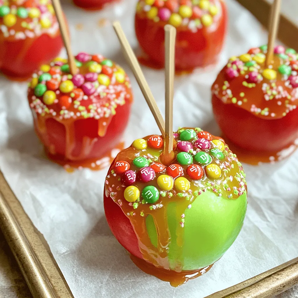 - 4 medium-sized apples (choose between tart Granny Smith or sweet Red Delicious) - 2 cups granulated sugar - 1/2 cup light corn syrup - 1/2 cup water - 1 cup assorted Jolly Rancher candies, unwrapped - 1 teaspoon vanilla extract - Wooden sticks (for skewering) - Optional: Food coloring to match the vibrant colors of the Jolly Ranchers Choosing the right apple is key. I love using Granny Smith for a tart kick. Their crispness pairs well with the sweet candy. Red Delicious apples offer a sweeter taste. They are softer, so be gentle when dipping them in hot candy. You can also try other apples. Fuji or Honeycrisp can add their unique flavor. Just remember, firmer apples hold up best against the candy coating. You will need a few simple tools to make these candy apples. Here’s what I recommend: - Medium-sized saucepan for cooking the candy mixture - Candy thermometer to check the temperature - Parchment paper to line the baking sheet - Ziplock bag for crushing the Jolly Ranchers - Rolling pin or meat mallet for crushing the candies - Clean towel for drying the apples Having these tools ready makes the process smooth and fun. Each step is easier when your kitchen is organized! Start by washing the apples under cold water. This step removes any wax or dirt. Use a clean towel to dry them completely. A dry surface helps the candy stick better. Next, take a wooden stick and push it into the top of each apple. Push it about two-thirds in for a strong grip. Place the apples on a baking sheet lined with parchment paper. Leave some space between them to avoid sticking. In a medium saucepan, combine the granulated sugar, corn syrup, and water. Set the heat to medium and stir gently. You want to dissolve the sugar completely. Once clear, turn the heat to medium-high. Let the mixture boil without stirring. Use a candy thermometer to check the temperature. You need it to reach 300°F (150°C). This takes about 10-15 minutes. While you wait, prepare your Jolly Rancher candies. Put the unwrapped candies in a ziplock bag. Crush them into smaller bits using a rolling pin or meat mallet. This helps them stick to the apples better. After the sugar mixture reaches the right temperature, take it off the heat. Stir in the vanilla extract for flavor. If you want, add a few drops of food coloring for fun. Now comes the fun part! Carefully dip each apple into the hot candy mixture. Make sure the apple is coated evenly. Be careful; the candy is very hot! After dipping, sprinkle the crushed Jolly Ranchers on top of the warm candy coating. Turn the apple to cover it well. Let any extra candy drip off. Place the decorated apples back on the baking sheet. Allow them to cool for about 10-15 minutes. This lets the candy harden. Once set, your colorful Jolly Rancher Candy Apples are ready to enjoy! For complete details, check out the full recipe. To get the best candy coating, keep these tips in mind: - Use fresh apples for a crisp bite. - Make sure apples are completely dry before dipping. - Heat the candy mixture to 300°F for a firm shell. - Dip apples quickly to avoid cooling the mixture. - Rotate the apple while dipping for an even coat. Hot candy can burn, so be careful. - Always use a heavy pot to prevent hot spots. - Wear oven mitts when handling the pot. - Keep kids away from the hot mixture. - Use a candy thermometer for accurate readings. - If you spill, let it cool before cleaning. You can make your candy apples unique and fun! - Try different flavors of Jolly Ranchers for variety. - Add food coloring to the candy for a vibrant look. - Use toppings like crushed nuts or sprinkles. - Drizzle melted chocolate over the finished apples. - Create themed apples for holidays or parties. For the full recipe, check the earlier sections of this article. Enjoy making your Jolly Rancher Candy Apples! {{image_4}} You can mix and match Jolly Ranchers for fun flavors. Try using blue raspberry and watermelon together. This combo creates a sweet and tangy treat. For a fruity twist, use cherry and green apple. The colors will pop and taste great! Add crunch to your candy apples with toppings. Chopped nuts like peanuts or almonds work well. You can also sprinkle colorful candy sprinkles on top. This adds both texture and fun colors to your apples. Get creative and use crushed cookies too! Make your candy apples festive for the season. For Halloween, use orange and black sprinkles. In winter, add white chocolate drizzles and festive sprinkles. For birthdays, you can use multi-colored sprinkles or edible glitter. These small details make your treats even more special. You can find the full recipe to get started on these fun variations. Enjoy making your Jolly Rancher Candy Apples! After making Jolly Rancher Candy Apples, let them cool completely. Place each apple in a single layer in a container. Use parchment paper or wax paper to separate layers if needed. This keeps the candy from sticking. To keep your candy apples fresh, store them in a cool, dry place. Avoid direct sunlight or heat. The candy coating can melt or become sticky. If you live in a warm area, consider using the fridge. Just remember, the candy may lose some crunch. Jolly Rancher Candy Apples can last for about 3-5 days if stored well. They taste best when fresh. Serve them at room temperature for the best flavor and texture. For parties, display them on a platter. They are sure to catch everyone's eye! Enjoy your sweet and colorful treat! I recommend using tart Granny Smith or sweet Red Delicious apples. Granny Smith apples add a nice tartness that balances the sweet candy. On the other hand, Red Delicious apples offer a mild sweetness. Both types hold up well and create a nice crunch. Yes, you can use other candies! Try using Skittles or even gummy candies. They can add different flavors and textures. Just remember to crush them up like the Jolly Ranchers for good sticking. Each candy brings its own fun twist to the apples. If the candy coating doesn't stick, it may be due to wax on the apples. First, rinse the apples well in warm water. This helps remove any wax. Pat them dry completely before dipping. Another tip is to dip the apples while the candy coating is hot. This ensures a better cling. If needed, you can reheat the candy mixture to help it stick too. In this blog, we covered how to make Jolly Rancher candy apples. We started with the best apple types and the tools you'll need. Then, we went through the steps to prep, cook, and dip the apples. I shared tips for a perfect coating and how to customize your treats. We also explored fun flavor combos and seasonal ideas. Lastly, I explained how to store your candy apples to keep them fresh. Enjoy making these sweet treats, and have fun experimenting with your favorite flavors!