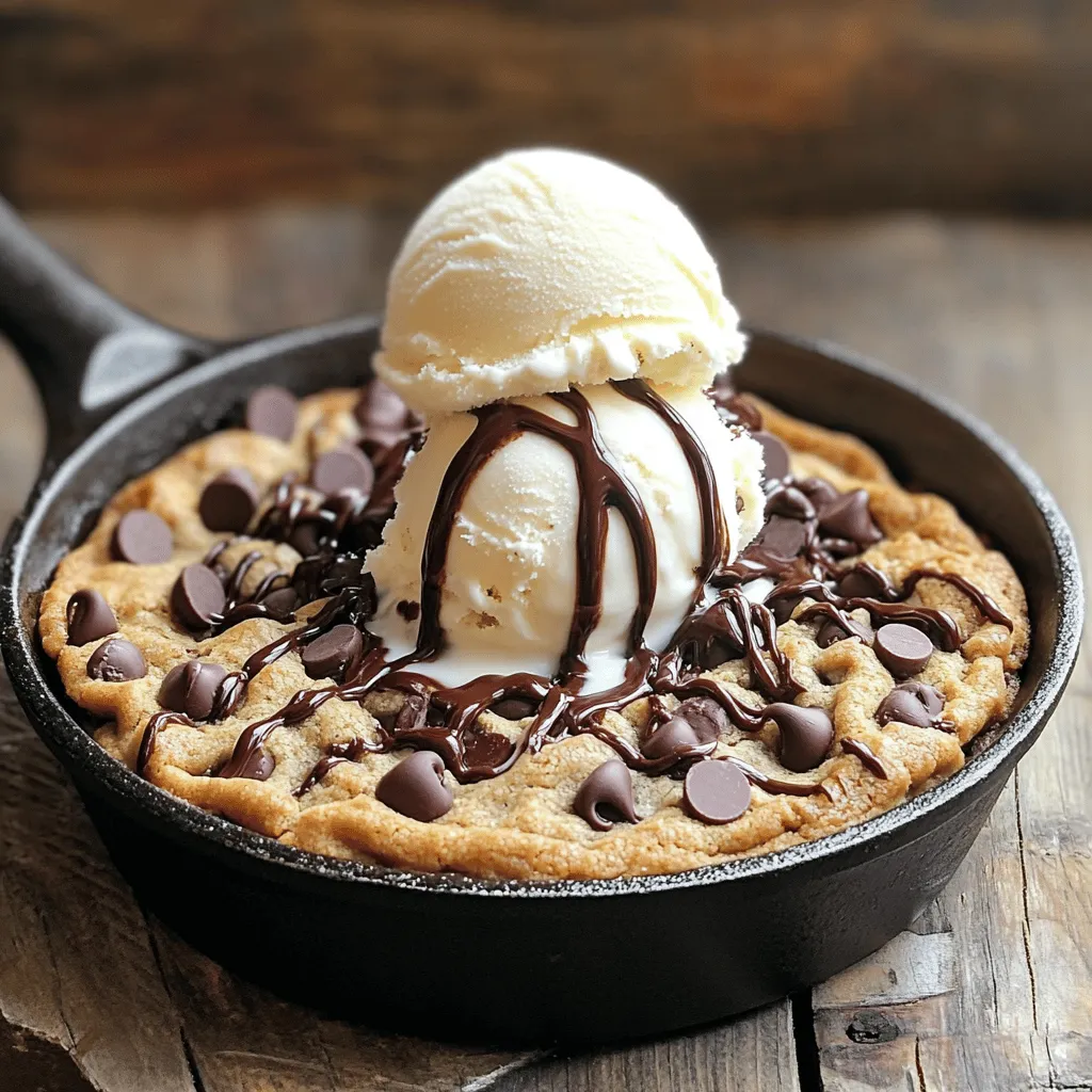 To make the Chocolate Chip Cookie Skillet, gather these items: - 1 cup unsalted butter, softened - 1 cup packed light brown sugar - 1/2 cup granulated sugar - 1 teaspoon pure vanilla extract - 2 large eggs, at room temperature - 2 1/4 cups all-purpose flour - 1 teaspoon baking soda - 1/2 teaspoon fine salt - 1 1/2 cups semi-sweet chocolate chips You can add some fun twists to your skillet cookie with these options: - 1/2 cup chopped walnuts or pecans - 1/2 cup shredded coconut - 1/2 cup dried cranberries or cherries - A sprinkle of sea salt on top To make this treat, you will need: - A 10-inch cast iron skillet or any oven-safe skillet - Mixing bowls - An electric mixer or whisk - Measuring cups and spoons - A spatula for mixing - An oven mitt for safety These ingredients and tools will help you create a warm and gooey treat. For the complete process, check the Full Recipe. First, preheat your oven to 350°F (175°C). This step is key for even baking. Grab a 10-inch cast iron skillet. Grease it well with butter or use non-stick spray. This helps the cookie come out easily later. In a large bowl, add 1 cup of softened butter, 1 cup of brown sugar, and 1/2 cup of granulated sugar. Use an electric mixer to cream them together for about 2-3 minutes. The mix should become light and fluffy. Next, add 1 teaspoon of pure vanilla extract and 2 large eggs. Beat this mixture well until it is smooth. In another bowl, whisk together 2 1/4 cups of all-purpose flour, 1 teaspoon of baking soda, and 1/2 teaspoon of fine salt. Gradually add this dry mix into the wet ingredients. Gently mix until just combined. Be careful not to overmix! Now, fold in 1 1/2 cups of semi-sweet chocolate chips. If you like, add 1/2 cup of chopped walnuts or pecans for extra crunch. Spoon the cookie dough into your greased skillet. Smooth it out so it covers the bottom evenly. Place the skillet in the oven and bake for 25-30 minutes. The edges should turn golden brown, and the center should be set but soft. A toothpick inserted in the middle should come out with some moist crumbs. Once done, take the skillet out of the oven. Let it cool for 5-10 minutes before slicing. This cooling time helps the flavors mix and makes it easier to cut. For a special touch, serve it warm with a scoop of vanilla ice cream and a drizzle of chocolate sauce. Enjoy your Chocolate Chip Cookie Skillet Delight! For the complete recipe details, check the [Full Recipe]. To get the best texture for your cookie skillet, follow these steps: - Use softened butter. This helps mix in the sugar well. - Don’t overmix the dough. Stir until just combined. This keeps it soft. - Bake it till golden brown. The edges should be set but the center soft. Here are some common mistakes to steer clear of: - Forgetting to preheat the oven. This can change the baking time. - Using cold eggs or butter. Room temperature ingredients mix better. - Overbaking. Check your skillet a few minutes early to avoid dryness. Serving your cookie skillet can be fun and tasty. Here are some ideas: - Serve warm with vanilla ice cream on top. - Drizzle with chocolate sauce for extra sweetness. - Sprinkle sea salt for a sweet and salty mix. - Pair with a cup of coffee or milk for a classic touch. For the full recipe, check out the detailed instructions above. Enjoy your delicious cookie skillet! {{image_4}} You can change the chocolate chips to fit your taste. Try milk chocolate or dark chocolate for a richer flavor. White chocolate adds a sweet twist. You can even mix different types of chocolate for a fun surprise in each bite. If you love mint, use mint chocolate chips for a fresh burst. If you need a nut-free dessert, you can skip the nuts entirely. The cookie will still taste great without them. You can add seeds, like sunflower or pumpkin seeds, for a nice crunch. These seeds also add healthy nutrients to your treat. Adding spices can make your skillet cookie even better. A pinch of cinnamon or nutmeg brings warmth to the flavors. You can also add a splash of almond or coconut extract for a unique twist. For a fun touch, mix in a little sea salt to balance the sweetness. These small changes can create a new favorite recipe from the full recipe. To store leftover chocolate chip cookie skillet, let it cool first. Place any leftovers in an airtight container. This keeps it fresh for up to three days. You can also wrap the skillet in plastic wrap if you prefer. Just make sure it is not too hot to avoid melting the wrap. Freezing is a great option for this cookie skillet. Slice the leftover cookie into pieces. Wrap each slice in plastic wrap tightly. Then, place the slices in a freezer-safe bag. You can freeze them for up to three months. When you want to enjoy them, just take out a slice. To reheat, place a slice in the microwave for about 15-20 seconds. This will warm it up nicely. If you prefer the oven, set it to 350°F (175°C). Bake the slice for about 5-10 minutes until it is warm. Enjoy it straight from the oven for the best taste! For full details, check out the Full Recipe. Yes, you can use other skillets. A regular oven-safe skillet works well. Just make sure it can handle heat. Cast iron skillets give a nice crust. If you use a non-stick skillet, it helps with easy serving. Avoid using skillets with plastic handles. They can melt in the oven. If you need an egg substitute, use unsweetened applesauce. A quarter cup of applesauce works well for one egg. You can also use mashed bananas or yogurt. Each option will keep the cookie moist and help it rise. Experiment to see what you like best. The cookie skillet stays fresh for about three days. Store it in an airtight container. You can also cover it with plastic wrap. If you want to keep it longer, refrigerate it. It may dry out slightly, but it will still taste good. Some bakeries and cafes sell pre-made cookie skillets. You can also find them in some grocery stores. Look in the frozen dessert section. If you want a quick fix, check delivery apps for local options. Serve the cookie skillet warm from the oven. Top each slice with ice cream and chocolate sauce. A sprinkle of sea salt adds a nice touch. You can share it straight from the skillet. It makes for a fun and tasty dessert. For the full recipe, check back to the recipe section! In this blog post, we explored how to make a delicious cookie skillet. We covered the key ingredients, easy steps, and helpful tips for success. Remember to choose the right tools for mixing and baking. We also discussed tasty variations and how to store your leftovers. Cooking should be fun and rewarding. With this knowledge, you can impress friends and family with your skills. Enjoy creating your perfect cookie skillet, and don’t be afraid to experiment!