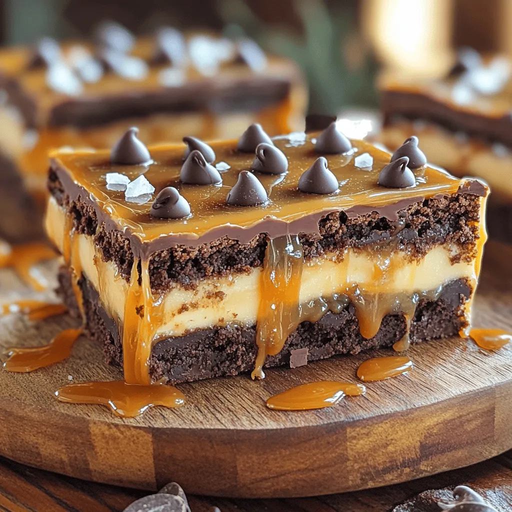 To make these salted caramel bars, you need a few basic ingredients. Each one plays a key role in building flavor and texture. Here’s the complete list of ingredients: - 1 ½ cups all-purpose flour - ½ cup unsweetened cocoa powder - 1 cup unsalted butter, softened to room temperature - ¾ cup granulated white sugar - ½ cup packed brown sugar - 1 teaspoon pure vanilla extract - 1 cup sweetened condensed milk - 1 cup caramel sauce (store-bought or homemade) - ½ teaspoon flaky sea salt - ½ teaspoon baking soda - 1 cup chocolate chips (your choice of milk or dark) Each ingredient adds something special to the bars. The flour gives structure. Cocoa powder adds a rich chocolate flavor. Butter keeps everything moist and tasty. The sugars blend to create sweetness. Vanilla adds warmth. Sweetened condensed milk brings creaminess, while caramel sauce gives that delightful touch of sweetness and gooeyness. Finally, chocolate chips and flaky salt enhance the overall taste. When you gather these ingredients, you set yourself up for a treat that’s hard to resist. Ready to dive into the full recipe? Let's get started! First, preheat your oven to 350°F (175°C). While the oven heats, prepare a 9x9 inch baking dish. You can grease it lightly or line it with parchment paper. This helps when you take the bars out later. In a medium mixing bowl, combine the following dry ingredients: - 1 ½ cups all-purpose flour - ½ cup unsweetened cocoa powder - ½ teaspoon baking soda Whisk these together until well mixed. This step adds a nice texture to your bars. In a large bowl, use an electric mixer to beat: - 1 cup unsalted butter, softened - ¾ cup granulated white sugar - ½ cup packed brown sugar Mix until light and fluffy. This should take about 2-3 minutes. Then, add 1 teaspoon of pure vanilla extract and blend it in well. Take half of the dough you just mixed and press it evenly into the bottom of your prepared baking dish. This forms the tasty crust for your bars. In another bowl, mix together: - 1 cup sweetened condensed milk - 1 cup caramel sauce Stir until smooth. This will create a rich, gooey layer in your bars. Pour the caramel mixture over the cookie base in the baking dish. Use a spatula to spread it evenly. Next, drop spoonfuls of the remaining cookie dough over the caramel. Let some caramel show for a rustic look. Finally, sprinkle 1 cup of chocolate chips and ½ teaspoon of flaky sea salt on top. Bake everything in the preheated oven for 25-30 minutes. Look for golden edges and a soft center. When done, remove the dish from the oven. Let it cool completely before cutting into squares. Enjoy these delicious salted caramel bars! For the full recipe, check out the complete guide. To achieve a chewy and soft center, focus on your baking time. Bake the bars just until the edges turn golden. The center may look a bit soft, but it will set as it cools. This balance is key. Be sure to press the cookie base evenly for best results. A smooth crust helps hold the caramel layer well. Mix the ingredients just enough to combine them. If you overmix, the bars can turn tough. This will ruin the soft texture you want. Use a gentle hand when folding in the dry ingredients. A few flour streaks are okay. The goal is a tender, melt-in-your-mouth treat. Let the bars cool completely in the pan. This can take about 30 minutes. If you cut them too soon, they might fall apart. Once cool, use a sharp knife for clean cuts. Wipe the knife between cuts for neat edges. This makes each piece look great and keeps the layers intact. For a fancy touch, you can sprinkle more flaky sea salt on top before serving. {{image_4}} You can switch things up with dark chocolate chips instead of milk chocolate. Dark chocolate adds a rich taste that balances the sweet caramel. If you want a healthier option, try using alternative sweeteners like coconut sugar or agave syrup. These swaps can change the flavor and texture slightly but keep your bars delicious. Feel free to play with add-ins! Chopped nuts, like walnuts or pecans, bring a nice crunch. You can also sprinkle in spices like cinnamon or sea salt for extra flavor. Want a fruity twist? Dried cranberries or cherries can add a lovely tartness. The choice is yours! If you need gluten-free bars, simply use gluten-free flour. Brands like almond flour or oat flour work well. These flours give a different texture but stay true to the flavor. Make sure to check the packaging for other gluten-free ingredients. You can still enjoy these sweet treats without worry! To keep your salted caramel bars fresh, store them in an airtight container. This helps prevent them from drying out. If you keep them at room temperature, make sure they are away from direct sunlight and heat. I often use parchment paper to layer between bars so they don’t stick together. This keeps them neat and easy to grab. If you want to save some for later, freezing is a great option. First, let the bars cool completely. Then, cut them into squares. Wrap each square tightly in plastic wrap. Place the wrapped bars in a freezer-safe bag or container. They will stay fresh for up to three months. When you’re ready to enjoy them, thaw the bars in the fridge overnight. You can also let them sit at room temperature for a few hours. When stored properly, these bars last about a week at room temperature. If you keep them in the fridge, they can last a bit longer. The cool air helps keep them fresh and tasty. You might notice the flavors get even better after a day! For the best taste, enjoy them within a week. For more details, check the Full Recipe. To make homemade caramel sauce, you need just a few simple ingredients. Here’s a quick recipe: - 1 cup granulated sugar - 6 tablespoons unsalted butter - ½ cup heavy cream - 1 teaspoon vanilla extract - A pinch of salt 1. In a medium saucepan, heat the sugar over medium heat. Stir it gently until it melts and turns golden brown. 2. Add the butter and mix until it melts completely. 3. Slowly pour in the heavy cream while stirring. It will bubble up, so be careful! 4. Remove from heat and stir in the vanilla and salt. 5. Let it cool before using it in your salted caramel bars. Yes, you can use store-bought caramel for your bars. Pros: - Saves time. - Consistent flavor and texture. Cons: - May have added preservatives. - Less control over sweetness. If you want a quick treat, store-bought works great. But homemade caramel adds a special touch to your bars. If you have allergies, there are good swaps you can make in this recipe. - Gluten: Use gluten-free flour instead of all-purpose flour. - Dairy: Replace butter with coconut oil and use almond milk for the condensed milk. - Nuts: Check labels on chocolate chips for nut-free options. These changes help everyone enjoy these salted caramel bars without worry. Explore these options to create a treat that fits your needs! In summary, we covered how to make delicious cookie bars using simple ingredients. From mixing the dry ingredients to assembling and baking, each step is crucial. I shared tips for perfecting texture and offered variations for different tastes. Store your bars well to enjoy them longer, and use the FAQ section for any questions. You have all the tools to create a sweet treat. Enjoy the process and the tasty results!