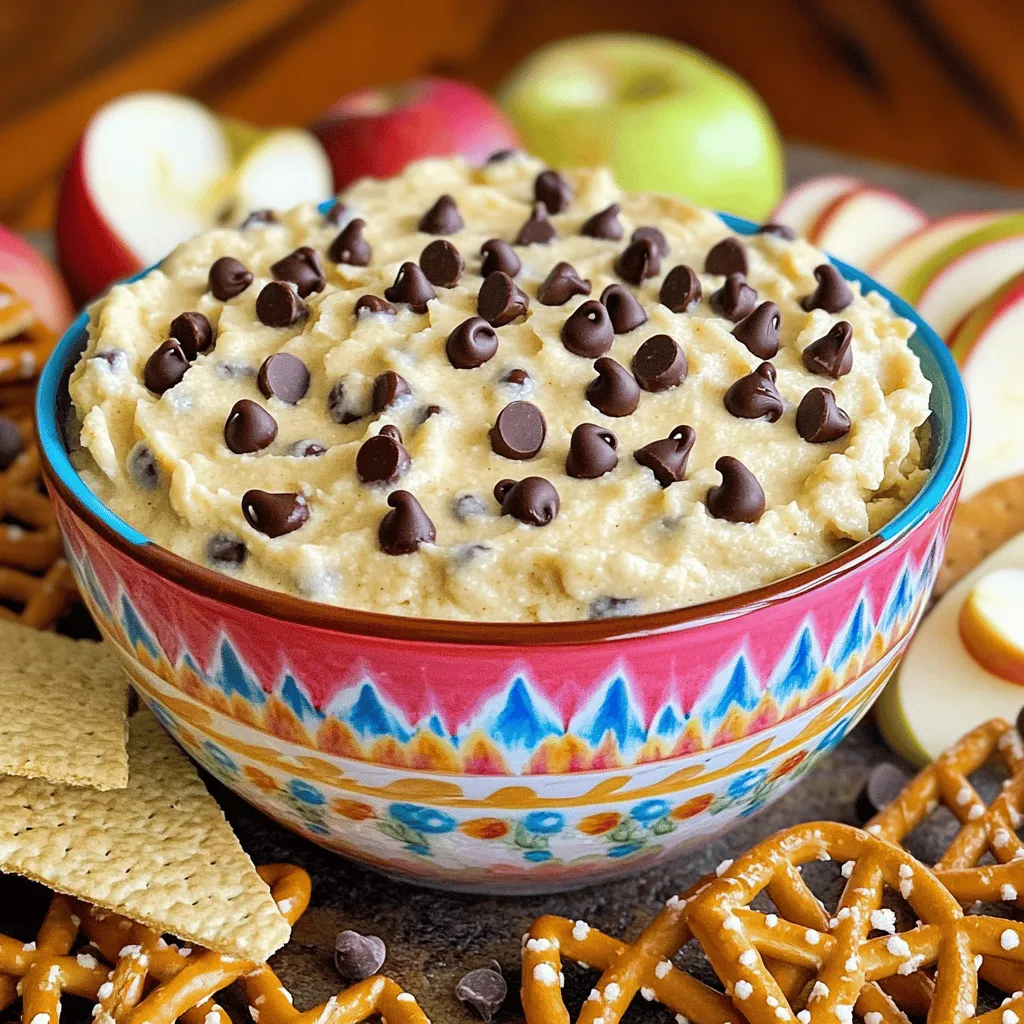 - 1 cup all-purpose flour (heat-treated) - 1/2 cup unsalted butter, softened - 1/4 cup packed brown sugar - 1/4 cup granulated sugar - 2 tablespoons pure vanilla extract - 1/4 teaspoon fine salt - 1 cup mini chocolate chips - 1/2 cup cream cheese, softened - 1/4 cup powdered sugar For this tasty treat, start with heat-treated flour. This step makes it safe to eat. Regular flour can carry germs. Softened unsalted butter adds richness. Brown sugar gives a nice caramel flavor, while granulated sugar adds sweetness. Cream cheese brings creaminess, and powdered sugar helps with texture. Finally, mini chocolate chips make it a true cookie dough dip. - Graham crackers - Pretzels - Apple slices When serving your dip, think about dippers. Graham crackers add crunch. Pretzels give a salty balance. Apple slices offer a fresh, fruity taste. Each dipper brings its own fun flavor. You can mix and match to keep things interesting. Enjoy experimenting with different dippers! For the full recipe, you can find all the details to make this delicious dip. 1. First, we need to cream the butter and sugars. In a large mixing bowl, beat together 1/2 cup of softened unsalted butter, 1/4 cup of brown sugar, and 1/4 cup of granulated sugar. Use an electric mixer on medium speed. Mix until it gets light and fluffy. This takes about 2-3 minutes. 2. Next, add in 1/2 cup of softened cream cheese. Continue mixing on medium speed until it blends well. This makes the dip creamy and smooth. 3. Now, pour in 2 tablespoons of pure vanilla extract and sprinkle in 1/4 teaspoon of fine salt. Mix on low speed until everything is well combined. This adds flavor and balance. 4. Gradually add 1 cup of heat-treated all-purpose flour. Mix gently with a spatula or on low speed. Stop mixing once the flour is just blended. This step is very important for safety. 5. Finally, fold in 1 cup of mini chocolate chips. Use the spatula to ensure they spread evenly. Be careful not to over-mix, or the dip may become tough. Chilling the dip is key to great flavor and texture. It allows the tastes to mix and the dip to firm up. To chill, scoop the cookie dough dip into a bowl. Cover it tightly with plastic wrap to keep it fresh. Place it in the fridge for about 30 minutes. This little wait is worth it! When you're ready to serve, arrange your dippers around the bowl. This could be graham crackers, pretzels, or apple slices. Enjoy your delicious treat! - Best practices for measuring flour: Always use a spoon to fluff up the flour. Then, spoon the flour into your measuring cup. Level it off with a straight edge. This way, you avoid packing the flour, which can lead to dry dip. - How to heat-treat flour at home: Spread the flour on a baking sheet. Bake it at 350°F (175°C) for 5-7 minutes. This will kill any harmful bacteria. Let it cool before using it in your dip. - Recommended mixer settings: Start mixing on low speed to combine ingredients without making a mess. Once combined, switch to medium speed. This helps achieve the right texture. - Tips to achieve a creamy texture: Make sure your butter and cream cheese are at room temperature. This allows them to blend smoothly. Scrape down the bowl often to mix everything evenly. - Creative ways to serve the dip: Use a colorful bowl that stands out. You can also serve the dip in mini cups for individual servings. This makes it fun and easy for guests to grab their own. - Using fun bowls and colorful dippers: Choose bowls that match your theme or occasion. Arrange dippers like graham crackers, pretzels, and apple slices around the dip. This adds color and makes it look appealing. {{image_4}} You can change up the flavor of your cookie dough dip easily. Try adding different extracts. Almond extract gives a nutty twist. Mint extract adds a fresh kick. Both can enhance the sweetness of the chocolate. You can also mix in different types of chocolate. Use dark chocolate chips for a richer taste. White chocolate chips can add a creamy sweetness. You can even try a mix of all three for a fun flavor explosion. If you need gluten-free options, swap all-purpose flour for gluten-free flour. Brands like Bob's Red Mill offer great mixes that work well in dips. Make sure to check the label for any allergens. For a vegan version, replace butter with coconut oil or vegan butter. Use vegan cream cheese instead of regular cream cheese. This way, everyone can enjoy the dip without worrying about dietary restrictions. For the Full Recipe, check out the detailed steps to make this tasty dip! You can keep your chocolate chip cookie dough dip in the fridge for about five days. Store it in an airtight container to keep it fresh. If you want to enjoy it later, make sure to cover the dip with plastic wrap or a lid. This helps prevent it from drying out or absorbing other fridge smells. Yes, you can freeze this dip! Freezing is a great way to save leftovers. To freeze the dip, first, scoop it into a freezer-safe container. Make sure to leave some space at the top for expansion. Seal it tightly and label it with the date. When you’re ready to eat it, move the container to the fridge to thaw overnight. Stir well before serving, and enjoy this tasty treat again! Yes, you can eat the dip raw. The safety of the dip comes from heat-treated flour. Regular flour can have harmful bacteria. By heat-treating the flour, I kill those bacteria. To heat-treat flour, spread it on a baking sheet. Bake it at 350°F for about 5 minutes. Let it cool before using it in the dip. You can pair this dip with many fun dippers! Here are some tasty ideas: - Graham crackers - Pretzels - Apple slices - Vanilla wafers - Rice cakes - Fresh strawberries Feel free to mix and match! The sweet dip goes well with crunchy or fruity options. If you want a thicker dip, try these tips: - Add more heat-treated flour, one tablespoon at a time. - Use less cream cheese for a denser texture. - Fold in some additional mini chocolate chips for extra bulk. Make sure to mix gently to keep it creamy. The dip is not gluten-free as it uses all-purpose flour. However, you can make it gluten-free. Substitute regular flour with gluten-free flour blend. Ensure the other ingredients are gluten-free too, like chocolate chips. For the full recipe, check out the [Full Recipe]. It includes all the details you need to make this delicious cookie dough dip! You learned how to make a delicious dip using heat-treated flour and cream cheese. We covered key ingredients, step-by-step instructions, and helpful tips. You can choose various dippers and add flavors to fit your taste. Remember to chill before serving and store leftovers safely. This dip is versatile and fun for gatherings. Craft your own version with ideas from this post to impress everyone. Enjoy making this tasty treat!