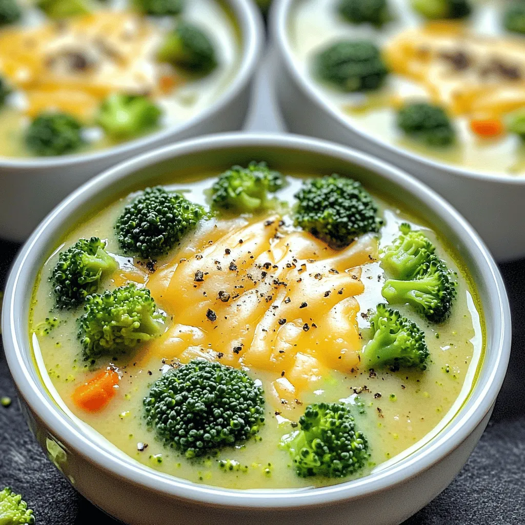 - 4 cups fresh broccoli florets - 1 cup carrots, finely diced - 1 cup celery, finely diced - 1 small onion, chopped - 3 cloves garlic, minced - 4 cups vegetable broth (low sodium recommended) - 1 cup heavy cream - 2 cups sharp cheddar cheese, shredded - 1 tablespoon Dijon mustard - 1 teaspoon smoked paprika - Salt and freshly ground black pepper, to taste - 2 tablespoons olive oil When making my Savory Slow Cooker Broccoli Cheese Soup, I start with fresh produce. I love using bright green broccoli florets. They add a rich color and flavor. Next, I finely dice one cup of carrots and one cup of celery. These vegetables give the soup a slight sweetness and crunch. I chop one small onion and mince three cloves of garlic to add depth. For the liquids, I use four cups of low-sodium vegetable broth. This broth helps keep the soup light and healthy. I also add one cup of heavy cream. This makes the soup rich and smooth. Now, let's talk cheese! I add two cups of sharp cheddar cheese. This cheese melts beautifully and gives the soup that classic cheesy flavor. I also include one tablespoon of Dijon mustard and one teaspoon of smoked paprika. These add layers of taste. Finally, I season with salt and ground black pepper to taste. Don't forget the two tablespoons of olive oil; it gives the soup a nice base. These ingredients combine to create a cozy and satisfying dish. For the full recipe, check the details provided. Start by heating 2 tablespoons of olive oil in a large skillet over medium heat. Once the oil is hot, add 1 small chopped onion, 1 cup of finely diced celery, and 1 cup of finely diced carrots. Sauté these vegetables for about 5 minutes. Stir them often until they are tender. Then, add 3 cloves of minced garlic and cook for an extra minute. You want the garlic to smell good but not burn. Next, move the sautéed mixture to your slow cooker. Add 4 cups of fresh broccoli florets, 4 cups of vegetable broth, and 1 tablespoon of Dijon mustard. Sprinkle in 1 teaspoon of smoked paprika, along with salt and freshly ground black pepper to taste. Stir all the ingredients well so they mix together nicely. Now, cover the slow cooker with its lid. Cook the soup on low for 4 to 6 hours or on high for 2 to 3 hours. You want to check that the broccoli is fork-tender when it is ready. Once the broccoli is tender, take an immersion blender and blend the soup to your liking. If you want a smooth soup, blend it well. If you prefer some chunks, pulse the blender quickly to keep some pieces intact. Now, stir in 1 cup of heavy cream and 2 cups of shredded sharp cheddar cheese into the blended soup. Mix it well until the cheese is melted and the soup is creamy. Taste it and adjust the seasoning with more salt and black pepper if needed. Let the soup cook on low for an additional 20 minutes. This allows all the flavors to come together and the soup to heat through. You can find the Full Recipe for more details. Enjoy your delicious soup! To boost the taste of your soup, consider adding a pinch of nutmeg. It adds warmth and depth. You can also use fresh herbs like thyme or rosemary. These herbs can elevate the flavor profile. If you like heat, add a dash of cayenne pepper. Just a little will do! For a smooth soup, blend until there are no chunks. An immersion blender works best for this task. If you want some texture, blend briefly. This way, you keep some broccoli pieces intact. It can add a nice bite to your soup. For a beautiful presentation, ladle the soup into warm bowls. Top each bowl with a sprinkle of cheese. A drizzle of olive oil adds richness. You can also use fresh cracked black pepper for a kick. Serve with crusty bread or a light salad for a complete meal. Enjoy the cozy flavors! {{image_4}} You can mix up the cheese in your soup for fun tastes. Try using gouda for a smoky kick. If you want a creamier flavor, add cream cheese. For a sharper taste, mix in some blue cheese. Each choice adds a new twist to the classic soup. Feel free to add more veggies to your soup. Cauliflower works great and gives a nice texture. You can also toss in some spinach or kale for extra nutrients. Zucchini or potatoes can add heartiness. Be creative and use what you have on hand. To make this soup gluten-free, choose gluten-free broth. Most vegetable broths are gluten-free, but always check the label. You can also skip the Dijon mustard, or find a gluten-free version. This way, everyone can enjoy this delicious soup without worry. For a complete guide, check out the Full Recipe for Slow Cooker Broccoli Cheese Bliss. To store leftovers, let the soup cool first. Once cool, pour it into airtight containers. Seal them tightly. Place the containers in the fridge. Your soup will stay fresh for up to three days. When ready to eat, check for any signs of spoilage. You can freeze this soup for longer storage. Allow the soup to cool completely before freezing. Use freezer-safe containers or bags. Leave some space at the top for expansion. The soup can last in the freezer for up to three months. When you’re ready to enjoy it, thaw it in the fridge overnight before reheating. To reheat, pour the soup into a pot. Heat it over medium-low heat on the stove. Stir it often to keep it from sticking. You can also use the microwave; just heat it in short bursts. If the soup seems thick, add a splash of broth or cream to restore its texture. Enjoy your creamy delight without losing any flavor! Yes, you can prepare the soup ahead of time. Cook it according to the recipe, then cool it down. Store it in the fridge for up to three days. This makes it easy to enjoy later. Just reheat it on the stove or in the microwave. This soup can last about three to four days in the fridge. Make sure to store it in an airtight container. If you see any changes in smell or color, it's best to toss it out. You can pair the soup with many tasty sides. Here are some great options: - Crusty bread or rolls - A fresh garden salad - Grilled cheese sandwiches - Crackers or breadsticks These sides add to the meal and make it more filling. Yes, frozen broccoli works well in this soup. It saves prep time, and you can skip washing and chopping. Just add it directly to the slow cooker. The flavor will still be great! You can make this soup dairy-free quite easily. Replace the heavy cream with coconut milk or cashew cream. For cheese, use a dairy-free cheese alternative. Adjust the seasonings to enhance the flavor. Enjoy a creamy, dairy-free version! This blog post shared the steps to make a delicious slow cooker broccoli cheese soup. We started with fresh veggies and added creamy goodness. I explained how to cook and blend everything to get the right texture. You can also vary the recipe with different cheeses or veggies. In closing, this soup is easy to make and full of flavor. Enjoy cooking and sharing this warm dish!
