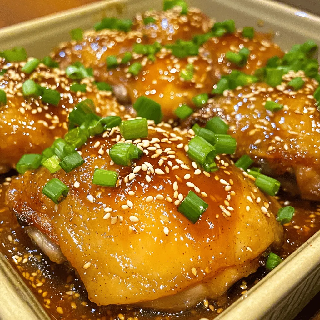 - 4 chicken thighs, skin-on and bone-in - 2 tablespoons soy sauce - 2 tablespoons brown sugar - 1 tablespoon honey - 1 tablespoon ketchup - 1 tablespoon rice vinegar - 1 teaspoon fresh ginger, grated - 2 cloves garlic, minced - 1/2 teaspoon black pepper - 1/2 teaspoon paprika - 1/4 teaspoon cayenne pepper (optional) - 1 green onion, chopped (for garnish) - Sesame seeds (for garnish) Gather these ingredients first. The chicken thighs bring a rich taste. Soy sauce and brown sugar add depth and sweetness. Honey and ketchup help create a sticky glaze. Rice vinegar adds a touch of tang. Fresh ginger and garlic provide a nice kick. Black pepper and paprika add warmth, while cayenne offers optional heat. For a beautiful finish, use green onions and sesame seeds. These not only look nice but also add flavor. You can find the full recipe below to see how to combine these flavors perfectly. Set your oven to 375°F (190°C). This heat is perfect for baking our chicken. Whisk together all marinade ingredients until well combined. You want the sugar to dissolve fully. Coat chicken thighs in marinade and refrigerate. This step adds great flavor. Let it marinate for at least 30 minutes. If you have time, let it sit for up to 2 hours for a stronger taste. Arrange chicken in a baking dish. Pour any leftover marinade over the top. Bake for 35 to 40 minutes. Check the chicken for doneness. It should reach an internal temperature of 165°F (75°C). Add green onions and sesame seeds before serving. This gives the dish a pop of color and flavor. Enjoy your beautifully baked Huli Huli chicken! Don't forget to check the Full Recipe for more details. Let chicken marinate longer. I suggest marinating for up to 2 hours. This extra time allows the flavors to soak deep into the meat. The soy sauce and brown sugar blend perfectly. This makes the chicken more tender and juicy. For crispy skin, broil the chicken for the last 2-3 minutes. Keep a close watch during this time. The broiler adds a nice crunch and beautiful color. This step makes your dish look and taste amazing. Pair your Baked Huli Huli Chicken with rice, salad, or grilled vegetables. Each option adds a nice contrast to the sweet and savory chicken. The rice soaks up the delicious sauce, while salad adds freshness. Grilled vegetables bring extra flavor and color to your plate. Explore these options to find your favorite pairing! Enjoy your meal! {{image_4}} You can switch up the chicken cuts for this recipe. Instead of thighs, try chicken breasts or drumsticks. Each cut offers a unique taste and texture. Chicken breasts cook faster and are leaner. Drumsticks stay juicy and have a richer flavor. Adjust cooking time as needed. For a fun twist, add pineapple chunks to the marinade. This fruity addition brings a bright flavor that pairs well with the savory sauce. The pineapple also tenderizes the chicken. You can use fresh or canned pineapple. Just make sure to drain any excess juice if using canned. Want more spice? Increase the cayenne pepper in the marinade. This gives the dish a nice kick. If you prefer a milder flavor, simply leave out the cayenne. You can also add a dash of hot sauce for extra heat. Customize it to your taste! Store any leftovers in an airtight container. This keeps the chicken fresh. It will last for up to 3 days. Make sure to let it cool before sealing. When you’re ready to eat, just open the container and enjoy! You can freeze the marinated chicken for future meals. Simply place it in a freezer bag. Squeeze out the air and seal it tight. This way, it stays fresh for up to 3 months. Thaw it in the fridge overnight before cooking. To reheat, you can use either the oven or the microwave. If using the oven, set it to 350°F (175°C). Place the chicken in a dish and cover it with foil. Heat until warmed through. For the microwave, cut the chicken into pieces for even heating. Enjoy your meal! For more details on how to prepare this dish, check the Full Recipe. Yes, boneless chicken can be used but adjust cooking time accordingly. Boneless chicken cooks faster than bone-in. Check for doneness at 25 to 30 minutes. Always ensure the inside reaches 165°F (75°C). Yes, Huli Huli chicken is often grilled; this is a baked version for convenience. Baking allows you to avoid the grill and still get great flavor. Plus, it’s easier to control cooking in the oven. Suggested sides include rice, coleslaw, or roasted vegetables. Rice soaks up the sauce nicely. Coleslaw gives a crunchy contrast. Roasted veggies add color and nutrients to your plate. Yes, you can marinate the chicken a day prior for better flavor development. Marinating overnight allows the flavors to soak in deeply. Just remember to let it sit at room temperature for 15 minutes before baking. For the full recipe, check out the details! This baked Huli Huli chicken recipe offers juicy, flavorful bites in just a few steps. With simple ingredients, you can marinate and bake for a tasty meal. Remember to try different chicken cuts or add fruits for flair. Use leftovers wisely by storing them or reheating for a quick meal. Enjoy this dish with rice or veggies for a complete dinner. Cooking can be fun and easy, so dive in and savor every bite!