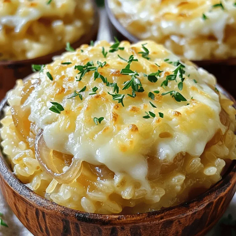 - 1 cup Arborio rice - 4 large onions, thinly sliced - 4 cups vegetable broth - 2 tablespoons olive oil - 1 tablespoon butter - 2 cloves garlic, minced - 1 teaspoon fresh thyme leaves - 1 cup shredded Gruyère cheese - 1/4 cup freshly chopped parsley, for garnish - Salt and freshly ground black pepper, to taste French onion soup rice is all about rich flavors and hearty textures. The key to this dish starts with the main ingredients. Arborio rice gives a creamy base, perfect for soaking up the broth. You need four large onions, and they must be thinly sliced. This helps them caramelize nicely. The vegetable broth adds depth and warmth to each bite. Next, we have flavor enhancers. Olive oil and butter work together to create a lovely base for the onions. Garlic brings an aromatic touch, while thyme adds an earthy flavor. Each ingredient plays a role in building the dish’s profile. Finally, we add our final touches. Gruyère cheese melts into the warm rice, creating a gooey, cheesy goodness. Fresh parsley adds a pop of color and freshness. Don’t forget to season with salt and pepper to enhance the taste. For the full recipe, check out the details to make this delicious dish. To start, I heat olive oil and butter in a large pot. Once it bubbles, I add thinly sliced onions. I stir them often, cooking for 20-25 minutes. The goal is a deep golden brown color. This step builds a rich flavor in the dish. Next, I toss in minced garlic and fresh thyme leaves. I sauté for 1-2 minutes. The garlic should smell great but not turn brown. This adds more depth to the flavor. Now, I incorporate the Arborio rice into the pot. I stir well to coat the rice in onion and herb flavors. I let it toast for 2-3 minutes. This step enhances the taste and texture. Then, I start adding vegetable broth. I pour in one cup at a time, stirring often. This allows the rice to absorb the broth fully. I continue this for 18-20 minutes. The rice should be creamy yet still firm. Once the rice reaches the right texture, I season it with salt and pepper. I stir in half of the shredded Gruyère cheese. This makes the dish rich and creamy. After mixing, I remove the pot from heat. I let it rest for a few minutes to blend the flavors. To serve, I ladle the rice into bowls. I top each serving with more Gruyère cheese and fresh parsley. For a special touch, I suggest serving in ramekins. This adds a nice look and feel to the meal. You can find the full recipe [here](#). To get a rich, deep color on your onions, start with low heat. This lets the onions cook slowly. Stir them often to avoid burning. Aim for a golden brown hue. Common mistakes to avoid: - Don't rush the process; high heat can burn onions. - Avoid overcrowding the pan; use a large pot for even cooking. For the perfect rice consistency, use Arborio rice. It gives that nice creamy feel. You want it to be al dente, not mushy. Adjusting liquid levels: Start with the broth, adding one cup at a time. Stir often and wait for the rice to absorb the liquid before adding more. This method helps achieve a perfect creamy texture. Get creative when serving this dish. Use individual ramekins for a fancy touch. Garnishing ideas: Top with extra Gruyère cheese for a melty finish. A sprinkle of fresh parsley adds color and freshness. You can even add a drizzle of olive oil for extra flavor. {{image_4}} You can boost your French onion soup rice with protein. Chicken or sausage adds heartiness and flavor. Simply sauté bite-sized pieces with the onions. Cook them until golden brown before adding garlic and thyme. This step builds a rich base. If you prefer a vegetarian option, consider using chickpeas or lentils. They provide protein and absorb the delicious broth. Herbs can change the taste of your dish. Try adding rosemary or sage for a unique twist. These herbs work well with the sweet onions. You can also add vegetables. Sautéed mushrooms or spinach can enhance flavor and color. Just toss them in with the garlic and thyme for a few minutes. This keeps their texture and flavor fresh. While Gruyère cheese is classic, you can experiment with other cheeses. Cheddar or fontina can add a different taste. Just make sure to melt them well into the rice. For a vegan option, use cashew cheese or nutritional yeast. They provide a cheesy flavor without dairy. Add these at the end, mixing until creamy. For the full recipe, check out the [Full Recipe]. - To store leftovers, let the rice cool first. - Transfer it to an airtight container. - Refrigerate it for up to four days. - When reheating, add a splash of broth. - Heat gently on the stove or in the microwave. - To freeze cooked rice, allow it to cool completely. - Portion it into freezer-safe bags. - Flatten the bags for easier storage. - When ready to eat, thaw in the fridge overnight. - Reheat on the stove with a bit of broth for best results. - In the fridge, the rice lasts about four days. - Signs of spoilage include an off smell or mold. - If unsure, it’s safer to discard it. French Onion Soup Rice is a warm, tasty dish inspired by the classic French soup. It combines creamy Arborio rice with sweet, caramelized onions. The flavor is rich, savory, and deeply comforting. You get the essence of classic French onion soup in every bite. The cheese adds a lovely creaminess, while the herbs bring freshness. Each spoonful feels like a warm hug on a chilly day. Yes, you can easily turn this dish vegan! Here are some simple swaps: - Use vegan butter instead of regular butter. - Replace Gruyère cheese with a plant-based cheese or nutritional yeast for a cheesy flavor. - Ensure your vegetable broth is vegan-friendly. These changes keep the dish delicious without animal products. Arborio rice is the star for this recipe. It is starchy and creamy, perfect for risotto. This rice absorbs flavors well and gives a rich texture. Other rice types, like long-grain or basmati, lack the creaminess you want. They won’t give you that satisfying bite. Stick with Arborio for the best results. To boost the flavor, consider these ideas: - Add a splash of white wine after caramelizing the onions. - Stir in some fresh herbs like rosemary or basil for added depth. - Mix in sautéed mushrooms or spinach for extra layers. - A sprinkle of smoked paprika can add a nice kick. These tips will take your French Onion Soup Rice to the next level! For the complete process, refer to the Full Recipe. This blog post shared the key ingredients and steps to make French onion soup rice. We explored main ingredients like Arborio rice and broth, and flavor enhancers such as garlic and thyme. You learned tips for perfecting caramelization and achieving the right texture. Don't forget, you can add proteins or change flavors to suit your taste. Store leftovers wisely to enjoy later. Enjoy creating this comforting dish that brings warmth and satisfaction to your table. Happy cooking!