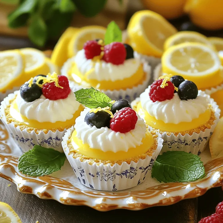 - 8 oz cream cheese, softened - 1/2 cup powdered sugar - 1/2 cup heavy whipping cream - 1/4 cup freshly squeezed lemon juice - Zest of 1 medium lemon - 1 cup graham cracker crumbs - 1/4 cup unsalted butter, melted - 2 tablespoons granulated sugar - Fresh berries (strawberries, blueberries, or raspberries) - Extra lemon zest - Mint leaves for presentation To make the filling, start with cream cheese. It needs to be soft, so let it sit out for a bit. The powdered sugar adds sweetness. The heavy whipping cream gives it a nice, rich texture. Fresh lemon juice and zest provide the bright flavor that makes these cheesecakes pop. For the crust, graham cracker crumbs are key. You mix them with melted butter and sugar. This mixture will form a crunchy base. Press it down well to hold the filling. You can also add fun garnishes. Fresh berries add color and taste. A little extra lemon zest brightens the look. Mint leaves make it look fancy and fresh. This recipe is simple but delicious. You can find the full recipe above. It’s perfect for a hot day or any time you want a cool treat. - In a medium bowl, mix graham cracker crumbs, melted butter, and granulated sugar. - Stir until the mixture looks like wet sand. - Take a small amount of the crust mix and press it firmly into mini cheesecake cups or a muffin tin. Make sure it is even and compact. - In a large bowl, beat softened cream cheese until it is smooth. - Gradually add sifted powdered sugar and mix until there are no lumps. - Pour in heavy whipping cream, lemon juice, lemon zest, and vanilla extract. - Beat this mixture until it is light and fluffy, about two minutes. - Carefully fill each crust-lined cup with the cheesecake filling. Fill them about three-quarters full. - Gently tap the tray on the counter to remove air bubbles. - Cover the mini cheesecakes and refrigerate for at least four hours until set. For the full recipe, check the details provided earlier in the article. To get the best texture for your cheesecake, first, make sure the cream cheese is at room temperature. Cold cream cheese can make mixing hard and lead to lumps. Beat the filling until it is light and fluffy. This will create a smooth and creamy cheesecake that melts in your mouth. Store any leftovers in an airtight container. This keeps them fresh and tasty. I recommend chilling the cheesecakes for at least four hours before serving. This helps them set properly and enhances the flavor. Garnish your mini cheesecakes with fresh berries. Strawberries, blueberries, or raspberries add color and taste. You can also sprinkle extra lemon zest on top for a bright touch. For a fun display, arrange them on a decorative platter with thin lemon slices and mint leaves. This makes your treat look as good as it tastes. {{image_4}} You can switch up the flavor of your mini cheesecakes easily. Try using lime, orange, or even grapefruit juice. Each fruit adds a unique twist. You can also blend in pureed fruits like strawberries or mangoes. This gives your cheesecake an exciting color and flavor. Not everyone can have regular crust. For a gluten-free option, use almond flour or gluten-free cookie crumbs. They taste great and hold well. You can also try using chocolate cookies or vanilla wafers for a different flavor. Each cookie choice can change how your cheesecake tastes. You can make these cheesecakes dairy-free if you wish. Use vegan cream cheese made from nuts or soy. For the whipped cream, try coconut cream instead of heavy cream. You can blend these options to create a tasty vegan dessert. It’s a great way to enjoy cheesecake without using dairy. What drinks go well with lemon cheesecakes? I suggest refreshing drinks like iced tea or lemonade. They balance the tartness of the cheesecake. You can also try sparkling water with lemon slices for a fizzy touch. What about other desserts? Mini lemon cheesecakes pair well with light desserts. Consider serving them with fruit sorbets or panna cotta. They both add a creamy and fruity taste that complements the lemon flavor. When should you serve these mini cheesecakes? They are perfect for summer gatherings and parties. Their cool and bright flavor makes them a hit for family events. You can also serve them at picnics or barbecues. Want to get creative? Try serving them in jars for a fun twist. You can also layer them with fresh fruit in clear cups. This makes a beautiful display and makes it easy for guests to grab one. How should you serve these mini cheesecakes? I recommend serving one per person. This keeps the portions small and controlled. For a nice plate presentation, try using a decorative platter. Arrange the cheesecakes in a circle. Add thin lemon slices and mint leaves around them. This adds color and makes the dish more appealing. For the full recipe, check out the details above. No-Bake Mini Lemon Cheesecakes last about 4 to 5 days in the fridge. Store them in an airtight container to keep them fresh. The longer they sit, the softer the crust may get. For the best taste and texture, enjoy them within the first few days. Yes, you can use bottled lemon juice. It is convenient and saves time. However, fresh lemon juice has a brighter taste. Bottled juice may have preservatives that dull the flavor. For the best result, I recommend using fresh lemon juice whenever possible. If your filling is too runny, try adding more cream cheese. Make sure it is softened and at room temperature. You can also beat the mixture longer to help it thicken. If it still seems too loose, chill it longer in the fridge. This will help it firm up before serving. Yes, you can freeze these cheesecakes. To freeze, wrap each cheesecake tightly in plastic wrap. Place them in a freezer-safe container. When you're ready to eat, thaw them in the fridge overnight. This keeps the texture nice and creamy. Absolutely! To make this recipe gluten-free, use gluten-free graham cracker crumbs. You can also use crushed nuts like almonds or pecans for the crust. Another option is to use gluten-free cookies, like Oreo or ginger snaps, for a unique twist. In this post, we explored how to make mini lemon cheesecakes. We covered the main ingredients for the filling and crust, step-by-step instructions, and helpful tips. You can enhance flavors and make swaps for dietary needs too. These cheesecake bites are great for gatherings or family fun. Follow these steps to wow your guests with a tasty treat that'll impress! Enjoy cooking and share your delicious results!
