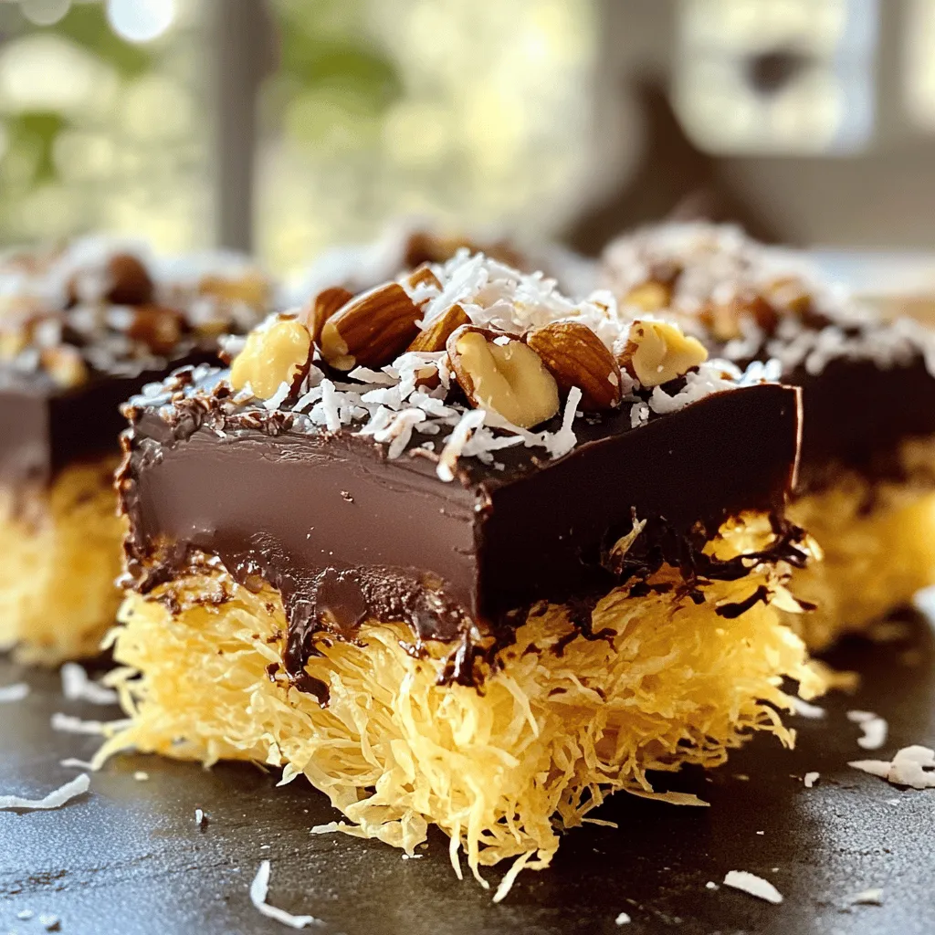 - 200g kataifi (shredded phyllo dough) - 100g unsalted butter, melted - 150g dark chocolate, chopped - 100g sweetened condensed milk To make Chocolate Kataifi Bars, you need some key ingredients. The kataifi, a fine, shredded dough, creates a unique texture. Melted unsalted butter helps bind the kataifi and adds richness. Dark chocolate gives a deep flavor, while sweetened condensed milk adds sweetness and creaminess. - 50g chopped nuts (walnuts or pistachios work wonderfully) - 50g shredded coconut (optional, for an extra crunchy topping) - 1 teaspoon vanilla extract - A pinch of salt You can enhance your bars with optional ingredients. Chopped nuts add crunch and flavor. Shredded coconut gives extra texture and a tropical twist. Vanilla extract brings warmth, while salt balances sweetness. Feel free to mix and match these options to suit your taste. For the full recipe, check out the detailed steps to create these delightful bars! 1. Preheat your oven to 180°C (350°F). This ensures even baking. 2. Prepare an 8x8 inch square baking pan. Grease it with melted butter or use parchment paper for easy removal. 3. In a large bowl, combine kataifi with melted butter. Use your hands or a fork to coat each strand well. 1. Take chopped dark chocolate and place it in a heatproof bowl. 2. Melt it in the microwave in 30-second bursts. Stir after each burst until smooth. 3. Once melted, add sweetened condensed milk, vanilla extract, and a pinch of salt. Mix until the mixture is silky. 4. Fold in the chopped nuts. Make sure they spread evenly throughout the chocolate. 1. Press half of the kataifi mixture into the bottom of the prepared pan. This will be your base layer. 2. Pour the chocolate filling over the pressed kataifi. Use a spatula to spread it evenly. 3. Sprinkle the remaining kataifi mixture over the chocolate layer. Press it down gently. 4. If you want an extra crunch, sprinkle shredded coconut on top. 5. Bake in the preheated oven for about 25 minutes. The top should turn golden brown, and the chocolate should set. 6. After baking, let it cool in the pan for at least 15 minutes. This helps with cutting the bars later. Enjoy these delightful Chocolate Kataifi Bars! For the complete recipe, check out the [Full Recipe]. To ensure even cooking, spread the kataifi evenly in the pan. Press it down firmly to create a solid base. This helps the bars cook uniformly. Bake until the top turns golden brown. This usually takes about 25 minutes. After baking, let the bars cool in the pan for at least 15 minutes. This cooling time makes slicing much easier. For a lovely finish, dust the top with powdered sugar. This adds a nice touch and looks great. You can also sprinkle chopped nuts or coconut on top. This adds flavor and a pop of color. A few extra toppings make the bars more appealing. One common mistake is overheating the chocolate. Melt it slowly in the microwave, stirring often. This will keep the chocolate smooth. Another mistake is not mixing the ingredients well. Be sure to combine everything thoroughly. This ensures every bite is packed with flavor. {{image_4}} You can easily change the taste of your Chocolate Kataifi Bars. Adding different nuts or spices can give them a fun twist. Try using almonds, pecans, or even a pinch of cinnamon for warmth. You can also switch to milk chocolate for a sweeter taste. This will make the bars richer and appealing to those who love creamy flavors. If you need gluten-free options, you can use alternative dough, like almond flour or gluten-free phyllo. This way, you can enjoy these treats without worry. For vegan substitutes, swap the butter with coconut oil. Use plant-based chocolate and omit the sweetened condensed milk or replace it with coconut cream. These changes make the recipe friendly for various diets. These bars taste amazing on their own, but pairing them with ice cream or whipped cream can elevate the experience. The cool cream complements the warm chocolate, creating a delightful mix. You can also serve these bars with a cup of coffee or tea. The rich flavors of the bars and the warmth of the drink make a perfect match. Enjoy every bite with your favorite beverage! To keep your Chocolate Kataifi Bars fresh, store them in the fridge. Place them in an airtight container. This helps to prevent them from drying out. They will stay fresh for up to a week. If you want to keep them longer, you can freeze them. Wrap each bar tightly in plastic wrap. Then, place them in a freezer-safe bag. They can last for up to three months when frozen. In the fridge, your bars last about one week. You will know they are spoiled if they smell off or have mold. If the texture changes and becomes hard or dry, it’s time to toss them. Always check before enjoying your sweet treat! Chocolate Kataifi Bars stay fresh for about 5 days in the refrigerator. Keep them in an airtight container. You can also freeze them for up to 2 months. Just wrap them well to prevent freezer burn. When ready to enjoy, thaw in the fridge for a few hours. Yes, you can make these bars ahead of time. Prepare them a day before serving. Just store them in the fridge, covered. This allows the flavors to blend and deepen. If you freeze them, let them thaw overnight in the fridge before serving. If you can't find kataifi, you can use shredded phyllo dough. You can also try using shredded coconut or even finely grated bread as a base. These alternatives will give a different texture but still taste great. You will know the bars are done when the top is golden brown. The edges should be slightly crispy. The chocolate filling should look set and not jiggly. This usually takes about 25 minutes in the oven. You’ve learned how to make delicious Chocolate Kataifi Bars using simple steps and key ingredients. From the crispy kataifi to the rich chocolate filling, this treat is sure to impress. Remember to explore different flavors and variations to make it your own. With proper storage, your bars will stay fresh and tasty for days. Enjoy sharing these sweet delights with friends and family. Now it’s your turn to get in the kitchen and create something special. Happy baking!
