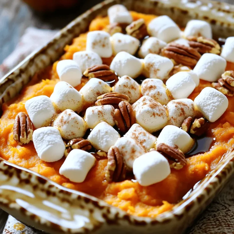 To make a great sweet potato casserole, gather these key ingredients: - 4 medium sweet potatoes, peeled and cut into 1-inch cubes - 1/2 cup packed brown sugar - 1/4 cup pure maple syrup - 1/4 cup unsalted butter, melted - 1/2 cup milk (dairy or almond milk for a dairy-free version) - 1 teaspoon pure vanilla extract - 1/2 teaspoon ground cinnamon - 1/4 teaspoon ground nutmeg - 1 teaspoon salt - 1 1/2 cups mini marshmallows - 1/2 cup pecans, chopped (optional) These ingredients create a sweet and creamy base for your casserole. You can add some optional ingredients to make your casserole even better: - Chopped pecans add a nice crunch. - A pinch of ginger offers a warm spice. - A splash of orange juice brightens the flavor. - Coconut milk can give a tropical twist. These options let you customize the dish to your taste. If you have dietary needs, consider these substitutions: - Use oat milk or soy milk instead of regular milk for a dairy-free option. - Swap brown sugar with coconut sugar for a lower glycemic index. - Replace butter with coconut oil to make it dairy-free. - For nut allergies, skip the pecans or use sunflower seeds. These swaps help everyone enjoy this delicious dish. For the full recipe, check out the provided link. First, gather your ingredients. You need sweet potatoes, brown sugar, maple syrup, butter, milk, vanilla, cinnamon, nutmeg, salt, mini marshmallows, and pecans if you want. Start by preheating your oven to 350°F (175°C). Lightly grease a 9x13-inch baking dish. Next, bring a pot of water to a boil. Add the sweet potato cubes and cook them for about 15 minutes. They should be tender enough to pierce with a fork. Drain the sweet potatoes and put them back in the bowl. Mash them until they are smooth and creamy. To make the best mashed sweet potatoes, pick ripe ones. They should be firm and free of blemishes. Boil them until they are fork-tender. This keeps the texture creamy. When mashing, use a potato masher or fork. Avoid using a blender. A blender can make them gummy. Mix in the brown sugar, maple syrup, melted butter, milk, vanilla, cinnamon, nutmeg, and salt. Blend well until it is smooth. This gives your casserole a rich flavor. Now, pour the sweet potato mix into the greased baking dish. Spread it evenly with a spatula. Next, sprinkle the mini marshmallows on top. If you like crunch, add chopped pecans too. Place the casserole in the oven and bake for 25-30 minutes. You want the marshmallows to turn golden brown and slightly toasted. Once done, take it out and let it cool for 5 minutes before serving. This dish looks great in bowls, drizzled with maple syrup and a sprinkle of cinnamon. Enjoy your Sweet Potato Casserole with Marshmallows! For the full recipe, check the recipe section above. To make a great sweet potato casserole, follow these simple tips: - Use fresh sweet potatoes for the best taste. - Boil them until fork-tender, but don't overcook. - Mash the sweet potatoes until smooth for a creamy texture. - Mix in the ingredients thoroughly for even flavor. - Spread the mixture evenly in your baking dish to ensure even cooking. - Top with mini marshmallows and pecans for a fun crunch. Avoid these common errors for a perfect casserole: - Don't skip the mashing step; lumps can ruin the texture. - Overbaking can lead to burnt marshmallows. Watch them closely! - Using too much sugar can make the dish overly sweet. Balance is key. - Forgetting to grease the baking dish can lead to sticking. - Skipping the resting time can affect the serving. Give it a moment to cool! Reheating your casserole correctly keeps it tasty: - Preheat your oven to 350°F (175°C). - Cover the casserole with foil to prevent drying out. - Heat for about 20-25 minutes, or until warm throughout. - For a toasty top, remove the foil for the last 5 minutes. - Enjoy it warm, just like when it was freshly baked! For a detailed recipe, check out the [Full Recipe]. {{image_4}} You can easily make this dish vegan. Swap dairy milk with almond or oat milk. Use coconut oil instead of butter. For the sweetener, maple syrup works great. You’ll still get that creamy texture and sweet taste. Trust me, no one will miss the dairy. You can add savory notes to your sweet potato casserole. Try mixing in some cooked onions or garlic for depth. A dash of cayenne pepper can bring some heat. You might also include cooked bacon bits for a smoky flavor. These additions create a nice balance between sweet and savory. Want to serve this dish in a fun way? Make mini casserole bites! Use a muffin tin to bake small portions. Fill each cup with the sweet potato mix and top with marshmallows. Bake until golden. These bites are perfect for parties or family gatherings. They are easy to grab and eat! For the full recipe, check the details above. To store your sweet potato casserole with marshmallows, let it cool completely first. Next, cover it tightly with plastic wrap or aluminum foil. You can also use an airtight container. This will help keep the casserole fresh. Store it in the fridge for up to 4 days. Always check for any signs of spoilage before eating. Freezing is a great option if you want to keep your casserole longer. First, let it cool completely. Then, cut it into portions for easy serving. Wrap each piece securely in plastic wrap, followed by aluminum foil. You can also use freezer-safe containers. This method helps prevent freezer burn. The casserole can last up to 3 months in the freezer. When ready to eat, thaw it in the fridge overnight. To reheat your sweet potato casserole, preheat your oven to 350°F (175°C). Place the casserole in an oven-safe dish. Cover it with foil to keep it moist. Heat for about 20-25 minutes. You can also reheat individual portions in the microwave. Heat for about 1-2 minutes, checking every 30 seconds. This will help ensure it warms evenly without drying out. Enjoy it warm for the best flavor! For the full recipe, check out the details above. The best way to peel sweet potatoes is to use a vegetable peeler. Start at one end and move down. Be careful not to apply too much pressure. You can also boil sweet potatoes for a few minutes. This softens the skin, making it easier to peel. Yes, you can use other potatoes like russets or Yukon golds. However, sweet potatoes have a unique flavor and sweetness. Substituting may change the taste. If you want a similar texture, stick with sweet potatoes. You can keep the casserole in the fridge for about three to five days. Make sure it is in an airtight container. This helps keep it fresh and safe to eat. If you want to enjoy it longer, consider freezing it. Sweet potato casserole pairs well with many dishes. Here are some great options: - Roast turkey - Honey glazed ham - Green bean casserole - Cornbread stuffing - Cranberry sauce These dishes create a balanced meal for any occasion. You can find the full recipe for Sweet Potato Delight Casserole in this article. This recipe covers all the steps and ingredients you need. Enjoy making this delicious dish! In this blog post, we explored the key ingredients and steps for a great sweet potato casserole. I shared tips for crafting the perfect dish, including common mistakes to avoid. You can add personal twists and even vegan options for variety. Remember, proper storage and reheating can keep your leftovers tasty. With these insights, you can create a wonderful casserole that your family will love. Enjoy making and sharing this comforting dish!