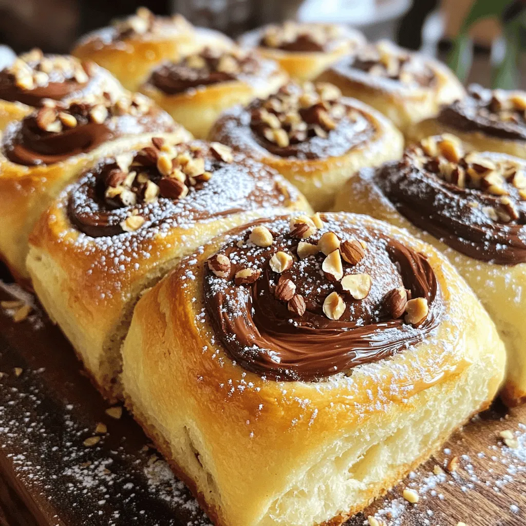 To make Nutella Rolls with Cream Cheese, you need a few key items. Here’s your list: - 1 large refrigerated pizza dough - 1/2 cup Nutella - 4 oz cream cheese, softened to room temperature - 1/4 cup powdered sugar - 1 tsp vanilla extract - 1 egg, beaten (for egg wash) - 1/4 cup chopped hazelnuts (optional, for topping) - Powdered sugar, for dusting Each ingredient plays a big role in the taste and texture of these rolls. The pizza dough provides a soft, chewy base. Nutella adds rich chocolate flavor. Cream cheese gives a creamy contrast. The powdered sugar sweetens the cream cheese mixture. Start by measuring your ingredients carefully. For the cream cheese mixture, use a small bowl. Mix the softened cream cheese, powdered sugar, and vanilla extract until smooth. This takes just a few minutes. Make sure to leave your cream cheese out for about 30 minutes before mixing. This makes it easier to blend. When you're ready, roll out the pizza dough on a lightly floured surface. Aim for a rectangle about 1/4 inch thick. This thickness helps the rolls bake evenly and stay soft. You can customize your Nutella Rolls if you want! Chopped hazelnuts are a tasty option. They add crunch and a nutty flavor. You can also dust the rolls with more powdered sugar before serving. This gives them a nice, sweet finish. For a fun twist, consider adding fresh fruit or spices. Sliced bananas or strawberries can brighten the flavor. Spices like cinnamon can add warmth and depth. This recipe is flexible and fun, so feel free to get creative! If you want the full recipe, just check out the details above. Start by preheating your oven to 375°F (190°C). Line a baking sheet with parchment paper. This step keeps the rolls from sticking. Next, lightly flour a clean surface. Roll out the pizza dough until it's about 1/4 inch thick. This creates a nice base for your filling. In a small bowl, mix the softened cream cheese, powdered sugar, and vanilla extract. Use a spatula or a mixer to blend until smooth. This creamy mixture adds a rich taste to the rolls. Spread this cream cheese mix evenly over the dough, leaving a small border of about 1/2 inch along the edges. Now, dollop Nutella over the cream cheese layer. Use a spatula to spread it evenly. The combination of Nutella and cream cheese is what makes these rolls so special. Begin rolling the dough from one long edge. Roll it tightly into a log shape. Make sure to press the edge to seal it well. This keeps the filling inside the rolls while baking. Once rolled, take a sharp knife and slice the log into 1-inch thick rolls. Position the rolls cut-side up on the prepared baking sheet. Be sure to leave some space between each roll for even baking. Brush the tops of the rolls with the beaten egg. This gives the rolls a shiny, golden finish. If you want some crunch, sprinkle chopped hazelnuts over the top. Place the baking sheet in the oven and bake for 15-20 minutes. Watch for the rolls to turn golden brown and puff up beautifully. Once done, take the rolls out and let them cool slightly on the baking sheet. Before serving, dust them with powdered sugar for a sweet touch. These Nutella rolls are sure to impress your family and friends. For a detailed recipe, check the Full Recipe. To bake the best Nutella rolls, focus on even heat. Preheat your oven to 375°F (190°C) before you start. This step is key. Use a baking sheet lined with parchment paper. This keeps the rolls from sticking. Space the rolls apart on the sheet. This allows hot air to flow around them, helping them bake evenly. A golden finish makes your rolls look great. Brush the tops with a beaten egg before baking. This step gives them a shiny, golden crust. For extra crunch and flavor, sprinkle chopped hazelnuts on top. They add a nice touch and a bit of texture. Keep an eye on the rolls while they bake. When they turn golden brown, they are ready to come out. Avoid overfilling the dough. Leave a small border around the edges. This prevents the filling from spilling out while baking. Don’t skip the egg wash; it is key for that golden color. Also, let the rolls cool slightly before dusting with powdered sugar. If you serve them too hot, the sugar may melt away. Follow these tips, and your Nutella rolls will impress everyone. For the full recipe, check out the detailed instructions above. {{image_4}} If you want to enjoy Nutella rolls without nuts, try sun butter. Sun butter is made from sunflower seeds and tastes great. Another option is almond butter, if you aren’t allergic to almonds. Both spreads have a rich, creamy texture. They offer a similar taste to Nutella without any hazelnuts. You can also use a chocolate spread that is nut-free. Just make sure to check the label for any hidden allergens. Want to add a fun twist to your Nutella rolls? You can mix in some sliced bananas or strawberries for a fruity touch. The sweetness of the fruit pairs well with the rich Nutella. If you like spices, try adding cinnamon or nutmeg to the cream cheese mixture. This gives the rolls a warm flavor that feels cozy. Another idea is to swirl in some peanut butter or caramel for a unique taste. For a vegan version of these rolls, swap the pizza dough for a vegan one. You can use a dairy-free cream cheese, which is easy to find at stores. Instead of egg wash, brush the tops with almond milk or maple syrup. This will give the rolls a nice sheen. You can still enjoy the rich flavors of Nutella, as many brands offer vegan options. With these swaps, you can savor Nutella rolls without any animal products. For the full recipe, check out the Nutella Cream Cheese Delight Rolls 🥯 section above! To keep the Nutella rolls fresh, store them in an airtight container. Line the container with paper towels to absorb moisture and prevent sogginess. Place a layer of rolls inside, then add another paper towel before sealing. This keeps the rolls soft and delicious for up to three days. If you have more rolls than you can eat, consider freezing some. When you want to enjoy a leftover roll, the best way to reheat it is in the oven. Preheat your oven to 350°F (175°C). Place the rolls on a baking sheet. Heat them for about 5 to 10 minutes. This method helps restore their fluffy texture. If you’re in a hurry, you can use the microwave. Heat for 15 to 20 seconds. However, the microwave might make them a bit chewy. Freezing your Nutella rolls is a great option for long-term storage. After baking, let them cool completely. Wrap each roll tightly in plastic wrap. Then, place them in a freezer-safe bag or container. They can stay fresh for up to three months. To enjoy, remove a roll from the freezer and let it thaw in the fridge overnight. Reheat as mentioned above for the best flavor. Yes, you can use homemade dough. Just make sure it is soft and smooth. This dough will work well with Nutella and cream cheese. If you have a favorite pizza dough recipe, feel free to use it. Roll out your dough to the right thickness, like the refrigerated kind. It will taste fresh and delicious! You will know the rolls are done when they look golden brown. The dough should puff up nicely, making them look fluffy. You can also check the bottom of a roll; it should feel firm and not doughy. If you want to be sure, use a toothpick. Insert it into the center of a roll; it should come out clean. Absolutely! You can mix in other spreads for added flavor. Try peanut butter for a classic combo. Almond butter also tastes great with Nutella. You can even add a layer of fruit spread for a fruity twist. Just remember to keep the total amount of spread similar to the Nutella amount. This will help the rolls stay balanced and delicious. For the complete recipe, check out the [Full Recipe]. You learned how to make delicious Nutella rolls from scratch. We covered the key ingredients, step-by-step instructions, and tips for perfect baking. You discovered fun variations, like nut-free and vegan options. Proper storage will keep your rolls fresh for later. With these ideas, you can enjoy Nutella rolls anytime. Experiment with flavors and toppings to make them your own. Happy baking!