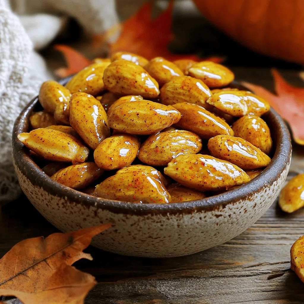 To make delicious pumpkin pie spiced almonds, you need a few key items: - 2 cups raw almonds - 2 tablespoons melted coconut oil - 3 tablespoons brown sugar (or coconut sugar for health) - 1 teaspoon pumpkin pie spice - ½ teaspoon sea salt - ¼ teaspoon cayenne pepper (optional) - 1 teaspoon vanilla extract These ingredients create the perfect mix of sweet, spicy, and salty flavors. The almonds provide crunch, while the spices bring warmth and depth. You can get creative with your pumpkin pie spiced almonds. Consider adding: - Chopped nuts for texture - Dried fruits for sweetness - Different spices like cinnamon or nutmeg These extras can make your snack unique. Feel free to experiment based on your taste. If you need alternatives, here are some good options: - Use olive oil instead of coconut oil for a different flavor. - Swap brown sugar with maple syrup for a vegan option. - Try pecans or walnuts instead of almonds for a nut-free snack. These substitutes can help you tailor the recipe to fit dietary needs. Enjoy the process of making this tasty treat! Check out the full recipe for more details. To start, gather all your ingredients. You need raw almonds, coconut oil, brown sugar, pumpkin pie spice, sea salt, cayenne pepper, and vanilla extract. Preheat your oven to 350°F (175°C). Line a baking sheet with parchment paper. This helps keep the almonds from sticking. 1. In a big bowl, mix the melted coconut oil, brown sugar, pumpkin pie spice, sea salt, and cayenne pepper. Whisk it well until it’s smooth. 2. Add the raw almonds to the bowl. Use a spatula to fold them gently into the mix. Make sure every almond gets coated. 3. Spread the almonds out on the prepared baking sheet. Keep them in a single layer with space between each nut. 4. Bake for 15-20 minutes. Halfway through, stir the almonds for even roasting. Watch closely so they don’t burn. 5. When they turn golden brown and smell good, take them out of the oven. Let them cool for about 10 minutes. They will harden as they cool. 6. After they cool completely, break apart any clusters. Move the spiced almonds to an airtight container to keep them fresh. Keep an eye on your almonds while they bake. Nuts can burn quickly, so stir them halfway through. If you want a stronger flavor, add more pumpkin pie spice. For a spicy kick, use cayenne pepper. Enjoy your crunchy snack! Check out the Full Recipe for more details. To make your pumpkin pie spiced almonds truly pop, consider adding a touch of zest. Citrus zest, like orange or lemon, brightens the flavors. You can also try a dash of maple syrup for a richer sweetness. Experiment with different spice blends. Cardamom or nutmeg can add depth. Each tweak gives the snack a new twist. Coating almonds well is key to flavor. Start with warm coconut oil. It helps the sugar and spices stick better. Use a large bowl for mixing. This gives you room to toss the almonds without spilling. Make sure every almond gets a good layer of the spiced mixture. This ensures a consistent taste in every bite. After baking, let the almonds cool on the baking sheet for about 10 minutes. This allows them to harden and become crunchy. For storage, use an airtight container. Keep them in a cool, dry place to maintain freshness. Proper storage can keep your spiced almonds tasty for up to two weeks. Enjoy them as a snack or sprinkle them on salads! {{image_4}} To add heat, mix cayenne pepper with your spices. Use ½ teaspoon for a mild kick. If you love spice, increase it to 1 teaspoon. This change makes the almonds exciting and bold. The warmth of the cayenne pairs well with the sweet pumpkin pie spice. It creates a flavor that dances on your tongue. You can mix sweet and savory flavors too. Try adding a pinch of garlic powder or smoked paprika. These spices add depth to your almonds. You may also drizzle a little maple syrup after baking. This adds a nice glaze that enhances the sweetness. Balance is key, so taste as you go. Don’t limit yourself to just almonds. Other nuts like pecans or walnuts work well too. They add different textures and flavors. You can also try seeds like pumpkin seeds or sunflower seeds. These options are great for those with nut allergies. Each nut or seed will bring its own unique crunch. For the full recipe, refer back to the main section. To keep your pumpkin pie spiced almonds fresh, store them in an airtight container. Glass jars or plastic containers work well. Make sure the lid is tight to keep out air. This helps keep the almonds crunchy and flavorful. These almonds stay fresh for about two weeks at room temperature. If you want them to last longer, store them in the fridge. They can stay fresh for up to a month this way. Always check for any signs of spoilage, like off smells or changes in texture. If your almonds lose some crunch, you can easily revive them. Preheat your oven to 350°F (175°C). Spread the almonds on a baking sheet in a single layer. Bake them for about 5-10 minutes. Keep an eye on them so they don’t burn. This will bring back their crispy texture, making them a perfect snack again. You can serve Pumpkin Pie Spiced Almonds in many fun ways. Place them in a bowl for a snack at a party. They also make a great topping for salads or yogurt. You can pair them with cheese for a tasty treat. Try serving them with hot cider or pumpkin spice lattes. They fit perfectly into any fall gathering. Yes, you can use other nuts for this recipe. Cashews, pecans, or walnuts work well too. Each nut brings its own flavor and texture. Just keep in mind that cooking times may change. Make sure to check them often while baking to avoid burning. Feel free to mix different nuts for a fun variety. Almonds are packed with nutrients. They are a great source of protein, healthy fats, and fiber. Eating almonds can help with heart health and weight management. Pumpkin pie spice adds extra benefits too. It often contains cinnamon, nutmeg, and ginger. These spices may help fight inflammation and improve digestion. Together, they make a tasty and healthy snack. For the full recipe, check out the details above. In this blog post, I covered how to make pumpkin pie spiced almonds. You learned about essential and optional ingredients, along with substitutes for different diets. We walked through step-by-step instructions to ensure perfect roasting. I shared tips to enhance flavors and ensure freshness. Finally, I provided variations and storage tips to keep your almonds tasty. Now, you can enjoy your unique snacks at any time!