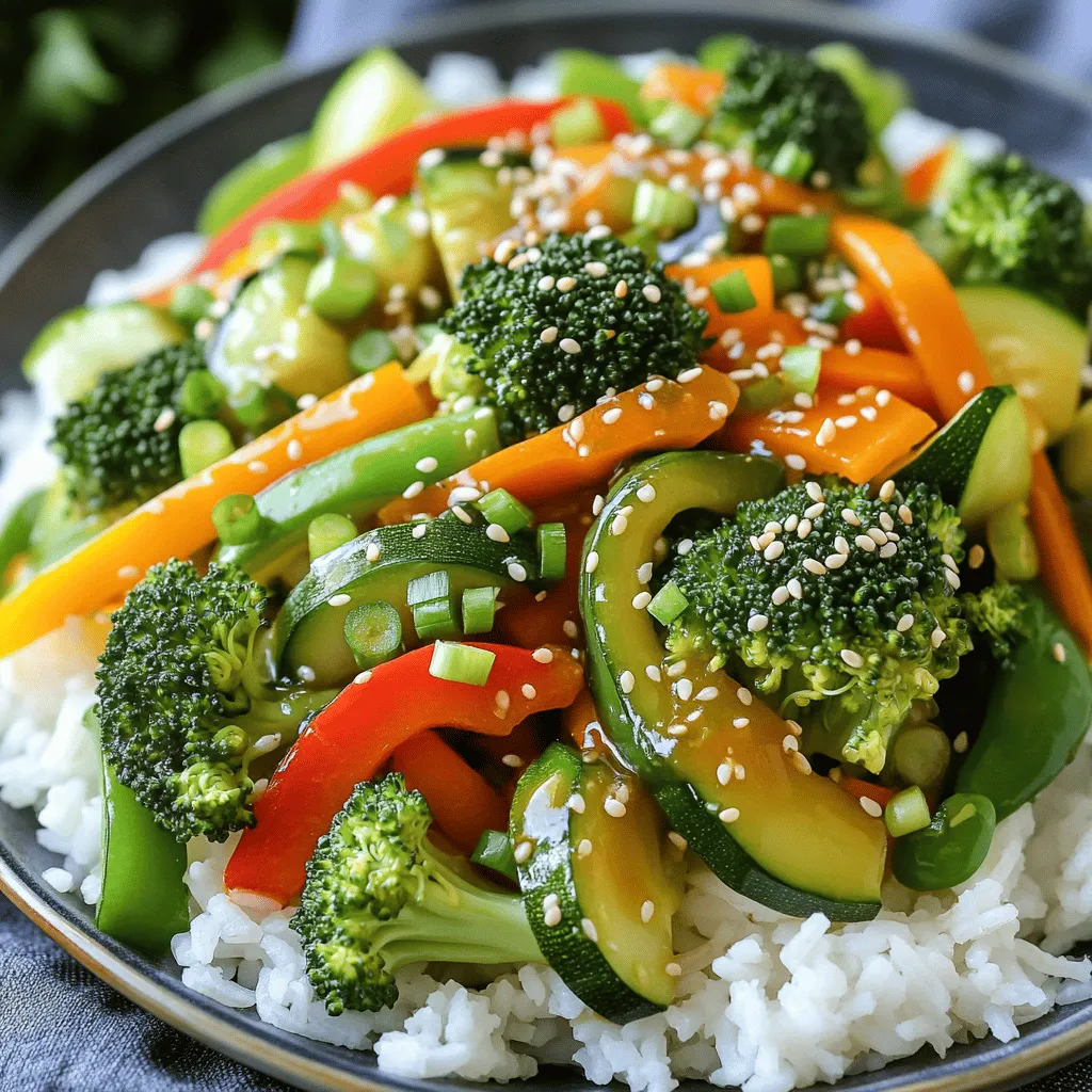 - 1 cup broccoli florets - 1 bell pepper, sliced (choose your favorite color) - 1 medium carrot, julienned - 1 medium zucchini, sliced into half-moons - 1 cup snap peas, trimmed - 2 cloves garlic, minced - 1 inch fresh ginger, grated - 3 tablespoons soy sauce (or tamari for a gluten-free option) - 2 tablespoons sesame oil - 1 tablespoon honey or maple syrup (for a vegan option) - 1 tablespoon cornstarch mixed with 2 tablespoons cold water (for thickening) This recipe uses fresh, vibrant vegetables. Broccoli adds crunch and color. Bell peppers bring sweetness and bright tones. Carrots give a nice bite, while zucchini offers softness. Snap peas add a crisp texture. For flavor, I use minced garlic and fresh ginger. They create a fragrant base. Together, they elevate all the tastes in the dish. The sauces are key. Soy sauce or tamari brings saltiness. Sesame oil adds a nutty flavor. Honey or maple syrup gives a hint of sweetness. The cornstarch and water mix thickens the sauce. This makes every bite delicious. I recommend using these fresh ingredients to make your stir-fry colorful and tasty. For the full recipe, check out the detailed instructions provided above. To start, gather your sauce ingredients. In a small bowl, combine: - 3 tablespoons soy sauce (or tamari for gluten-free) - 2 tablespoons sesame oil - 1 tablespoon honey or maple syrup - 1 tablespoon cornstarch mixed with 2 tablespoons cold water Whisk these until smooth. Set the sauce aside for later use. Next, heat a large skillet or wok. Add 1 tablespoon of sesame oil over medium-high heat. Wait until the oil shimmers. Then, add: - 2 cloves garlic, minced - 1 inch fresh ginger, grated Sauté these for about 30 seconds. You want them fragrant but not burned. Now, add the fresh vegetables: - 1 cup broccoli florets - 1 bell pepper, sliced Stir-fry them for 3-4 minutes until they soften a bit. Then, add more veggies: - 1 medium carrot, julienned - 1 medium zucchini, sliced - 1 cup snap peas, trimmed Continue stir-frying for another 3-5 minutes. You want them tender yet crisp. Pour your prepared sauce over the vegetables. Stir quickly to coat every piece. Cook for 2 more minutes to thicken the sauce. Now it's time to serve! Remove the pan from heat. Serve the stir-fry over cooked rice or noodles. For a lovely finish, garnish with: - Sesame seeds - Finely chopped green onions Enjoy your colorful and tasty meal! For the full recipe, check out the detailed instructions above. Choosing seasonal vegetables is a smart way to boost flavor. Fresh veggies taste better and add color. Look for broccoli, bell peppers, carrots, zucchini, and snap peas. Each brings its own crunch and taste to the dish. If you have dietary needs, swapping veggies is easy. Try using asparagus or bok choy instead. If you prefer a sweeter taste, add baby corn or sugar snap peas. Be creative and use what you have! Stir-frying is quick and fun. Start with a hot pan to get that perfect sear. Use a large skillet or wok for better heat distribution. Add a small amount of oil to avoid sticking. To keep your veggies crunchy, avoid overcooking. Stir-fry for just a few minutes until they soften but still look bright. This keeps their nutrients and color intact. Enhance your stir-fry with toppings. Sesame seeds add a nutty flavor. Chopped green onions give a fresh crunch. You can also use crushed peanuts for extra texture. For a beautiful dish, serve it in a shallow bowl. Drizzle extra sesame oil on top for a glossy finish. Add lime wedges on the side for a zesty kick. This makes your meal pop with color and taste! For the full recipe, check out Vibrant Vegetable Stir-Fry Delight! {{image_4}} You can easily add protein to your stir-fry. Tofu or tempeh works great. Just cut them into cubes and pan-fry until golden. For meat lovers, chicken, beef, or shrimp are tasty choices. Slice the meat thinly for quick cooking. Add them right after the garlic and ginger to make sure they are cooked through. If you need a gluten-free meal, use gluten-free soy sauce or tamari. These options taste just as good. To make the meal complete, serve it with rice or gluten-free noodles. Always check labels to ensure your ingredients are gluten-free. If you want a vegan dish, swap honey for maple syrup. It adds a nice sweetness. To boost flavors in a plant-based stir-fry, use a splash of lime juice or a sprinkle of nutritional yeast. These small changes can make a big difference in taste. For the full recipe, you can refer back to the vibrant vegetable stir-fry delight. Enjoy mixing and matching these variations to create a dish just for you! To store leftover stir-fry, first let it cool down. Place it in an airtight container. This helps keep it fresh for up to three days. I recommend using glass containers. They do not stain and are microwave safe. You can reheat stir-fry without losing texture by using low heat. For the best results, use a stovetop pan. Heat it slowly while stirring. This keeps the veggies crisp and tasty. You can also use a microwave. If you do, cover the dish and heat it in short bursts. Stir between each burst to ensure even heating. Yes, you can freeze vegetable stir-fry. To freeze it, let the stir-fry cool completely. Then, place it in a freezer-safe bag. Remove as much air as possible before sealing. To thaw, move it to the fridge overnight. Reheat it on the stovetop for the best flavor and texture. Stir-fry cooks quickly. You should expect about 10 to 15 minutes to finish. Cooking time can vary based on the veggies you choose. Fresh vegetables like broccoli and bell pepper soften in about 3 to 4 minutes. Carrots and zucchini take a bit longer, around 5 minutes. The goal is to keep them crisp and vibrant. If you need a soy sauce alternative, you have choices. Tamari is a great gluten-free option. Coconut aminos offer a sweeter flavor. For a lighter taste, consider using vegetable broth mixed with a bit of salt. Each option brings a unique flavor that can change your stir-fry. Yes, you can use frozen vegetables in your stir-fry. They are convenient and save prep time. However, they may release more water than fresh veggies. This could make your dish a bit soggy. To avoid this, cook them longer to evaporate excess moisture. You can still enjoy a flavorful meal with frozen vegetables! In this blog post, we explored how to make a delicious vegetable stir-fry. We discussed fresh vegetables, aromatics, and sauces to enhance flavor. I shared tips for selecting ingredients and cooking techniques to keep your veggies crunchy. We also covered variations for proteins and dietary needs, plus storage and reheating tips. A well-made stir-fry is quick, tasty, and flexible. You can always adapt it to what you like. Try it out and enjoy your healthy meal!