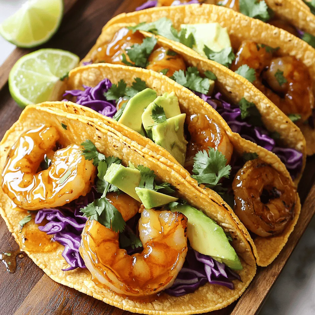 - 1 lb (450g) large shrimp, peeled and deveined - 3 tablespoons honey - 3 tablespoons soy sauce - 3 cloves garlic, finely minced - 1 tablespoon fresh ginger, grated - 1 tablespoon olive oil - 1 teaspoon fresh lime juice - 8 small corn tortillas - 1 cup red cabbage, finely shredded - 1 ripe avocado, sliced - 1/4 cup fresh cilantro, finely chopped - Lime wedges, for serving The main ingredients in this dish are simple yet flavorful. Large shrimp give a nice texture. Honey adds sweetness, while soy sauce brings a salty note. Garlic adds depth. Fresh ginger brightens the mix. You can find all these ingredients at your local market. When picking shrimp, look for firm ones with a mild scent. Fresh is best, but frozen shrimp work too. Just thaw them first. The additional ingredients play a big role too. Olive oil helps with cooking, while lime juice adds a zesty kick. Corn tortillas are perfect for holding all the goodness. For toppings, red cabbage adds crunch. Avocado brings creaminess, and cilantro adds a fresh herb flavor. Lime wedges are a must for squeezing on top. Ready to make these tacos? Check out the Full Recipe for all the steps. To start, grab a mixing bowl. Combine honey, soy sauce, minced garlic, grated ginger, olive oil, lime juice, sea salt, and black pepper. Whisk until everything mixes well. This mixture becomes the marinade for your shrimp. Next, add the peeled and deveined shrimp. Make sure each shrimp is covered in the marinade. Cover the bowl and place it in the fridge. Let it marinate for 15-20 minutes. This step helps the shrimp soak up all the flavors. While the shrimp marinates, prepare your toppings. In a separate bowl, add the finely shredded red cabbage. Sprinkle a pinch of sea salt over it. Gently toss the cabbage to mix. This process will soften the cabbage, making it tasty. Next, slice the ripe avocado into pieces. Chop the fresh cilantro finely. These toppings will add crunch and flavor to your tacos. After marinating, heat a skillet over medium-high heat. Once hot, add the marinated shrimp. Sear the shrimp for about 2-3 minutes on one side. You'll see them turn pink and start to caramelize. Flip the shrimp and cook for an additional 2 minutes. They should be opaque and firm when done. Remove the skillet from the heat to stop cooking. Now, it's time to warm the corn tortillas. You can heat them in a dry skillet for about 30 seconds on each side. Alternatively, pop them in the microwave for a few seconds. The goal is to make them pliable and warm. To put it all together, take a warm tortilla. Place a generous spoonful of cooked shrimp in the center. Top it with the softened shredded cabbage. Add slices of creamy avocado and a sprinkle of fresh chopped cilantro. Your honey garlic shrimp tacos are now ready to enjoy! For extra flavor, serve with lime wedges on the side. This dish is both simple and full of flavor. Enjoy every bite! To get the best flavor, let the shrimp marinate longer. I suggest at least 30 minutes. This time helps the shrimp soak up the sweet and savory marinade. Make sure each shrimp gets coated well. This way, every bite will be tasty and full of flavor. When cooking, avoid overcrowding the skillet. If you add too many shrimp, they will steam instead of sear. This can lead to a less crispy texture. Cook in batches if needed. Use high heat to get a nice caramelization. This adds depth to your dish and makes it look more appealing. These tacos taste great with sides like rice or beans. They can help balance the meal. You can also offer various toppings. Sour cream, hot sauce, or even extra lime can enhance the flavors. Let each person customize their taco to their liking! {{image_4}} You can swap shrimp for chicken or tofu. Both options taste great and offer unique flavors. If you want more seafood, try using grilled or roasted fish. Fish like salmon or tilapia works well in tacos. Each protein brings a different twist to the dish. To make your tacos even better, add some spices. A pinch of cayenne pepper gives a nice kick. You can also mix in other vegetables. Bell peppers or corn add color and crunch. These tweaks make the dish exciting and fresh. If you're gluten-free, use gluten-free tortillas. They taste good and hold everything together. For a vegan option, try plant-based shrimp. They are easy to find and cook just like regular shrimp. These changes help everyone enjoy honey garlic shrimp tacos. If you're curious about the full recipe, check out the Full Recipe section for all the details. You can keep leftover shrimp in an airtight container in the fridge for 1-2 days. This helps maintain flavor and freshness. Store your tortillas separately to avoid sogginess. You can freeze cooked shrimp for up to 3 months. This keeps them safe and tasty. When ready to eat, thaw the shrimp overnight in the fridge. Reheat them before serving to bring back their delicious flavor. For a quick option, use the microwave to reheat your shrimp. Just heat in short bursts to avoid overcooking. If you want better texture, reheat them in a skillet on medium heat for a few minutes. This gives a nice sear and keeps them juicy. Enjoy your tacos even after storage! For the full recipe, check out the details above. You can tell shrimp is cooked by its color and texture. Look for opaque and firm shrimp. The shrimp should turn pink on the outside. If it looks gray or translucent, it needs more time. Cooked shrimp will curl into a nice C shape. Avoid overcooking, as it can become tough. Yes, you can make the marinade ahead of time. Just mix the honey, soy sauce, garlic, ginger, and other ingredients. Store the marinade in the fridge for a day. This helps the flavors blend well. When ready, simply add your shrimp to the marinade. These tacos are great with several sides. Guacamole makes a creamy, tasty pair. Fresh salsa adds a nice kick. A light salad can balance the meal. You can also serve with lime wedges for extra flavor. Yes, you can use frozen shrimp for this recipe. Just make sure to thaw them completely before marinating and cooking. Thaw shrimp in the fridge overnight or run them under cold water. This keeps the texture nice and tender. This recipe is not spicy at all. It has a sweet and savory flavor. However, you can adjust the spice level easily. Add chili flakes or a splash of hot sauce if you like heat. This way, you can make it your own! For the full recipe, check out the complete guide. This blog post shared great ways to make honey garlic shrimp tacos. You learned about the main ingredients and how to marinate shrimp for the best taste. We covered cooking tips and how to make variations for different diets. You can enjoy these tacos in many ways, so try different toppings or proteins. Don’t forget that leftovers are easy to store. With this recipe, you can impress your friends and family. Enjoy making delicious shrimp tacos!