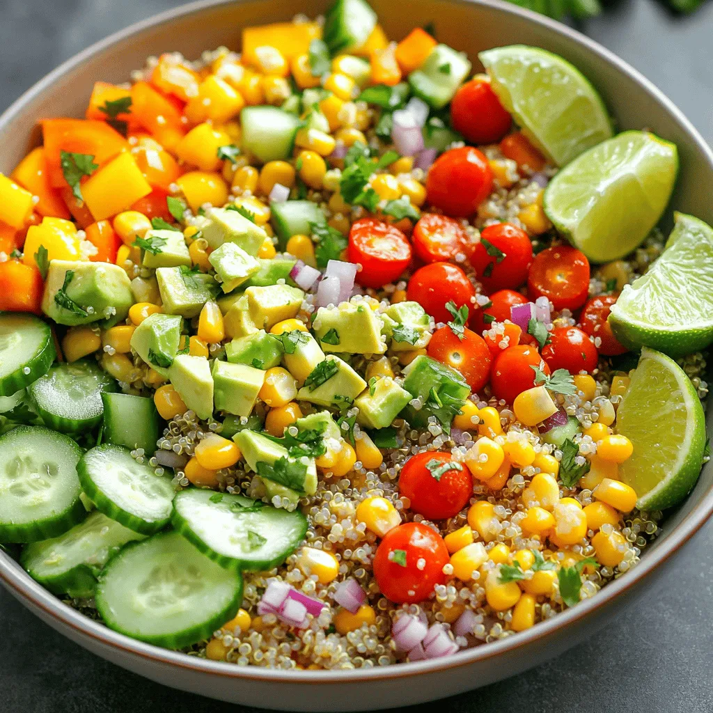 To make this salad, you'll need a few key items. Here’s the list: - 1 cup quinoa, rinsed thoroughly - 2 cups vegetable broth (or water) - 1 cup cherry tomatoes, halved - 1 crisp cucumber, diced - 1 bell pepper (any vibrant color), diced - 1 cup corn kernels (fresh off the cob or frozen for convenience) - 1 ripe avocado, diced - 1/4 cup red onion, finely chopped - 1/4 cup fresh cilantro, coarsely chopped - Juice of 1 lime - 2 tablespoons high-quality olive oil - 1 teaspoon ground cumin - Sea salt and freshly cracked pepper to taste These ingredients bring the salad to life. Each item adds texture and flavor. Quinoa serves as a filling base. The veggies add crunch and color. The dressing ties everything together with zesty lime and smooth olive oil. You can customize your salad with extra ingredients. Here are some ideas: - Feta cheese for a creamy touch - Black beans for more protein - Chopped nuts like almonds or walnuts for crunch - Fresh herbs like parsley or mint for a burst of flavor These optional add-ins can elevate your salad. They help you create a unique dish that fits your taste. This salad is not just tasty; it’s healthy too. Here’s why: - Quinoa: A complete protein. It contains all nine essential amino acids. - Vegetables: Full of vitamins and minerals. They support your immune system. - Avocado: High in healthy fats. It helps keep your heart healthy. - Cilantro: Rich in antioxidants. It may help detoxify your body. These ingredients make your salad a nutritious option. Eating this salad can support your overall health and wellness. For the complete recipe, check out the Full Recipe section. To cook quinoa just right, start by rinsing 1 cup of quinoa. This helps remove any bitter taste. In a medium saucepan, bring 2 cups of vegetable broth or water to a boil. Once it bubbles, add the rinsed quinoa. Stir it gently, then cover the pan. Lower the heat and let it simmer for about 15 minutes. When done, the grains should look fluffy and all the liquid should be gone. Remove it from heat, fluff it with a fork, and let it cool to room temperature. While the quinoa cools, gather your fresh veggies. In a large bowl, combine 1 cup of halved cherry tomatoes, 1 diced cucumber, and 1 diced bell pepper. You can choose any bright color for the pepper. Next, add 1 cup of corn kernels, whether fresh or frozen. Then, mix in 1 diced avocado, 1/4 cup of finely chopped red onion, and 1/4 cup of coarsely chopped cilantro. These ingredients bring vibrant colors and textures to your salad. Now, let’s whip up a tasty dressing. In a small bowl, whisk together the juice of 1 lime, 2 tablespoons of high-quality olive oil, and 1 teaspoon of ground cumin. Add a pinch of sea salt and freshly cracked pepper for extra flavor. This dressing will tie all the salad ingredients together beautifully. Once the quinoa has cooled, fold it gently into the bowl with the veggies. Drizzle the dressing over the top and use a spatula to toss everything. Be careful not to mash the avocado. Taste your salad and adjust the seasoning if needed. You can add more lime juice, salt, or pepper to suit your taste. For the full recipe, check out the complete details earlier in the article. To make fluffy quinoa, rinse it well before cooking. This removes the bitter coating. Use a medium saucepan. Bring your vegetable broth to a boil. Add the rinsed quinoa and stir briefly. Cover the pot and lower the heat. Let it simmer for about 15 minutes. Turn off the heat once done. Use a fork to fluff the grains gently. This keeps your quinoa light and airy. Avocados can turn brown quickly after cutting. To keep your avocado fresh, sprinkle lime juice on it. The acid slows down browning. You can also store it with the pit. Place it in an airtight container. Cover it with plastic wrap, pressing it against the flesh. This helps keep air out and keeps the color bright. This quinoa salad is very versatile. It works as a side dish or a main meal. Serve it chilled or at room temperature. You can pair it with grilled chicken or fish for protein. It’s great for lunch or dinner. You can also pack it for picnics. Serve it in a large bowl and add lime wedges. This adds extra flair to your meal. For the full recipe, check out the detailed instructions above. {{image_4}} For a Mediterranean twist, add olives and feta cheese. Use cherry tomatoes, cucumber, and red onion as your base. Mix in some cooked chickpeas for protein. Season with fresh herbs like oregano and parsley. Drizzle with lemon juice and olive oil for bright flavors. This salad is refreshing and full of life. To create a Southwest-inspired bowl, use black beans and corn. Add diced bell peppers and chopped cilantro. For a kick, include jalapeños or chili powder. Top it with avocado and a tangy lime dressing. This version is hearty and perfect for lunch or dinner. It brings a burst of bold flavors to your table. You can also use seasonal veggies for a fresh touch. In spring, add asparagus and peas. In summer, try zucchini and sun-ripened tomatoes. For fall, roasted butternut squash and kale work well. This keeps your salad exciting and aligned with what’s fresh. Each season brings new tastes and textures to enjoy. For the complete recipe, check out the Full Recipe. To keep leftover quinoa salad fresh, place it in an airtight container. Make sure to seal the lid tightly. Store it in the fridge. The salad will stay good for about three to five days. If you notice any browning on the avocado, remove that part before enjoying the salad again. You can freeze quinoa salad for later use. It is best to freeze it without the avocado. The avocado can turn mushy after thawing. Portion the salad into freezer-safe bags or containers. Remove as much air as possible from the bags. Label them with the date. Use frozen quinoa salad within three months for best taste. For storing quinoa salad, choose glass or BPA-free plastic containers. Glass containers work well because they don't absorb odors. Look for containers with tight-fitting lids. This keeps your salad fresh and avoids spills in your fridge. The best way to cook quinoa is simple. Start by rinsing it under cold water. This removes any bitter taste. Then, boil vegetable broth or water in a pot. Add the rinsed quinoa and stir it. Cover the pot and lower the heat. Let it simmer for about 15 minutes. When done, fluff it with a fork. This method gives you light and fluffy grains. Yes, you can make this salad ahead of time. Prepare the quinoa and let it cool first. Chop the veggies and mix them in a bowl. Store everything separately in the fridge. Combine them just before serving. This keeps the salad fresh and crunchy. The flavors will blend nicely if you let it sit for a bit. Absolutely! Quinoa is naturally gluten-free. All the other ingredients in this salad are also gluten-free. Use gluten-free vegetable broth or water for cooking. Just check labels on any canned or packaged items. This way, you can enjoy this salad worry-free. To enhance quinoa's flavor, use broth instead of water. Adding spices like cumin or garlic gives more depth. Toast the quinoa lightly in a dry pan before cooking. This brings out a nutty taste. You can also mix in fresh herbs or citrus juice after cooking. These tips will make your quinoa delicious and exciting. In this blog post, I shared how to make a delicious vegetarian quinoa salad. You learned about essential ingredients, cooking instructions, and storage tips. I provided ideas for different flavor variations and answered common questions. Quinoa salad is versatile and healthy. You can easily change it to fit your taste. Enjoy making it for any meal or occasion. Your kitchen will soon be filled with color and flavor!