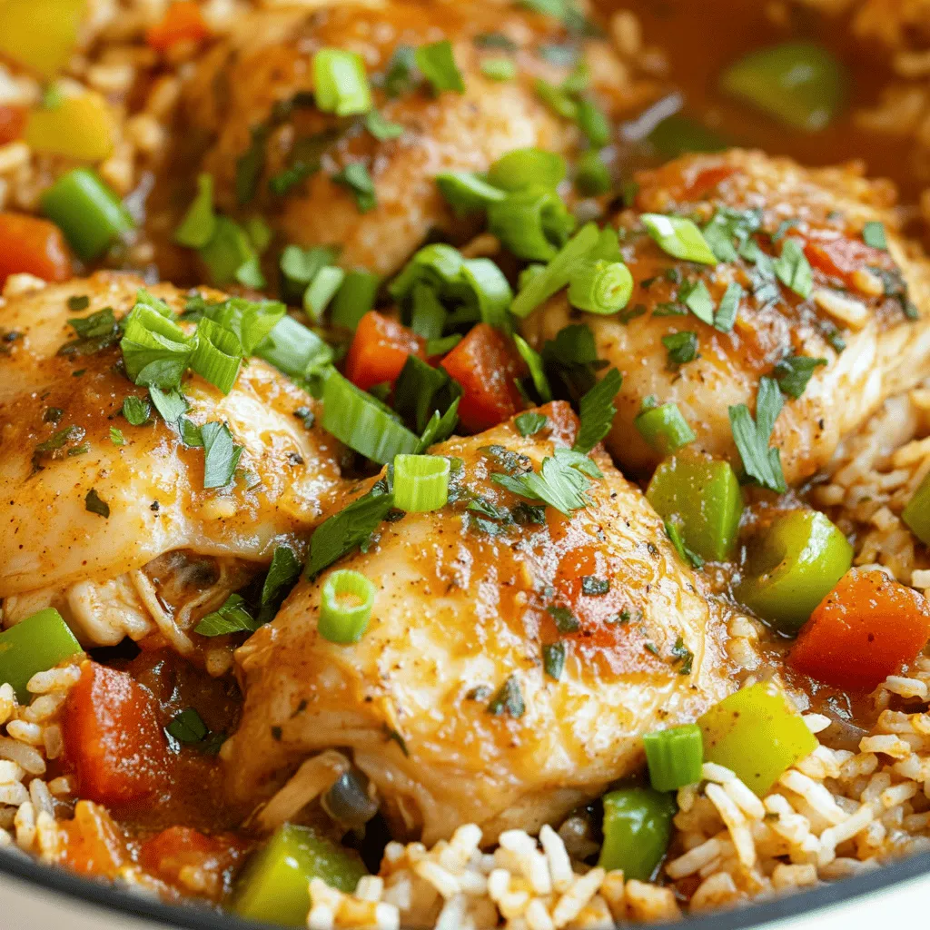 - 1 lb boneless, skinless chicken thighs - 1 cup long-grain rice - 1 medium onion - 2 cloves garlic - 1 green bell pepper - 1 celery stalk - 1 teaspoon smoked paprika - 1 teaspoon dried thyme - 1/2 teaspoon cayenne pepper - 4 cups chicken broth - 1 can (15 oz) diced tomatoes, undrained - 1 bay leaf - 2 tablespoons olive oil - Salt and freshly ground black pepper to taste The main ingredients create the heart of the dish. Chicken thighs bring rich flavor and moisture. Long-grain rice absorbs all the tasty juices. Onion and garlic add depth, while bell pepper and celery give crunch. The spices like smoked paprika and thyme really boost the taste. Diced tomatoes and chicken broth make it all come together in a delightful way. - Chopped green onions - Fresh herbs for additional flavor Garnishes add a pop of color and fresh taste. Chopped green onions sprinkle a bit of brightness. Fresh herbs can lift the flavors even more. You can customize your dish with these simple touches. Before you start cooking, gather all your ingredients. This makes the process smooth and fun. First, chop your chicken thighs into bite-sized pieces. Season them with salt, pepper, smoked paprika, dried thyme, and cayenne pepper. This step is key. Well-seasoned chicken adds tons of flavor to your dish. Let the seasoned chicken sit while you prep the veggies. 1. Heat 2 tablespoons of olive oil in a large pot or Dutch oven over medium heat. Wait until the oil shimmers. 2. Add 1 medium diced onion, 2 minced garlic cloves, 1 diced green bell pepper, and 1 diced celery stalk. Sauté for 5-7 minutes until tender. 3. Toss in the seasoned chicken and cook for 5-6 minutes. Stir often until the chicken is browned on all sides. 4. Add 1 cup of rinsed long-grain rice, 1 can of undrained diced tomatoes, 4 cups of chicken broth, and 1 bay leaf to the pot. Stir to combine. 5. Increase the heat to high and bring the mixture to a rolling boil. 6. Once boiling, reduce the heat to low and cover the pot. Let it simmer for 20-25 minutes. This allows the rice to cook and soak up the flavors. 7. After cooking, remove the bay leaf. Use a fork to fluff the rice gently. Taste and adjust seasoning if needed. Tips for even cooking: Keep the heat low after boiling. This ensures the rice cooks without burning. Stir occasionally to prevent sticking. To fluff the rice, gently pull it apart with a fork. This keeps the grains separate and light. Serve the chicken and dirty rice hot. Garnish with chopped green onions for a fresh touch. The green onions add color and a slight crunch. Enjoy your flavorful delight! For the full recipe, check the earlier section. To boost the flavor of your One Pot Chicken and Dirty Rice, add spices like smoked paprika and thyme. These spices bring warmth and earthiness to the dish. You can also mix in a bit of cayenne pepper for a kick. Simmering is key to melding flavors. Let your pot simmer for 20-25 minutes. This time allows the rice to soak up the broth and spices. For great taste, browning the chicken well is important. Start by heating olive oil in your pot until it shimmers. Add chicken in batches to avoid crowding. This way, you get a nice golden color. A Dutch oven works best for this dish. It distributes heat evenly and keeps moisture inside. If your rice is undercooked, add a bit more broth or water. Cover the pot and let it simmer longer. Check it every five minutes to avoid overcooking. If your dish tastes too salty, add a splash of water or more diced tomatoes. This helps balance the flavors without losing the dish's essence. {{image_4}} You can switch up the chicken for other meats. Try using chicken breasts instead of thighs. They will cook faster but may be less juicy. If you want a lighter option, turkey works great too. It has a nice flavor and is leaner. For plant-based choices, use chickpeas or tofu. Both soak up flavors well and add protein. Feel free to change the veggies based on what you like. If you prefer corn or peas, toss those in instead of bell peppers or celery. You can also swap the rice. If you want a healthier option, use brown rice. It adds a nutty taste and more fiber. Just adjust the cooking time, as brown rice needs longer to cook. To change the spice level, simply adjust the cayenne pepper. If you like it mild, use less or skip it entirely. You can add sweet bell peppers for a hint of sweetness. For those who love heat, try adding more cayenne or even diced jalapeños. If you choose jalapeños, remove the seeds to lessen the heat. To keep your One Pot Chicken and Dirty Rice fresh, cool it down first. Place it in a shallow dish. This helps it cool faster and store better. Use airtight containers to lock in flavor. Glass or plastic containers are great. Make sure to label them with the date. This way, you know when to eat them. When reheating, you want to keep it tasty. The best way is to use a pot on the stove. Add a splash of chicken broth or water. This helps prevent it from drying out. Stir it often for even heating. You can also use a microwave. Cover the dish with a damp paper towel. This keeps moisture in while it warms up. If you want to save it for later, freezing works well. Make sure it’s cooled down completely. Portion it into single servings for easy meals. Use freezer-safe bags or containers. Remove as much air as possible. This helps prevent freezer burn. When you're ready to eat, thaw it in the fridge overnight. For a quick option, you can use the microwave on defrost. Yes, you can prepare this dish ahead of time. Here are some tips for meal prepping: - Cook and cool: Make the dish as usual, then let it cool down. - Store properly: Place it in airtight containers. It stays fresh in the fridge for up to three days. - Reheat safely: When ready to serve, reheat it on the stove or in the microwave until hot. This way, you enjoy a quick meal without extra cooking. To make One Pot Chicken and Dirty Rice gluten-free, try these substitutes: - Rice choice: Use gluten-free rice like jasmine or basmati. - Broth: Ensure your chicken broth is labeled gluten-free. - Seasoning check: Verify that spices are free from gluten. These swaps let you enjoy this dish without any worries. Pairing side dishes can enhance your meal. Here are some ideas: - Green salad: A fresh salad with a light vinaigrette complements the dish well. - Steamed vegetables: Broccoli or green beans add a nice crunch. - Cornbread: This classic side brings a sweet contrast to the savory chicken and rice. Feel free to mix and match to suit your taste! For the complete recipe, check the [Full Recipe]. In this blog post, we explored how to make One Pot Chicken and Dirty Rice. We covered key ingredients, preparation steps, and cooking instructions. You learned tips for adding flavor and troubleshooting issues. We also discussed tasty variations and storage tips. This dish is easy and flexible, making it great for any meal. Enjoy creating it your way, and share it with friends and family!