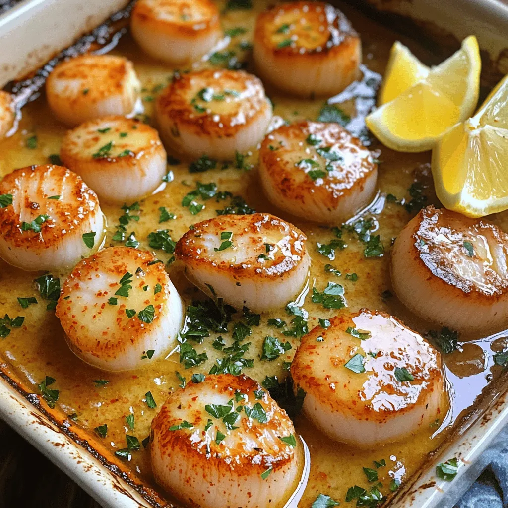To make garlic butter baked scallops, gather these simple items: - 1 pound sea scallops, thoroughly cleaned and patted dry - 4 tablespoons unsalted butter, melted - 4 cloves garlic, finely minced - 1 tablespoon freshly squeezed lemon juice - 1 teaspoon fresh parsley, finely chopped - 1/2 teaspoon smoked paprika for extra depth - Salt and freshly cracked pepper to taste - Lemon wedges for garnish Fresh ingredients make a big difference in this dish. High-quality scallops have a sweet, delicate taste. Fresh garlic adds a strong, savory punch. Using fresh parsley brightens up the flavors. When you choose fresh items, your dish will shine. Always aim for the best produce and seafood. You can easily swap some ingredients if needed. For a dairy-free option, use olive oil instead of butter. If you don't have fresh parsley, dried parsley works too. You can also use regular paprika instead of smoked paprika for a milder flavor. These swaps keep the dish tasty and fun! For the full recipe, check out the details above. First, gather all your ingredients. You need fresh sea scallops, butter, garlic, lemon juice, parsley, smoked paprika, salt, and pepper. Make sure your scallops are clean and dry. This step is key for a nice bake. Preheat your oven to 400°F (200°C) now. Grease a medium baking dish lightly to stop sticking. In a small bowl, whisk the melted butter with minced garlic, lemon juice, smoked paprika, and parsley. This creates a rich garlic butter sauce. Next, lay the scallops in a single layer in the baking dish. Season them well with salt and pepper. Pour the garlic butter sauce over the scallops evenly. This will add great flavor as they bake. Place the dish in the oven and set a timer for 12 to 15 minutes. After about 12 minutes, check the scallops. They should look opaque and firm to the touch. You want them to feel springy when pressed gently. If they need more time, put them back in the oven for a few more minutes. Once done, let them rest for a minute. This helps keep them juicy. Serve with lemon wedges for that zesty kick. You will love this dish! For the full recipe, check the earlier section. To get scallops just right, you want to bake them at 400°F. This temperature cooks them evenly. The ideal cooking time is 12 to 15 minutes. You can tell they are done when they turn opaque. Gently poke them; they should feel firm yet springy. If they feel too soft, they need more time. To boost the taste of your scallops, try adding fresh herbs. Basil or thyme can work well. A pinch of red pepper flakes adds a nice kick. You can also experiment with different lemon juices, like key lime, for a twist. Adding a splash of white wine to the garlic butter brings depth. One mistake is overcrowding the baking dish. Scallops need space to cook evenly. Not drying them properly can lead to a watery texture. Always season generously with salt and pepper. Forgetting to garnish with lemon can dull the flavor. Lastly, avoid overcooking; it makes scallops tough. For the complete recipe, check out the Full Recipe. {{image_4}} You can change the taste of garlic butter baked scallops easily. Use herbs like thyme or rosemary for a fresh twist. If you love spice, add crushed red pepper flakes to the garlic butter. You can also swap lemon juice for lime juice for a zesty kick. For a sweet touch, try a drizzle of honey in the sauce. All these changes can make your dish more unique. Baking is simple, but there are other ways to cook scallops. You can grill them for a smoky flavor. Just marinate the scallops in garlic butter and then grill them for about 3-4 minutes per side. Pan-searing is another tasty option. Heat some butter in a skillet, then cook the scallops for 2-3 minutes on each side. Each method gives you a different taste and texture. Serve garlic butter baked scallops with sides that complement their flavor. A crisp green salad pairs well, adding freshness. Crusty bread is also a great choice for soaking up the garlic butter. You might want to serve them with rice or pasta for a heartier meal. Add a glass of white wine for a special touch. This meal is not just tasty; it looks beautiful too. You can find the full recipe for garlic butter baked scallops to help guide you. To store your garlic butter baked scallops, let them cool first. Place them in an airtight container. They will stay fresh in the fridge for up to three days. Make sure to cover them well to keep the flavors intact. If you've added lemon wedges, remove them before storing. When you're ready to enjoy leftovers, preheat your oven to 350°F (175°C). Put the scallops in a baking dish. Add a bit of fresh garlic butter on top to keep them moist. Cover the dish with foil to prevent drying out. Bake for about 10 minutes or until heated through. You can freeze the baked scallops for up to one month. First, let them cool completely. Then, place them in a freezer-safe container. You can also use freezer bags, squeezing out as much air as possible. When ready to eat, thaw them in the fridge overnight before reheating. Feel free to explore the full recipe for additional tips! You should bake scallops at 400°F for 12 to 15 minutes. The scallops turn opaque and tender when done. I always check them at 12 minutes. Use a fork to gently poke them. They should feel firm but springy. Yes, you can use frozen scallops. Thaw them in the fridge overnight for the best results. If you need them quick, run them under cold water. Pat them dry well before cooking. This helps the scallops sear nicely. I love serving garlic butter baked scallops with a crisp green salad and crusty bread. You can also add some lemon wedges for a fresh touch. A light pasta or rice can work too. This makes a complete meal. Garlic butter baked scallops are high in protein and low in carbs. A serving has about 200 calories. They contain healthy fats from the butter. Scallops also provide vitamins like B12 and minerals like selenium. For precise values, check the Full Recipe. This blog post covered how to cook scallops perfectly. We discussed the key ingredients, focusing on the importance of fresh options. I shared step-by-step instructions, tips for great flavor, and common mistakes to avoid. You learned about variations and how to store your leftovers. In closing, cooking scallops can be easy and fun. With these tips, you'll impress your family and friends. Experiment with flavors and make it your own. Enjoy your delicious scallops!