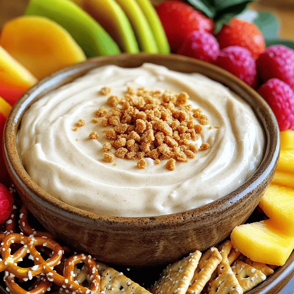 To create the creamy Biscoff fluff dip, you need just a few simple items. Each ingredient adds to the dip's rich flavor and smooth texture. Here’s what you’ll need: - 1 cup creamy Biscoff spread - 1 cup whipped cream cheese, softened to room temperature - 1 cup whipped topping (such as Cool Whip) - 1/4 cup powdered sugar - 1 teaspoon pure vanilla extract - Crushed Biscoff cookies for garnish - Assorted fresh fruit, pretzels, and graham crackers for dipping These ingredients work together to make a dip that is both light and indulgent. The Biscoff spread brings a sweet, caramel-like flavor that pairs well with the creamy elements. The whipped cream cheese and topping create a fluffy texture, making every bite delightful. Feel free to mix and match your dippers. Fresh fruit adds a juicy contrast, while pretzels give a salty crunch. Graham crackers provide a classic touch. You can find the full recipe and learn how to blend these flavors perfectly. 1. In a medium-sized mixing bowl, combine Biscoff spread and cream cheese. Use an electric mixer at medium speed. Mix until smooth and creamy. Make sure there are no lumps. 2. Add the vanilla extract and powdered sugar. Keep mixing on medium speed. Scrape down the sides of the bowl to blend everything well. 3. Now, fold in the whipped topping with a spatula. Be gentle to keep the fluffiness. Mix until everything is light and fully blended. 1. Once your dip is fluffy, transfer it to a nice serving bowl. This makes it look inviting. 2. For a special touch, sprinkle crushed Biscoff cookies on top. This adds crunch and makes it pretty. 3. Serve the Biscoff fluff dip with a variety of dippers. Fresh fruit, pretzels, and graham crackers work great. Everyone will enjoy dipping! You can find the full recipe for this delightful treat and more tips in the article. - Mixing tips for a light texture: To get a light fluff dip, mix slowly at first. Start with the Biscoff spread and cream cheese. Once smooth, add powdered sugar and vanilla. Then mix at a higher speed until everything blends well. This helps keep air in the dip. - Suggest using room temperature ingredients: Make sure your cream cheese is soft. It blends better with the Biscoff spread. Cold ingredients make it hard to mix smoothly. If you take them out ahead of time, they will mix easily. - How to avoid lumps in the mixture: To prevent lumps, beat the cream cheese well before adding anything else. Mix until smooth. Scrape the bowl sides often to catch any lumps. This keeps your dip creamy and uniform. - Presentation ideas for gatherings: For a great look, use a colorful bowl. Place the dip in the center and surround it with dippers. You can drizzle extra Biscoff spread on top for a nice touch. This adds charm and makes it more appealing. - Complementary flavors to enhance the dip: Pair the dip with fresh fruit like strawberries or apples. The sweetness of the fruit works well with the Biscoff flavor. You can also try salty snacks like pretzels for a fun contrast. - Recommended dippers for variety: Offer a mix of dippers for everyone. Fresh fruit, pretzels, and graham crackers are great options. You can even add some chocolate cookies for extra sweetness. This lets guests choose what they like best. {{image_4}} You can change up the taste of your Biscoff fluff dip in fun ways. Here are a few ideas: - Incorporating chocolate or caramel: You can mix in chocolate or caramel sauce. This adds a rich layer of flavor. A drizzle on top also makes it look fancy. - Adding spices like cinnamon or nutmeg: A dash of cinnamon or nutmeg gives a warm taste. It makes your dip feel cozy, perfect for cold days. Just a pinch can transform the dip's flavor. - Using flavored whipped topping: Try a flavored whipped topping. Options like chocolate or vanilla can add a new twist. This small change can surprise your taste buds. We all have different diet needs, and you can easily adapt this dip. - Gluten-free options for dippers: If you want gluten-free dippers, choose fruits, rice cakes, or gluten-free pretzels. They pair well with the dip and keep it safe for everyone. - Vegan alternatives for cream cheese and whipped topping: You can make a vegan version too! Use vegan cream cheese and whipped topping. It tastes just as good and lets everyone enjoy this treat. These variations let you play with flavors and diets, ensuring everyone can enjoy this creamy and delicious treat. For the full recipe, check the earlier section. To store leftovers of your Biscoff fluff dip, place it in an airtight container. This keeps the dip fresh and tasty for up to five days. Before sealing, press a piece of plastic wrap directly on the surface of the dip. This helps prevent air from getting in, which can cause it to dry out. When you're ready to enjoy it again, just give it a gentle stir. This will help return its creamy texture. If you want to freeze the Biscoff fluff dip, you can do so! Use a freezer-safe container and fill it, leaving some space at the top. This allows for expansion when the dip freezes. To thaw, move it to the fridge overnight. After thawing, gently stir the dip to bring back its smoothness. Be aware that freezing may slightly change the texture, but it will still taste delicious! To make Biscoff Fluff Dip, start with these steps: - Mix 1 cup of creamy Biscoff spread with 1 cup of softened cream cheese. - Use an electric mixer on medium speed until smooth. - Add 1 teaspoon of vanilla extract and 1/4 cup of powdered sugar. - Mix again until combined, scraping the bowl as needed. - Gently fold in 1 cup of whipped topping until light and fluffy. - Transfer to a bowl and top with crushed Biscoff cookies. Yes, you can make this dip ahead. Prepare it a day in advance. Store it in the fridge until you need it. This dip tastes great even after a day in the fridge. Just keep it covered to maintain freshness. If you cannot find Biscoff spread, try cookie butter or speculoos spread. Nut butters like almond or peanut butter work too, but they will change the flavor. Using a different spread may not give the same taste, but it can be fun to experiment! The Biscoff fluff dip lasts about 3 to 5 days in the fridge. Store it in an airtight container. If you notice any change in texture or smell, it’s best to toss it. Enjoy this creamy treat while it’s fresh! This article covers how to make a flavorful Biscoff dip. We started with the key ingredients, including creamy Biscoff spread and whipped cream cheese. Then, we outlined simple steps to prepare and garnish your dip. I shared useful tips for a perfect texture and serving ideas. I also included variations for different tastes and dietary needs. Remember, you can store leftovers easily and enjoy this treat later. Now, you have everything you need to impress at your next gathering. Enjoy your delicious creation!