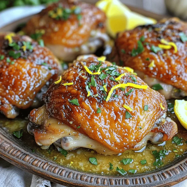 - 4 bone-in, skin-on chicken thighs - 4 tablespoons unsalted butter - 6 cloves garlic, minced - 1 lemon (zested and juiced) - 1 teaspoon dried thyme - 1 teaspoon dried rosemary - Salt and freshly cracked black pepper - Fresh parsley for garnish The main ingredients for garlic butter chicken thighs are simple yet powerful. The chicken thighs bring rich flavor and juicy texture. The skin crisps up beautifully when cooked right. The butter adds a creamy touch, while garlic provides a robust aroma. To boost the flavor, I add lemon zest and juice. The lemon brightens the dish and cuts through the richness. Thyme and rosemary add warmth and depth. These herbs balance the garlic and butter nicely. When it comes to seasoning, salt and black pepper are key. They enhance all the flavors in the dish. Fresh parsley makes a lovely garnish. It adds color and a fresh taste. For the full recipe, check out my detailed instructions. You’ll love how easy it is to make this flavorful dinner delight! - Preheat your oven to 400°F (200°C). This helps cook the chicken evenly. - Pat the chicken thighs dry using paper towels. Dry skin helps make it crispy. - Season both sides of the thighs with salt and freshly cracked black pepper. This adds great flavor. - Melt 2 tablespoons of butter in an oven-safe skillet over medium heat. Wait until it bubbles. - Place the chicken thighs skin-side down in the skillet. This step helps to get a nice golden brown color. - Sear the thighs for 5-7 minutes. Look for a rich, golden brown skin. Flip them and cook for another 2-3 minutes. - Lower the heat back to medium and add minced garlic to the skillet. Stir it around for about 30 seconds. You want it to smell great without burning. - Carefully pour in the lemon juice and add the lemon zest, thyme, and rosemary. Stir in the last 2 tablespoons of butter until it melts. This makes a yummy sauce. - Transfer the skillet to the preheated oven. Bake for 25-30 minutes until the chicken reaches 165°F (75°C). This ensures it is safe to eat. - Once done, take the skillet out of the oven carefully. Let the chicken rest for 5 minutes. This helps keep the juices inside. - Before you serve, sprinkle fresh parsley on top. This adds a nice pop of color. For the full recipe, check out the complete instructions above. Enjoy your flavorful dinner delight! To get that perfect crispy skin, start by drying the chicken well. Use paper towels to remove any moisture. This step is key because wet skin won’t crisp up. Next, focus on your searing technique. Heat your skillet until it's hot before adding the chicken. Sear skin-side down for about 5-7 minutes. This will create a golden, crunchy crust that you’ll love. To take your garlic butter chicken thighs to the next level, think about adding more herbs. Fresh thyme or oregano can give you a fragrant boost. You can also experiment with spices like paprika or smoked paprika. These will add warmth and depth to your dish. Don’t be afraid to mix and match flavors to find what you enjoy most. When it comes to serving, pair your chicken thighs with simple sides. Steamed veggies or a fresh salad complement the rich flavors. For a heartier meal, consider mashed potatoes or rice. To make your dish look stunning, arrange the chicken on a platter. Drizzle the garlic butter sauce over the top and add lemon wedges. A sprinkle of fresh parsley will brighten the plate. Enjoy your delicious garlic butter chicken thighs with style! For the complete recipe, check out the [Full Recipe]. {{image_4}} You can switch out chicken thighs for chicken breasts or drumsticks. Chicken breasts will cook faster, so keep an eye on them. Drumsticks maintain a juicy flavor and are fun to eat. If you want to try something different, substitute with turkey thighs. They have a rich taste and work well with the garlic butter sauce. To shake things up, try using different citrus fruits. Orange can add a sweet twist to your dish. Squeeze the juice and add the zest for a nice aroma. If you enjoy some spice, sprinkle in red pepper flakes. They will give the chicken a nice kick and wake up your taste buds. For gluten-free options, choose gluten-free butter, as most brands are safe. You can also use fresh herbs instead of dried. If you follow a Paleo diet, swap out the butter for coconut oil. This keeps the dish light while still being tasty and satisfying. After you finish your meal, let the chicken cool down. Once cool, place it in an airtight container. This helps keep the chicken fresh. Store the container in the fridge. It will last up to three days. Avoid letting the chicken sit out for too long. To reheat, you have a few options. The oven works well; set it to 350°F (175°C) and heat for about 15-20 minutes. You can also use a microwave. Place the chicken on a plate, cover it, and heat in short bursts. This helps keep the chicken juicy. If it feels dry, add a splash of chicken broth or water. You can freeze the garlic butter chicken thighs. First, let them cool completely. Wrap each thigh in plastic wrap. Place the wrapped thighs in a freezer bag and seal tightly. They can last up to three months in the freezer. When you're ready to eat, thaw them in the fridge overnight. Reheat as mentioned above to enjoy! Cook chicken thighs until they reach an internal temperature of 165°F (75°C). Bake them for 25-30 minutes at 400°F (200°C). This ensures they are juicy and safe to eat. Remember, always use a meat thermometer for the best results. Yes, you can use boneless chicken thighs. They cook faster, so reduce the oven time to about 20-25 minutes. Keep an eye on the internal temperature to ensure they still reach 165°F (75°C). This swap will still give you a tasty dish! Pair your garlic butter chicken thighs with simple sides. Consider serving them with: - Roasted vegetables - Creamy mashed potatoes - Steamed rice - Fresh green salad These sides will complement the rich flavors of the chicken nicely. You can prepare this dish in advance and store it in the fridge. Cook the chicken, let it cool, then cover it tightly. You can store it for up to three days. Reheat in the oven or microwave, ensuring it reaches 165°F (75°C) again before serving. Yes, this recipe is great for meal prep! Store the cooked chicken in airtight containers. It will stay fresh in the fridge for up to three days. You can also freeze it for longer storage. Just thaw it in the fridge before reheating. Enjoy Garlic Butter Chicken Thighs throughout the week! For the full recipe, check the recipe section above. Making garlic butter chicken thighs is simple and delicious. We covered the main ingredients like chicken, butter, and garlic. You learned how to sear and bake for crispy skin. Remember to try different flavors and pair with tasty sides. Store leftovers properly and reheat for the best results. This dish is not just great for dinner; it’s also ideal for meal prep. Enjoy your cooking, and experiment with flavors that you love. Happy cooking!