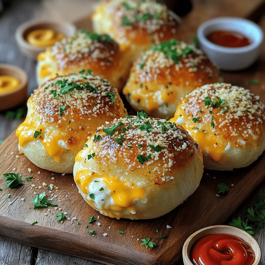 - 1 lb (450g) ground beef - 1 cup (100g) shredded cheddar cheese - 1/2 cup (120g) cream cheese, softened - 1/4 cup (25g) grated Parmesan cheese The main ingredients create a rich and tasty filling. Ground beef gives a hearty base. Cheddar cheese adds sharpness, while cream cheese makes it creamy. Parmesan cheese provides a nutty flavor that ties everything together. - 1 teaspoon garlic powder - 1 teaspoon onion powder - Salt and pepper to taste - 1 can (8-count) refrigerated biscuits These seasonings boost the flavor of the filling. Garlic powder adds depth, while onion powder gives a slight sweetness. A pinch of salt and pepper brings all the tastes out. The refrigerated biscuits serve as the dough, wrapping up the delicious filling. - 2 tablespoons (30ml) melted butter - Fresh parsley, chopped (for garnish) Melted butter gives the bombs a golden and crispy top. Fresh parsley adds a pop of color and freshness. It makes your Garlic Parmesan Cheeseburger Bombs look great and taste even better. For the full recipe, check the sections below to create this tasty treat! 1. Preheat oven and prepare baking sheet: Start by preheating your oven to 375°F (190°C). Line a baking sheet with parchment paper. This will help the bombs not stick during baking. 2. Mix beef and cheese ingredients: In a large bowl, add the ground beef, cheddar cheese, cream cheese, Parmesan cheese, garlic powder, onion powder, salt, and pepper. Use your hands or a spoon to mix until everything is well combined. 1. Flatten biscuits and add filling: Open the can of biscuits and carefully separate each one. Flatten them slightly by pressing them in your hand or on a clean surface. Aim to make small discs. 2. Seal and arrange on baking sheet: Place about a tablespoon of the cheeseburger mixture in the center of each biscuit. Fold the edges over the filling and pinch the seams tightly. Arrange these filled bombs seam-side down on the baking sheet. 1. Brush with butter and bake: Take a pastry brush and generously coat the tops of each bomb with melted butter. This will help them turn golden brown. Place the baking sheet in the oven and bake for 15-20 minutes. Look for them to puff up and turn golden. 2. Cooling and garnishing: Once they are baked, remove the bombs from the oven. Let them cool for a few minutes. This cooling time is important as the filling will be hot. For a fresh touch, sprinkle some chopped parsley on top before serving. For the full recipe, check the original list of ingredients and instructions to ensure you have everything ready for these tasty treats! To get the best flavor and texture, sealing is key. Make sure to pinch the edges of each biscuit tightly. This keeps the filling inside while baking. If they are not sealed well, the filling may leak out, making a mess. Keep an eye on your baking time. I recommend checking your bombs around 15 minutes. If they look golden and puffed, they are ready to come out. Overbaking can dry them out, so set a timer. Dipping sauces can add a fun twist. Ketchup and mustard are classics. Ranch dressing also pairs well. You can even make a spicy mayo for a kick. For a creative touch, serve your bombs on a wooden board. Scatter fresh parsley around them to add color. This small detail makes a big difference in how your dish looks. You will need some essential tools to make this recipe easy. A large mixing bowl is a must for blending the ingredients. A baking sheet lined with parchment paper helps with cleanup. Using a pastry brush is great for applying melted butter. This ensures even coverage and enhances flavor. A rolling pin can also help if you want to flatten the biscuits evenly. For the full recipe, check the detailed instructions. Enjoy making these tasty Garlic Parmesan Cheeseburger Bombs! {{image_4}} You can mix things up by using different cheeses. Try mozzarella or gouda for a new twist. Each cheese brings its own taste and texture. You can also change the protein. Ground turkey or chicken works well if you prefer a lighter option. You could even use plant-based meat for a vegetarian choice. To boost flavor, add spices or herbs. Try a pinch of paprika or some Italian herbs. These additions can make your bombs extra tasty. You can also toss in some veggies. Diced bell peppers or chopped onions can add crunch and nutrients. Just be careful not to overload the filling. Too many veggies can make it hard to seal the biscuits. Garlic Parmesan Cheeseburger Bombs work great as appetizers or a main dish. If you serve them as appetizers, make smaller versions. They are perfect for parties or game days. As a main dish, pair them with sides. Fries or a fresh salad are great choices. You could also serve them with dipping sauces. Ketchup, mustard, or ranch dressing can add extra flavor. Enjoying these bombs in different ways keeps your meals exciting. To keep your Garlic Parmesan Cheeseburger Bombs fresh, store them in an airtight container. Place parchment paper between layers to prevent sticking. They stay good in the fridge for about 3 days. Always check for any signs of spoilage before eating. For the best results, reheat your bombs in the oven. Set it to 350°F (175°C) for 10-15 minutes. This method keeps them crispy. If you use a microwave, place a paper towel over them. This helps avoid sogginess but may not keep them as crisp. You can freeze these bombs before or after baking. If freezing before baking, arrange them on a tray, then freeze until firm. Transfer to a bag for longer storage. For thawing, leave them in the fridge overnight before baking. If frozen after baking, reheat in the oven, as mentioned above. Can I use turkey instead of beef? Yes, you can use ground turkey. It makes a lighter bomb. Just make sure to add some extra seasoning. Turkey can be less flavorful than beef. What can I substitute for cream cheese? You can use Greek yogurt or sour cream. Both options keep the filling creamy. They also add a nice tangy flavor. Why did my bombs not rise? If your bombs didn't rise, check the biscuits. Make sure they are fresh and not expired. Old biscuits might not puff up. How can I prevent soggy biscuits? To avoid soggy biscuits, don't overfill them. Seal the edges tightly. Brush with melted butter just before baking. This helps create a nice crust. Can I make this gluten-free? Yes, use gluten-free biscuits. Many brands offer good alternatives. Check labels for gluten-free options at your store. What to serve with Garlic Parmesan Cheeseburger Bombs? These bombs pair well with dipping sauces. Try ketchup, mustard, or ranch. Serve with a fresh salad or crispy fries for a full meal. For the full recipe, check out the link. This blog covered how to make delicious Garlic Parmesan Cheeseburger Bombs. We explored key ingredients, step-by-step instructions, and tips for success. You learned about ingredient swaps and creative ways to serve these treats. In closing, this recipe is flexible and fun. Don’t hesitate to make it your own. Enjoy every bite and impress your friends and family!