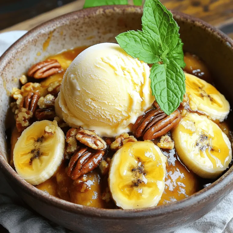 - 4 ripe bananas, peeled and halved lengthwise - 1/2 cup unsalted butter - 1 cup packed brown sugar - 1 teaspoon pure vanilla extract - 1/2 teaspoon ground cinnamon - 1/4 teaspoon ground nutmeg - 1/2 cup chopped pecans - 4 generous scoops of creamy vanilla ice cream (for serving) - Fresh mint leaves (for garnish) Using ripe bananas is key. They should be yellow with a few brown spots. This ripeness gives the best flavor and sweetness. For the butter, choose unsalted. This allows you to control the salt in the dish. Use fresh vanilla extract, not imitation. It enhances the taste of the sauce. For the sugar, packed brown sugar adds a rich, caramel flavor. Pecans give Southern Bananas Foster its crunch. They pair well with the soft bananas. The spices, cinnamon and nutmeg, are common in Southern desserts. They add warmth and depth to the dish. This recipe brings a taste of the South to your table. Enjoy the mix of flavors and textures in every bite. For the full recipe, check the section above. 1. First, grab a large skillet. Melt the unsalted butter over medium heat. 2. Once the butter is melted, add the packed brown sugar. Stir until it dissolves. 3. Next, pour in the pure vanilla extract. Add the ground cinnamon and nutmeg. 4. Let this bubble for about 2 minutes. Stir occasionally to mix the flavors. 5. Carefully place the halved bananas cut-side down in the skillet. Cook for 2-3 minutes. 6. Use a spoon to baste the bananas with the syrup for more flavor. 7. After 2-3 minutes, flip the bananas with a spatula. Sprinkle the chopped pecans around them. 8. Cook for another 2 minutes until the bananas warm and caramelize. 9. Remove the skillet from heat. Let it cool for a minute to deepen the flavors. 10. To serve, scoop vanilla ice cream into bowls. Ladle the warm banana mixture over the ice cream. 11. Finish with fresh mint leaves on top for color and flavor. - Use ripe bananas. They should be soft and slightly speckled for the best taste. - Stir the mixture often to prevent burning. The sugar can stick to the skillet. - Don’t rush the cooking time. This allows the bananas to caramelize well. - Serve right away to enjoy the warm bananas with cold ice cream. - Always keep a fire extinguisher nearby when using alcohol in cooking. - Be careful when adding alcohol to hot pans. It can ignite quickly. - Flame the dish away from your face to ensure safety. - If you're not comfortable with flames, skip the alcohol and enjoy the dessert without it. To get the best caramelization, use ripe bananas. They should have some brown spots. This shows they are sweet enough. When you melt the butter, keep the heat medium. Too high will burn the sugar. Stir the mixture often as the sugar melts. This helps it blend well with the butter. When you add the bananas, let them sit cut-side down for a bit. This helps them soak up the syrup and get that nice golden color. One common mistake is not using enough butter. You need enough to coat the bananas well. Also, don’t rush the cooking process. If you cook the bananas too fast, they can turn mushy. Another mistake is not flipping the bananas carefully. Use a spatula to turn them gently. This keeps them whole and pretty. Lastly, don’t skip the ice cream. It balances the warm syrup perfectly. When serving, use shallow bowls to show off the dish. Place a scoop of ice cream first. Then, pour the warm banana mixture over it. The hot syrup will melt the ice cream a bit, creating a creamy mix. You can sprinkle extra pecans on top for crunch. I also like adding mint leaves. They give a nice pop of color and flavor. For extra fun, serve with a side of caramel sauce. For the full recipe, you can check the link above. {{image_4}} You can play with flavors in Southern Bananas Foster. Try adding rum or bourbon for warmth. A hint of coconut can add a tropical twist. For a spice kick, consider adding ginger. You can also swap pecans for walnuts or almonds. Each choice changes the taste while keeping the core dessert the same. To make this dish dairy-free, use plant-based butter. For the ice cream, choose a coconut or almond milk version. These swaps keep the creaminess while fitting into a vegan diet. The flavors remain rich and delightful. You won't miss the dairy at all! Seasonal fruits can enhance this dish. In fall, add diced apples for warmth. In spring, try fresh berries for a bright touch. You can also use citrus zest like lemon or orange to brighten the dish. Each season brings new flavors that keep this dessert exciting. For the complete guide, check out the Full Recipe. To store leftovers, let the bananas foster cool down. Place it in an airtight container. You can keep it in the fridge for up to three days. Make sure the ice cream is kept separate. This helps it stay creamy and smooth. When you’re ready to eat, gently reheat the banana mixture. Use a skillet over low heat. Stir it often to avoid burning. You can also add a splash of water or butter to help it warm up. Heat until it’s warm, but not boiling. Serve it over fresh ice cream for the best taste. If you want to prep ahead, you can cut the bananas and make the syrup. Store them separately in the fridge. When you are ready to eat, just warm the syrup, add the bananas, and serve. This saves time and keeps your dessert fresh. For an extra treat, always prepare your ice cream fresh! You can find the Full Recipe for Southern Bananas Foster to guide your meal prep. Bananas Foster began in New Orleans. It was created in the 1950s by Chef Paul Blangé. He made it at Restaurant Brennan's. The dish honors Richard Foster, a friend of the restaurant owner. The recipe quickly became popular and spread across the nation. It features bananas cooked in a rich sauce. This sauce has butter, sugar, cinnamon, and rum. The flames from the rum add fun and drama. It is a classic dessert that many love. You can prepare some parts in advance. You can peel and slice the bananas ahead of time. Keep them in lemon juice to prevent browning. You can also mix the sauce ingredients earlier. However, I recommend making the dish fresh. The bananas taste best when warm and caramelized. Cooking it just before serving keeps everything tasty and bright. If you do not have pecans, you can use walnuts or almonds. Both nuts work well in this dish. You can also skip nuts if you want a nut-free option. The dessert will still taste great without them. For a twist, try adding toasted coconut for added flavor and crunch. You can make a delicious non-alcoholic version. Simply skip the rum or any liquor. Instead, add a splash of apple juice for sweetness. You can also use a bit of vanilla extract to enhance the flavor. The rest of the recipe stays the same, and it will still taste amazing! Check out the full recipe for Southern Bananas Foster above. You’ll find all the ingredients and steps needed to create this amazing dessert. Enjoy making this warm, sweet treat! We've covered the key points for making Southern Bananas Foster. We explored ingredients, cooking steps, and tips for great flavor. You learned how to store leftovers and avoid common mistakes. Remember, the right ingredients and cooking techniques make all the difference. Enjoy experimenting with variations and serving options. Whether for a special event or just a treat, this dessert will impress. So, gather your ingredients and get cooking! Trust me, it’s well worth it.