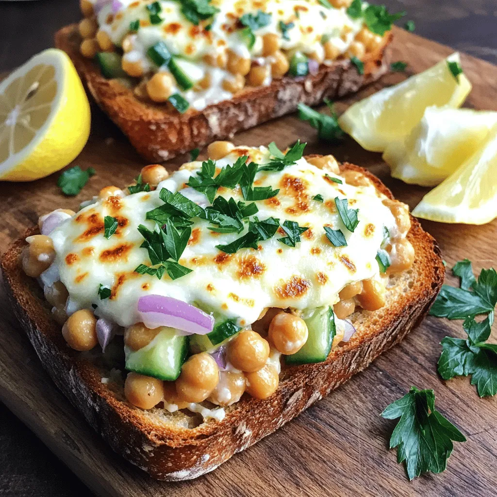 For a tasty Chickpea Salad Melt, you need: - 1 can (15 oz) chickpeas, drained and rinsed - 2 tablespoons tahini - 1 tablespoon fresh lemon juice - 1 tablespoon extra virgin olive oil - 1 teaspoon Dijon mustard - 1 small red onion, finely chopped - 1/2 cucumber, diced - 1/4 cup fresh parsley, finely chopped - Salt and freshly cracked black pepper to taste - 4 slices whole-grain bread - 1/2 cup shredded mozzarella cheese (or vegan cheese, as a substitute) These ingredients blend well for a fresh and creamy taste. The chickpeas give you protein, while tahini adds a rich flavor. The lemon juice brightens it all up. Each bite feels light and crunchy from the cucumber and onion. If you want to switch things up, consider these options: - Vegan cheese options for a dairy-free choice. - Gluten-free bread options if you avoid gluten. These swaps keep the recipe friendly for more diets. You still get great flavor and texture. To enhance the taste, use: - Salt - Black pepper - Potential herbs and spices like paprika or cumin. These seasonings add depth to your melts. You can adjust them based on your taste. A little extra seasoning can make a big difference in flavor. For the full recipe, check out the Chickpea Salad Melts 🥗 section. Enjoy creating this simple, delicious meal! To start, you need to mash the chickpeas. Open the can and drain them well. Then, rinse the chickpeas under cold water. In a medium bowl, use a fork to mash them. Aim for a chunky texture. You want some pieces to remain whole for a nice bite. Next, mix the chickpea salad ingredients. Add tahini, lemon juice, olive oil, and Dijon mustard to the mashed chickpeas. Stir well until it becomes creamy. Then, fold in the chopped red onion, diced cucumber, and fresh parsley. Season with salt and pepper. Mix until everything is well combined. Now, it’s time to spread the chickpea mixture on your bread. Take four slices of whole-grain bread and lay them flat. Spoon the chickpea salad mixture generously onto each slice. Make sure to spread it evenly across the bread. After that, add the cheese. Sprinkle shredded mozzarella cheese over the chickpea salad on each slice. Make sure the cheese covers the mixture well. This will help create that perfect melty effect. Preheat your oven to 375°F (190°C). This step is key for perfect melts. Place the baking sheet in the oven for about 10-12 minutes. Keep an eye on the melts. You want the cheese to be bubbling and slightly golden. As the melts bake, monitor the cheese closely. Remove them from the oven once they look perfect. Let them cool for about a minute before serving. This will help you avoid burns when you take a bite. For the full recipe, check out the detailed instructions above. Enjoy your Chickpea Salad Melts! To make your chickpea salad burst with flavor, focus on fresh ingredients. Use ripe lemons for juice and crisp cucumbers for crunch. The tahini adds a rich, nutty taste, so don’t skip it. When mixing, taste as you go. Adjust the salt and pepper to fit your taste. To avoid soggy bread, toast it lightly before adding the chickpea salad. This creates a barrier. You can also spread a thin layer of olive oil on the bread. This adds flavor and helps keep it crisp. Chickpea salad melts pair well with a variety of dips. A simple hummus or a tangy tzatziki can complement the dish. You might also serve it with a fresh side salad or roasted veggies for a complete meal. When it comes to drinks, a chilled white wine, like Sauvignon Blanc, works great. If you prefer non-alcoholic, an iced herbal tea adds a refreshing touch. Feel free to throw in extra veggies like bell peppers or spinach for added crunch and nutrition. A sprinkle of paprika or cumin can spice things up. If you have leftovers, try them in a wrap or as a topping for crackers. This way, you can enjoy a new meal without wasting food. For the full recipe, refer to the ingredients and instructions provided above. {{image_4}} Chickpea Salad Melts are easy to adapt. For a vegan version, simply use vegan cheese. You can also swap regular bread for gluten-free bread. This way, everyone can enjoy these tasty melts. You can play with cheeses, too. Try goat cheese for a tangy kick or cream cheese for smoothness. Each cheese gives a different flavor twist. Don't be afraid to mix and match spreads. Hummus adds creaminess, while pesto brings fresh herbs to your dish. Want to spice things up? Add jalapeños or hot sauce for a fiery touch. You can also toss in some diced bell peppers for crunch. These spicy additions will wake up your taste buds. For a Mediterranean flair, include olives, feta cheese, or fresh herbs like basil or oregano. These ingredients bring bold flavors and color to your melts. They create a delightful contrast to the chickpeas and cheese. How you serve these melts can change the whole experience. You can make them open-faced for a casual bite. Just scoop the chickpea mixture onto one slice of bread. This style shows off the colorful ingredients. For a more traditional look, use two slices of bread. Cut the melts into halves or quarters for easy sharing. If you're hosting, serve them on a nice platter. Add a garnish of fresh parsley and lemon wedges. This makes your dish pop and adds zest. To keep your chickpea salad melts fresh, store any leftovers in the fridge. Use an airtight container to prevent moisture loss and keep flavors intact. You can also wrap the melts tightly in plastic wrap. Make sure to eat them within three days for the best taste and texture. Yes, you can freeze chickpea salad melts! To do this, first let them cool completely. Place them in a freezer-safe container or wrap them in foil. They can stay in the freezer for up to two months. When you want to enjoy them, take them out and let them thaw in the fridge overnight. To reheat, place them in a preheated oven at 375°F (190°C) for about 10–15 minutes. This will ensure they become warm and cheesy again. Watch for a few signs to know if your chickpea salad melts have spoiled. If you see any mold or an off smell, it's best to toss them. If the bread feels soggy or the salad looks dry and crumbly, those are also signs to discard them. Always trust your senses when it comes to food safety. Chickpea Salad Melts stay fresh for about three days in the fridge. Store them in an airtight container. This keeps them tasty and safe to eat. If you notice any changes in smell or texture, it's best to toss them. Yes, you can prepare the chickpea salad mix a day in advance. Just store it in the fridge. When you're ready to bake, spread it on the bread and add cheese. This saves you time and makes for a quick meal. These melts pair well with many sides. Try serving them with a simple green salad. You can also add fresh fruit or crunchy veggies. A bowl of soup makes a cozy choice, too. Yes, Chickpea Salad Melts can easily fit a vegan diet. Just use plant-based cheese instead of mozzarella. All other ingredients are already vegan-friendly. Enjoy this tasty meal without worry! Chickpea Salad Melts are tasty and easy to make. We explored the main ingredients like chickpeas, tahini, and herbs. You learned how to mash chickpeas and create the perfect mix. We covered tips to avoid soggy bread and serve the dish well. Remember, it’s easy to customize with flavors or cheese. Keep storing your leftovers smartly to maintain freshness. Enjoy your cooking adventure with these melts, and feel free to explore different variations!