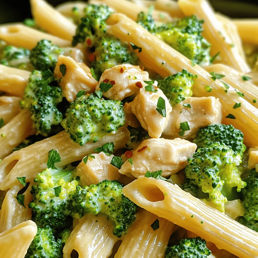 Creamy Broccoli and Chicken Penne is a tasty dish. It combines rich flavors and textures. You will love how easy it is to make. The creamy sauce pairs well with chicken and broccoli. - 8 oz penne pasta - 2 cups broccoli florets - 1 lb boneless, skinless chicken breasts, diced - 1 tablespoon olive oil - 3 cloves garlic, minced - 1 cup heavy cream - 1 cup grated Parmesan cheese - 1 teaspoon Italian seasoning - Salt and pepper to taste - 1/4 teaspoon red pepper flakes (optional) - Fresh parsley, chopped (for garnish) Each ingredient plays a role in this dish. The penne pasta gives a nice chew. Broccoli adds color and crunch. Chicken brings protein and heartiness. Olive oil helps in cooking. Garlic adds a lovely aroma. Heavy cream makes the sauce rich. Parmesan cheese gives a salty, nutty flavor. Italian seasoning brings warmth and depth. Salt and pepper enhance all the tastes. Red pepper flakes can add a little heat. Lastly, parsley gives a fresh touch on top. For a complete guide, check the Full Recipe. First, fill a large pot with salted water. Bring it to a boil. Once it bubbles, add 8 ounces of penne pasta. Cook it as per the package directions until it is al dente. With three minutes left, add 2 cups of broccoli florets. This keeps the broccoli bright and crisp. After cooking, drain both the pasta and broccoli. Set them aside for later. In a large skillet, pour in 1 tablespoon of olive oil. Heat it on medium-high. Once hot, add 1 pound of diced boneless, skinless chicken breasts. Sprinkle salt, pepper, and 1 teaspoon of Italian seasoning over the chicken. Sauté it for about 5 to 7 minutes. The chicken should be browned and no longer pink inside. Remove it from the skillet and set it aside. Next, lower the skillet’s heat to medium. Add 3 cloves of minced garlic to the same skillet. Sauté this for about 30 seconds. Watch closely; you want it fragrant but not burnt. Now, pour in 1 cup of heavy cream. Stir well to blend with the garlic. Let it come to a gentle simmer. Gradually mix in 1 cup of grated Parmesan cheese. Stir until it melts into a creamy sauce. If you like heat, toss in 1/4 teaspoon of red pepper flakes. Return the cooked penne, broccoli, and chicken to the skillet. Gently toss everything together. Make sure each piece is coated in the creamy sauce. This is where the magic happens! Take a moment to taste your dish. Adjust the seasoning as needed. You might want to add more salt, pepper, or Italian seasoning. Once it’s just right, serve the creamy broccoli and chicken penne hot. Garnish with fresh chopped parsley for a lovely touch. Enjoy your meal! To make the sauce smooth and rich, start with high-quality heavy cream. Heat it gently but do not boil it; this keeps the sauce creamy. Stir in the Parmesan cheese slowly. This helps it melt evenly and creates a velvety texture. Taste as you go to adjust the seasoning. A pinch of salt or pepper can elevate the flavor. For tender chicken, use boneless, skinless breasts. Cut them into small pieces for quick cooking. Season them well before cooking. This adds extra flavor. Cook over medium-high heat for about 5-7 minutes. Make sure they are browned and cooked through. If you have time, let the chicken rest for a few minutes before adding it back to the sauce. You can cook broccoli in various ways. Steaming keeps the color bright and the texture crisp. Boiling is quick but can make it mushy if overcooked. For a crunchy bite, blanch the broccoli with the penne. This method cooks it lightly and keeps it vibrant. Either way, aim to keep the broccoli bright green and tender. For more details on making this dish, check out the Full Recipe. {{image_4}} You can mix it up with different veggies. Try adding spinach, peas, or bell peppers. These changes add color and taste. Just remember to cook the veggies until they are tender. You can add them with the broccoli for the last few minutes of cooking. This way, everything stays fresh and bright. The creamy sauce works well with various vegetables. If you want a different protein, switch the chicken for shrimp or turkey. Both options cook quickly and taste great. Tofu is a fantastic choice for a vegetarian meal. It absorbs flavors well and gives a nice texture. Just make sure to press out the water before cooking. You can also use cooked sausage for a spicy kick. To make a dairy-free version, use coconut milk or almond milk instead of heavy cream. Nutritional yeast can add a cheesy flavor. Look for dairy-free cheese to sprinkle on top. Just mix everything well to achieve a creamy texture. These swaps keep the dish tasty while meeting dietary needs. You can enjoy the same great flavors without dairy! For the full recipe, check out the [Full Recipe]. After enjoying Creamy Broccoli and Chicken Penne, save any leftovers. Let the dish cool down to room temperature. Store it in an airtight container. It will last in the fridge for up to three days. Be sure to label the container with the date. To reheat, place the leftovers in a skillet. Add a splash of water or broth to keep it moist. Heat over medium-low heat, stirring gently. Alternatively, you can microwave it. Use a microwave-safe dish and cover it with a lid. Heat in 30-second bursts, stirring in between, until it's warm. If you want to freeze the dish, use a freezer-safe container. Make sure to freeze it within two days of cooking. It can last for up to three months in the freezer. Thaw it overnight in the fridge before reheating. This keeps the flavors fresh and delicious. For the best texture, avoid freezing the creamy sauce if possible. If you do, stir in a little cream when reheating to restore creaminess. Yes, you can make Creamy Broccoli and Chicken Penne ahead of time. Cook the dish fully, then let it cool. Store it in an airtight container in the fridge. It will stay fresh for up to three days. When you’re ready to eat, just reheat it on the stove or in the microwave. You might need to add a splash of milk or cream to bring back the creaminess. If you don’t have heavy cream, there are several good substitutes. You can use half-and-half for a lighter option. Another choice is to mix milk with butter, using two tablespoons of melted butter for each cup of milk. For a dairy-free version, try coconut milk or a nut-based cream. These alternatives work well but may change the flavor slightly. To boost the flavor of your Creamy Broccoli and Chicken Penne, add more herbs and spices. Fresh herbs like basil or thyme can enhance the taste. You can also try lemon juice for a fresh zing. A splash of white wine while cooking the chicken adds depth. Lastly, consider using chicken broth instead of water for boiling pasta. These tips will make your dish even more delightful. This blog post shared a simple and tasty recipe for creamy broccoli and chicken penne. We covered the key ingredients, step-by-step cooking instructions, and helpful tips for perfecting the dish. You can also try different veggies, proteins, or dairy-free options to suit your taste. Remember to store leftovers properly for later meals. I hope you feel inspired to cook this dish. Enjoy every bite and make it your own!