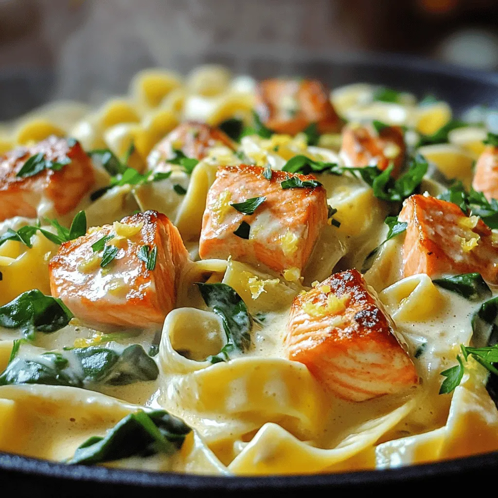 Here’s what you need to make creamy garlic salmon pasta. These ingredients create a rich and tasty dish. - 8 ounces fettuccine pasta - 2 tablespoons extra virgin olive oil - 2 salmon fillets, approximately 6 ounces each - 4 cloves fresh garlic, finely minced - 1 cup heavy cream - 1/2 cup freshly grated Parmesan cheese - 1 cup fresh spinach leaves, roughly chopped - Zest of 1 lemon - Juice of 1/2 lemon - Salt and freshly cracked pepper, to taste - Fresh parsley, finely chopped (for garnish) Each ingredient adds great flavor and texture. The fettuccine pasta gives a nice base. Salmon adds healthy fats and protein. Garlic brings a strong, savory taste. Heavy cream makes the sauce rich and smooth. Spinach adds a pop of color and nutrients. Lemon zest and juice brighten the dish. If you want to dive deeper, you can find the full recipe. Enjoy gathering these ingredients! To boil fettuccine perfectly, start with a large pot of salted water. Bring it to a rolling boil. Add the fettuccine and stir occasionally. Cook according to the package instructions, usually about 8-10 minutes. You want it al dente, meaning it should still have a little bite. Once it's cooked, drain the pasta, but remember to reserve 1 cup of pasta water. This water is starchy and helps with the sauce later. Set the cooked pasta aside in a large mixing bowl. To cook salmon fillets, heat 2 tablespoons of extra virgin olive oil in a large skillet over medium heat. Season each salmon fillet well with salt and freshly cracked pepper. Place the fillets in the hot skillet carefully. Cook for about 4-5 minutes on each side. The salmon should flake easily with a fork and appear opaque throughout. Once done, remove the fillets from the skillet. Let them cool for a bit, then gently flake the salmon into bite-sized pieces. Discard the skin if you prefer. In the same skillet, add 4 cloves of minced garlic. Sauté the garlic for about 1 minute, stirring constantly, until it smells fragrant but does not brown. Browned garlic can taste bitter. Lower the heat and pour in 1 cup of heavy cream. Bring it to a gentle simmer. Gradually stir in 1/2 cup of freshly grated Parmesan cheese, lemon zest, and lemon juice. Mix until the sauce is smooth and creamy. Now it's time to combine everything. Carefully add your cooked fettuccine to the skillet with the garlic cream sauce. Then, add the chopped spinach and the flaked salmon. Gently toss the mixture to coat the pasta and other ingredients in the sauce. If the sauce looks too thick, slowly add the reserved pasta water. Keep adding until you reach your desired creamy consistency. Taste it and adjust the seasoning with more salt and pepper if needed. For the full recipe, check out the details above. Enjoy making your creamy garlic salmon pasta! To get that smooth, creamy texture in your dish, focus on a few key steps. First, when you make your garlic cream sauce, stir in the heavy cream slowly. This helps mix it well with the garlic. The heat should be low to keep it from boiling. Boiling can break the cream and ruin the texture. Next, save some pasta water. This water has starch, which helps thicken the sauce. If your sauce feels too thick, add a bit of the reserved pasta water. Mix it in until you reach the creaminess you like. To boost the flavor of your creamy garlic salmon pasta, think about using a few extra seasonings. A pinch of red pepper flakes can add a nice heat. You can also try a dash of smoked paprika for a deeper taste. Fresh herbs are key too! Basil, dill, or chives can brighten up the dish. Add them at the end for the best flavor. They keep their fresh taste when added last. Checking the doneness of salmon is simple. Cook it until it flakes easily with a fork. This usually takes about 4-5 minutes on each side over medium heat. If you’re unsure, use a meat thermometer. The center should reach 145°F. To avoid dry salmon, don’t overcook it. Keep an eye on it while it cooks. Let it rest for a minute after cooking. This helps keep it moist and tender. {{image_4}} If you want to switch things up, there are great options beyond salmon. You can try chicken breast or shrimp for a delicious twist. Both proteins cook quickly, making them ideal for this recipe. For a vegetarian version, consider using tofu or chickpeas. Tofu absorbs flavors well and adds protein. Chickpeas bring a nutty taste and work nicely in creamy sauces. Adding vegetables can make this dish even better. Try including cherry tomatoes, bell peppers, or broccoli. They add color and crunch, making your meal more vibrant. You can also change the creamy sauce. Add some sun-dried tomatoes for a tangy kick. Or, mix in some cooked mushrooms for a rich, earthy flavor. While fettuccine is great, you can use other pasta shapes. Penne, rigatoni, or spaghetti also work well. Each shape holds the sauce differently, giving you a new eating experience. Remember to adjust the cooking time based on the pasta you choose. Smaller shapes like penne cook faster, while larger ones like rigatoni may take a bit longer. Always taste your pasta to ensure it’s just right! For the full recipe, check out the Creamy Garlic Salmon Pasta Delight. Store your creamy garlic salmon pasta in an airtight container. This keeps the dish fresh. Place it in the fridge within two hours of cooking. This helps prevent bacteria growth. You can safely store it for up to three days. Label your container with the date to track freshness. To reheat, use the stovetop or microwave. For the stovetop, add a splash of water to the pasta. Heat it over low heat, stirring often. This prevents the pasta from drying out. If using a microwave, cover your dish with a damp paper towel. This helps retain moisture. For storage, glass containers work best. They heat evenly and are easy to clean. Avoid plastic containers that may melt or warp. Enjoy your leftovers just as much as the first time! To make creamy garlic salmon pasta, start by cooking the fettuccine. Boil a large pot of salted water. Add the pasta and cook it until al dente, usually about 8-10 minutes. Drain the pasta but save 1 cup of the water. Set it aside. Next, sear the salmon. Heat olive oil in a skillet over medium heat. Season the salmon fillets with salt and pepper. Cook the fillets for about 4-5 minutes on each side. When they flake easily with a fork, they are done. Remove them from the skillet and let them cool. Flake the salmon into bite-sized pieces. In the same skillet, add minced garlic and sauté for 1 minute. Then, pour in the heavy cream and let it simmer. Slowly mix in Parmesan cheese, lemon zest, and lemon juice. Stir until the sauce is creamy. Combine the cooked fettuccine, spinach, and flaked salmon into the sauce. Toss gently to coat everything. If it’s too thick, add some reserved pasta water. Adjust the seasoning as needed. Serve with a sprinkle of parsley. Enjoy your creamy garlic salmon pasta! You can use several substitutes for heavy cream. Whole milk mixed with butter works well. Use 3/4 cup of milk and 1/4 cup of melted butter. This mix gives a similar richness. Another option is to use half-and-half. It is less rich but still creamy. You can also try coconut cream for a dairy-free option. This will change the flavor slightly but adds a nice twist. Yes, you can make this dish in advance. Prepare the pasta and sauce separately. Store them in airtight containers in the fridge. The pasta will stay fresh for up to 3 days. When ready to eat, reheat the sauce on low heat. Add a little water or milk to thin it out if needed. Then, mix in the pasta and salmon just before serving. Yes, you can make creamy garlic salmon pasta gluten-free. Use gluten-free fettuccine or any pasta made from rice or corn. Follow the cooking instructions on the package, as cooking times may differ. For the sauce, all ingredients are usually gluten-free. Just check labels to ensure no hidden gluten is present. Enjoy this tasty dish without worry! This article covered making creamy garlic salmon pasta with clear steps and tips. You learned about the right ingredients and how to cook them perfectly. I shared ideas for variations and storage too. By following these simple steps, you can enjoy a rich and tasty meal at home. Explore different flavors and proteins to keep it fresh. Whether cooking for yourself or loved ones, this dish promises satisfaction. Enjoy your cooking adventure!