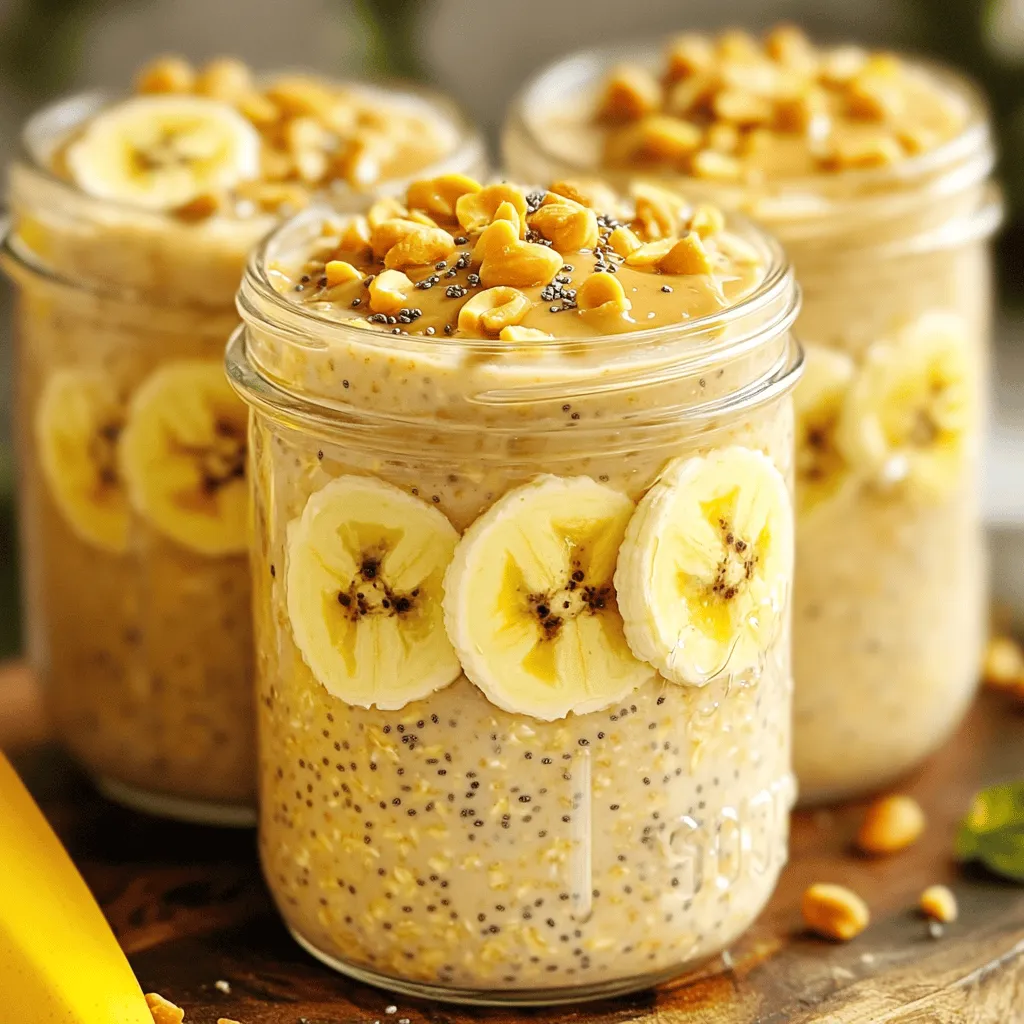 To make Peanut Butter Banana Overnight Oats, gather these items: - 1 cup rolled oats - 1 ½ cups almond milk (or any milk of your choice) - 2 tablespoons creamy or chunky peanut butter - 1 ripe banana, mashed - 1 tablespoon honey or maple syrup (optional) - 1 tablespoon chia seeds - ½ teaspoon pure vanilla extract - A pinch of salt These ingredients work together to create a creamy and tasty breakfast. The rolled oats give a hearty base. Almond milk adds a nice creaminess. Peanut butter brings flavor and protein. The banana adds natural sweetness and smooth texture. You can make your overnight oats even better with these toppings: - Sliced banana - Crushed peanuts - A sprinkle of ground cinnamon These toppings add extra flavor and crunch. You can mix and match based on what you like. This recipe serves two people. Each serving has about: - Calories: 350 - Protein: 12g - Fiber: 8g - Sugar: 8g These oats are a great source of energy. They keep you full and satisfied. Plus, they are easy to make and customize. For the full recipe, check out the details above. Start by grabbing a medium bowl. Add 1 cup of rolled oats and 1 ½ cups of almond milk. Next, mash 1 ripe banana and add it to the mix. Then, scoop in 2 tablespoons of creamy or chunky peanut butter. Stir everything together until the mixture is smooth. Make sure the peanut butter blends well with the oats and banana. If you like your oats sweet, consider adding 1 tablespoon of honey or maple syrup. This step is optional, but it adds a nice touch. Then, mix in 1 tablespoon of chia seeds and ½ teaspoon of pure vanilla extract. Don’t forget a pinch of salt for flavor. Stir until all ingredients are combined. Now, it’s time to get ready for the fridge. Divide the mixture evenly into two mason jars or airtight containers. This helps with portion sizes and makes it easy to grab in the morning. Seal the jars tightly and place them in the refrigerator. Let them chill overnight or for at least four hours. In the morning, take your jars out of the fridge. Give the oats a good stir. If they seem thick, add a splash more milk to reach your desired texture. For a tasty finish, top your oats with sliced banana, crushed peanuts, and a sprinkle of ground cinnamon. This adds crunch and flavor, making your breakfast even more enjoyable. To get the best texture, use rolled oats. They absorb liquid well and stay chewy. Instant oats may become mushy, which isn’t what you want. When mixing, make sure to blend the peanut butter thoroughly. This helps it spread evenly throughout the oats. If you find the oats too thick in the morning, just add a splash of your favorite milk. This will help you reach the creaminess you desire. You can easily change the flavors of your overnight oats. Try adding cocoa powder for a chocolate twist. You can also switch the nut butter; almond or cashew butter works great too. Want a fruity kick? Toss in some berries or diced apples. If you like crunch, consider adding nuts or seeds. Each option adds a unique taste, keeping your breakfast exciting. Plan your meal prep for the week on a Sunday. Making several jars at once saves time. Store them in the fridge for up to five days. This way, you always have a quick breakfast ready. If you make a big batch, separate them into single servings. This helps you grab your meal and go. Remember to soak the oats for at least four hours. Overnight soaking works best, giving you soft and delicious oats in the morning. For the full recipe, check out Peanut Butter Banana Bliss Overnight Oats. {{image_4}} You can easily turn your overnight oats into a chocolate treat. Just add two tablespoons of cocoa powder to the base. Mix it in with the oats, peanut butter, and banana. This gives a rich, chocolatey flavor that pairs perfectly with the banana. You can also top it with chocolate chips for extra sweetness and texture. Need a protein boost? Swap out almond milk for Greek yogurt or add a scoop of protein powder. This will make your oats creamy and full of protein. You can also add nuts or seeds for an extra crunch. This version keeps you full longer and is great for active days. You can switch up the flavors with seasonal fruits. In spring, try fresh strawberries or blueberries. In the fall, add diced apples or pears with a sprinkle of cinnamon. Each season brings new fruits that can change the taste of your oats. Just mix in the fruit when you prepare your oats for a fresh twist. For more detailed steps, check the Full Recipe for Peanut Butter Banana Bliss Overnight Oats. I always store my overnight oats in airtight containers or mason jars. This keeps them fresh and tasty. After making the oats, seal the jars tight. Make sure to keep them in the fridge. This helps to maintain the right texture and flavor. If you plan to eat them later in the week, make extra jars! Peanut butter banana overnight oats last about 3 to 5 days in the fridge. They stay safe to eat during this time. If you want to keep them longer, you can freeze them. Just make sure to leave some space in the jar for expansion. The oats can last for up to 3 months in the freezer. When ready to eat, thaw them in the fridge overnight. You can enjoy your overnight oats cold or warm. If you like them warm, pour the oats into a bowl. Heat them in the microwave for about 30 to 60 seconds. Stir well so they heat evenly. If they are too thick, add a splash of milk. This will make them creamy again. Enjoy your Peanut Butter Banana Overnight Oats warm or cold for a quick, tasty breakfast! You can use quick oats, but the texture will change. Quick oats cook faster, so they might become mushy in the overnight soak. Rolled oats give a nice chewy bite. If you prefer a softer texture, quick oats are fine, but I recommend sticking to rolled oats for the best taste. These oats can last up to five days in the fridge. Store them in airtight containers to keep them fresh. As the days go by, the oats might absorb more liquid, making them thicker. Just stir in a little more milk before eating if you like a smoother texture. Yes, you can skip the peanut butter if you want. You can replace it with almond butter or sunflower seed butter for a nut-free option. The oats will still taste great. You might want to add a little more sweetener or spices to enhance the flavor. Almond milk works well, but you can use any milk you like. Cow's milk, oat milk, or coconut milk are all good choices. Each type of milk brings its own flavor. Choose the one that fits your taste and dietary needs. In this blog post, I shared how to make delicious overnight oats. I covered required ingredients, optional toppings, and their nutrition. Then, I gave step-by-step instructions, tips for great texture, and many tasty variations. I also explained how to store your oats for freshness and answered common questions. Remember, you can customize your oats to fit your taste. Enjoy making your own versions!