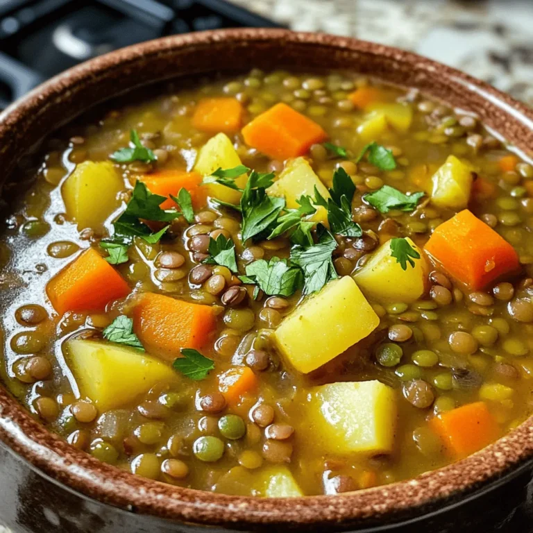 To make this rich and hearty meal, gather these ingredients: - 1 cup green or brown lentils, thoroughly rinsed - 2 tablespoons extra virgin olive oil - 1 medium onion, finely chopped - 2 cloves garlic, minced - 2 medium carrots, diced into bite-sized pieces - 1 medium bell pepper, diced (choose red or yellow for a pop of color) - 1 medium potato, peeled and cubed - 2 medium tomatoes, chopped into small pieces - 1 teaspoon smoked paprika for depth - 1 teaspoon dried thyme for aromatic flavor - 1 teaspoon caraway seeds for a unique flair - 4 cups vegetable broth for richness - Salt and freshly ground black pepper to taste - Fresh parsley, finely chopped (for a fresh garnish) Using high-quality ingredients makes a big difference. Fresh, vibrant vegetables add flavor and texture. Look for lentils that are whole and unbroken. Choose vegetable broth with natural ingredients. This enhances the stew's taste. Smoked paprika should have a rich, smoky scent. Fresh herbs like parsley should be bright green and fragrant. Visit your local farmers' market for the best produce. Seasonal vegetables taste better and are often cheaper. When buying onions, look for firm ones without soft spots. Choose carrots that feel crisp and snap easily. For bell peppers, pick ones with shiny skin and no blemishes. Always check for freshness before buying. This will ensure your hearty stew is full of flavor. You can find the Full Recipe [here](#). 1. Start with a large pot. Heat the olive oil on medium heat until it shines. 2. Add the chopped onion. Sauté it for about 5 minutes until it looks clear. 3. Mix in the minced garlic. Cook for one minute until it smells great. 4. Toss in the diced carrots and bell pepper. Stir for 5 minutes until soft. 5. Add the cubed potato and chopped tomatoes. Stir well to mix all the veggies. 6. Sprinkle in the smoked paprika, thyme, and caraway seeds. Add salt and pepper. 7. Stir everything to coat the veggies with spices. Add the rinsed lentils next. 8. Pour in the vegetable broth and stir. Bring the mix to a boil. 9. Once boiling, lower the heat. Cover the pot and let it simmer for 30-35 minutes. 10. Check if the lentils are tender. The stew should be thick but not dry. 11. Taste and adjust seasoning with more salt and pepper if needed. 12. Let the stew rest for a few minutes. This helps the flavors blend well. 13. Serve hot in bowls. Top with fresh parsley for added flavor and color. Using a heavy-bottomed pot is key. It helps to cook food evenly and prevents burning. Sautéing the onion first builds a great base. It releases natural sugars and flavors. When you add garlic, be careful not to brown it. Overcooked garlic can taste bitter. Stirring the veggies helps them soften and blend flavors. - Use fresh ingredients for the best taste. Fresh herbs and spices make a big difference. - Rinsing lentils removes any dust or grit. This step is important for a clean stew. - Taste as you go. Adjust the spices to fit your taste. - If you want a creamier stew, mash some lentils against the pot's side. - Let the stew sit before serving. This lets the flavors develop further. For the complete recipe, check out the Full Recipe section. Enjoy this hearty dish! When making Hungarian lentil vegetable stew, a few small details can change everything. Always rinse the lentils well. This removes any dust or debris. Soak them for an hour if you have time. Soaking helps them cook faster. Use fresh vegetables for the best flavor. Look for bright colors and firm textures. To boost flavors, add herbs and spices at the right time. Cook onions and garlic until fragrant before adding other veggies. This builds a strong base. Smoked paprika is key for depth. Consider adding a dash of vinegar or lemon juice at the end. This helps balance the richness and brings out the flavors. One common mistake is overcooking the lentils. They should be tender but not mushy. Check them often as they cook. Another mistake is not seasoning enough. Always taste the stew before serving. Adjust salt and pepper as needed. Lastly, don't skip the fresh parsley. It adds a bright finish that elevates the dish. For the full recipe, be sure to check out the details above! {{image_4}} This stew is already a great vegetarian dish. You can make it vegan by ensuring all ingredients are plant-based. Use vegetable broth, and skip any animal products. You can also add more veggies. Try kale, spinach, or zucchini. They all add color and nutrition. If you want to add protein, consider beans or tofu. Both are great options. You can mix in cooked chickpeas or black beans for a hearty boost. If you prefer tofu, use firm tofu. Cube it and add it to the pot during the last 15 minutes of cooking. This way, it absorbs flavors without falling apart. Hungarian cuisine has many variations. In some regions, people add smoked sausage or bacon for extra flavor. Others may include different spices like cumin or bay leaves. Each family has its own twist on this stew. Feel free to explore these variations. You can even create your own unique version using the full recipe as a base. Store your leftover Hungarian lentil vegetable stew in an airtight container. This keeps it fresh and tasty. Place the container in the fridge. You can enjoy it for up to five days. If you want to keep it longer, freezing is a great option. To freeze your stew, let it cool down completely. Then, portion it into freezer-safe bags or containers. Remove as much air as possible to prevent freezer burn. Label each bag with the date. It’s best to use it within three months for the best flavor. When you’re ready, simply thaw it overnight in the fridge before reheating. When reheating, do it slowly to keep the stew tasty. You can use the stove or microwave. If using the stove, add a splash of water or broth to help it heat evenly. Stir often to ensure it warms up throughout. If reheating in the microwave, cover the container to keep moisture in. This helps the flavors stay rich and the texture smooth. Enjoy your hearty stew warm and fresh! I recommend using green or brown lentils. They hold their shape well when cooked. You can find them in most grocery stores. Avoid red lentils for this stew, as they cook down too soft. Yes, you can make this stew in a slow cooker! Start by sautéing the onion and garlic in a pan. Then, add all the ingredients to the slow cooker. Set it to low for 6 to 8 hours or high for 3 to 4 hours. This method helps flavors blend beautifully. Serve the stew hot in bowls. Garnish with fresh parsley for a pop of color. Pair it with crusty bread for a complete meal. You can also add a dollop of sour cream for extra creaminess. Enjoy this hearty dish with your loved ones! For the full recipe, check out the details above. This blog post covered essential steps to make a great stew, from ingredients to storage. You learned how to pick fresh produce and cook it right. We shared tips to boost flavor and avoid common mistakes. You also found variations for different diets, along with storage and reheating methods. Use this knowledge to make your cooking fun and flavorful. Enjoy experimenting with your stew and sharing it with others. Happy cooking!