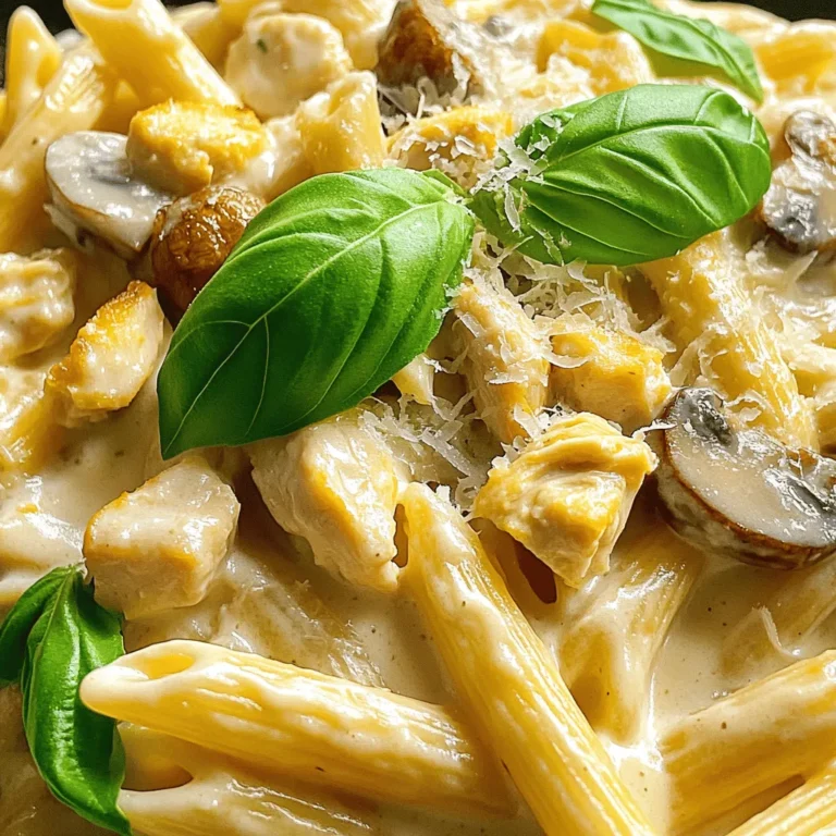 To make creamy chicken penne, you will need the following: - 300g penne pasta - 2 boneless chicken breasts, diced into bite-sized pieces - 1 tablespoon extra virgin olive oil - 2 cloves garlic, minced - 1 small onion, finely chopped - 1 cup fresh mushrooms, sliced - 1 cup heavy cream - 1 cup chicken broth (preferably low-sodium) - 1 teaspoon Italian seasoning blend - 1/2 teaspoon red pepper flakes (optional for heat) - Salt and freshly cracked black pepper to taste - Freshly grated Parmesan cheese, for serving - Fresh basil leaves, for garnish You can swap a few ingredients to fit your taste or what you have at home. Here are some ideas: - Pasta: Use any pasta shape you like, such as fusilli or farfalle. - Chicken: Substitute chicken with turkey or shrimp for a different flavor. - Cream: Light cream or even Greek yogurt can replace heavy cream. - Mushrooms: If you dislike mushrooms, try spinach or bell peppers instead. - Broth: Vegetable broth works if you want a vegetarian option. Want to kick up the flavor? Try adding these: - Sun-dried tomatoes: Add a sweet and tangy kick. - Peas: For a pop of color and sweetness. - Spinach: Stir in fresh spinach for more nutrients. - Cheese: Mix in mozzarella for a gooey texture. These tips will help you customize your creamy chicken penne. Enjoy the cooking process! For a complete guide, check out the Full Recipe. To start, bring a large pot of salted water to a boil. Add 300g of penne pasta and cook it as directed on the package. Stir occasionally to prevent sticking. You want the pasta to be al dente, tender but firm. Once it’s done, drain the pasta, but save a cup of that starchy water. This water can help adjust the sauce later. Set the pasta aside while you prepare the rest. Next, heat 1 tablespoon of extra virgin olive oil in a large skillet over medium-high heat. Once the oil shimmers, add 2 diced boneless chicken breasts. Season them with salt and freshly cracked black pepper. Cook for about 6-8 minutes, turning the pieces as they brown. They should look golden and fully cooked. When done, remove the chicken from the skillet and set it aside on a plate. In the same skillet, keep those tasty drippings! Lower the heat to medium and add 1 small finely chopped onion and 2 minced garlic cloves. Sauté for 2-3 minutes, stirring often, until the onion looks translucent. Toss in 1 cup of sliced fresh mushrooms and cook for another 4-5 minutes until they are golden. Now, pour in 1 cup of chicken broth and let it simmer. Then, stir in 1 cup of heavy cream, 1 teaspoon of Italian seasoning, and 1/2 teaspoon of red pepper flakes if you want some heat. Let the sauce simmer for about 5 minutes. It should thicken a bit. Finally, return the chicken to the skillet and add the cooked penne pasta. Toss everything together until well mixed. If the sauce seems too thick, add some of that reserved pasta water a little at a time until it’s just right. Taste and adjust with more salt and pepper if needed. Now you're ready to serve! For the full recipe, check the earlier section. When making creamy chicken penne, some common mistakes can lead to a less tasty dish. - Overcooking the Pasta: Make sure to cook the penne until al dente. This means it should still have a little bite. - Not Seasoning: Don’t forget to season your chicken and sauce well. A pinch of salt and pepper goes a long way. - Skipping the Starchy Water: Always reserve some pasta water. It helps to thin out the sauce without losing flavor. To get the best creamy sauce, a few tips can make a big difference. - Use Heavy Cream: This gives the sauce its rich and thick texture. - Simmer Gently: After adding the cream, let it simmer slowly. This helps it thicken without burning. - Add Cheese: Freshly grated Parmesan cheese not only adds flavor but also makes the sauce creamier. If you have leftovers, store them wisely to keep them tasty. - Cool First: Let the dish cool to room temperature before storing. - Airtight Containers: Use airtight containers to keep the penne fresh. - Use Within a Few Days: Try to eat leftovers within 3 days for the best taste. For the full recipe, you can find all the steps and details you need to make this dish a hit! {{image_4}} If you want a vegetarian twist, swap the chicken for some hearty veggies. You can use: - 1 zucchini, diced - 1 red bell pepper, chopped - 1 cup of spinach or kale - 1 cup of chickpeas for protein Sauté these veggies in olive oil instead of chicken. This version keeps the creamy sauce and adds a fresh kick from the vegetables. For those who love a little spice, add more heat to your dish. Here’s how: - Use 1 teaspoon of cayenne pepper instead of red pepper flakes for a stronger kick. - Add sliced jalapeños while cooking the chicken. - Serve with a drizzle of hot sauce on top. This version brings a bold flavor and excitement to every bite. If you want a low-carb option, zoodles are a great choice. They are made from spiralized zucchini. Here’s how to use them: - Replace penne pasta with 2 medium zucchinis, spiralized. - Sauté the zoodles for just 2-3 minutes before adding them to the sauce. This keeps the dish light and fresh while still creamy and delicious. Feel free to mix and match these variations to suit your taste. Each option brings its own fun twist to creamy chicken penne. For the full recipe, check out the original instructions above. After you enjoy your creamy chicken penne, store the leftovers safely. Let the dish cool down. Use an airtight container to keep the pasta fresh. You can keep it in the fridge for up to three days. Make sure to label the container with the date. This helps you track how long it has been stored. To reheat creamy chicken penne, use the stovetop for the best flavor. Place the leftovers in a skillet over medium heat. Add a splash of chicken broth or cream to keep it moist. Stir often and heat until warm. You can also use the microwave if you prefer. Place the pasta in a microwave-safe bowl and cover it. Heat in short bursts, stirring in between. This way, it warms evenly. If you want to store creamy chicken penne for longer, freezing is a great option. Place the cooled pasta in freezer-safe containers. Make sure to leave some space at the top, as it will expand. You can freeze it for about two months. When you’re ready to enjoy it again, thaw it in the fridge overnight. Reheat it on the stove with a bit of broth or cream for the best taste. For full details, check the Full Recipe. To make creamy chicken penne, start by cooking the penne pasta. Boil water and add salt. Cook the pasta until al dente, then set it aside. Next, sauté diced chicken breasts in olive oil until golden. Remove the chicken and cook onion and garlic in the same skillet. Add mushrooms and let them brown. Pour in chicken broth and heavy cream, then stir in seasonings. Mix everything back together with the pasta. Serve it hot with cheese and fresh basil. You can find the Full Recipe to follow these steps easily. Yes, you can use other types of pasta. While penne is great, you can try fusilli, farfalle, or even spaghetti. Just adjust the cooking time as needed. Different shapes may hold sauce differently but will still taste delicious. Creamy chicken penne pairs well with a simple salad or garlic bread. A fresh green salad adds crunch and balance. Garlic bread is perfect for scooping up the creamy sauce. You can also serve it with roasted vegetables for added flavor and nutrition. In this post, we explored the key ingredients for creamy chicken penne. I provided a detailed list of these ingredients, along with substitutions and optional add-ins for enhanced flavor. We covered step-by-step instructions for perfecting the dish, from cooking pasta to making a creamy sauce. I shared tips and tricks to avoid common mistakes and preserve leftovers. To sum up, you can customize this dish to suit your tastes. Enjoy experimenting with different variations and storage methods. Creamy chicken penne is versatile and rewarding.