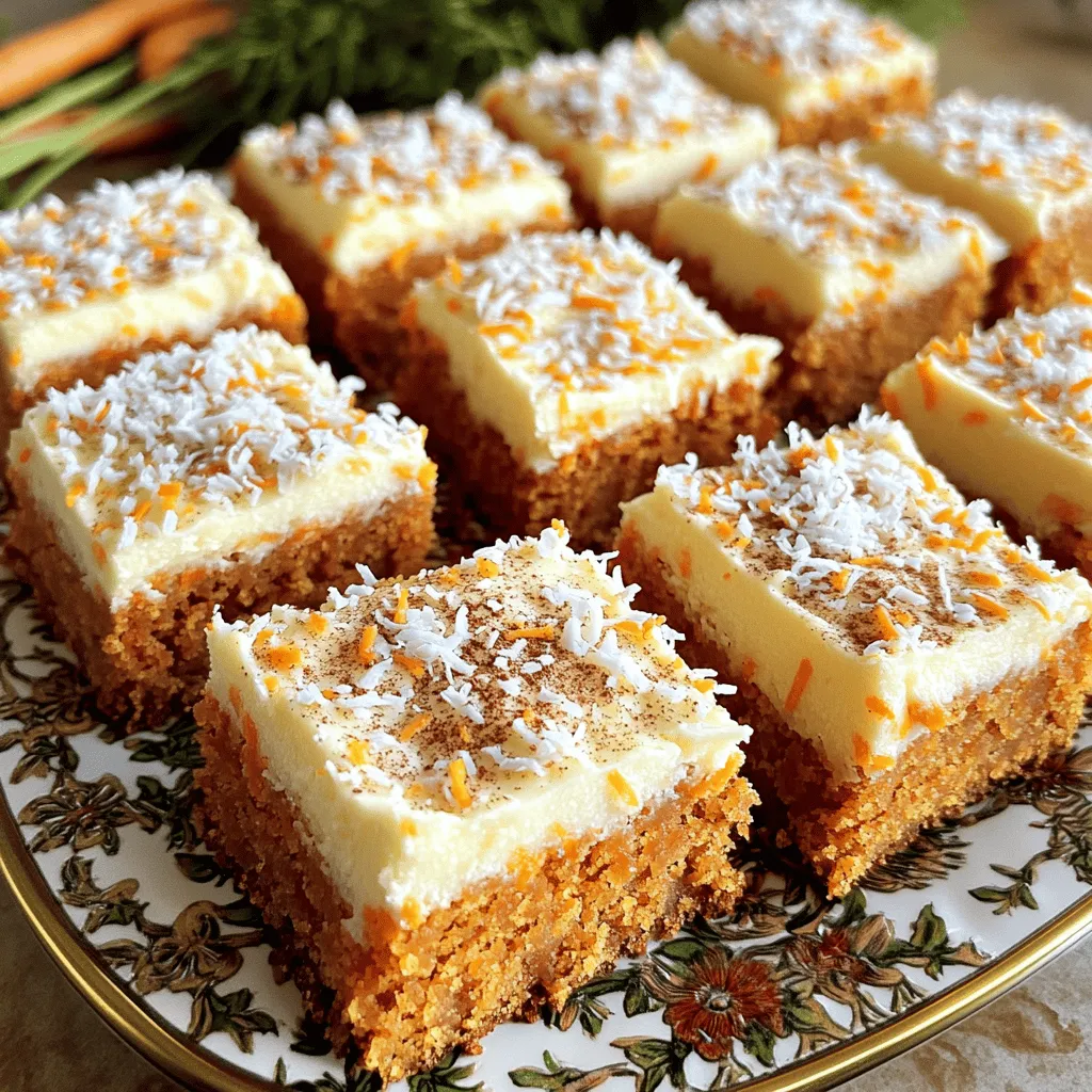 - 2 cups all-purpose flour - 1 ½ cups granulated sugar - 1 teaspoon baking powder - 1 teaspoon baking soda - 1 teaspoon ground cinnamon - ½ teaspoon ground nutmeg - ½ teaspoon salt - 1 cup vegetable oil - 4 large eggs - 3 cups grated carrots - 1 cup crushed pineapple - 1 cup chopped walnuts or pecans - 1 cup shredded coconut - 8 oz cream cheese - ½ cup unsalted butter - 4 cups powdered sugar - 1 teaspoon vanilla extract Gathering the right ingredients is key to making decadent carrot cake bars. Start with dry ingredients. You need flour, sugar, baking powder, baking soda, ground cinnamon, ground nutmeg, and salt. These will give your bars structure and flavor. Next, you have the wet ingredients. Vegetable oil keeps your bars moist. Eggs bind everything together. Grated carrots add sweetness and nutrition. Crushed pineapple brings extra moisture and a hint of tropical flavor. If you want to get creative, consider optional add-ins. Chopped walnuts or pecans add crunch. Shredded coconut gives a nice chewiness. Feel free to mix in what you love! Finally, don’t forget the cream cheese frosting. This is what makes your bars truly decadent. You will need cream cheese, unsalted butter, powdered sugar, and vanilla extract. This frosting will be creamy and sweet, perfectly balancing the flavors of your bars. For the full recipe, check the detailed instructions on how to create these delicious carrot cake bars. - Preheat oven to 350°F (175°C). - Grease a 9x13-inch baking pan and line it with parchment paper. - In a large mixing bowl, combine: - 2 cups all-purpose flour - 1 ½ cups granulated sugar - 1 teaspoon baking powder - 1 teaspoon baking soda - 1 teaspoon ground cinnamon - ½ teaspoon ground nutmeg - ½ teaspoon salt - Whisk these dry ingredients until they mix well and are lump-free. - In a separate bowl, whisk together: - 1 cup vegetable oil - 4 large eggs - Add in: - 3 cups grated carrots - 1 cup crushed pineapple - Mix until fully combined. If you want, fold in: - 1 cup chopped walnuts or pecans - 1 cup shredded coconut - Carefully pour the wet mixture into the dry ingredients. - Use a spatula to gently fold them together. Avoid overmixing to keep the bars light. - Transfer the batter into the prepared baking pan. - Spread it evenly with the back of a spatula. - Bake for 30-35 minutes. Check doneness by inserting a toothpick in the center. It should come out clean. - Let the bars cool completely in the pan on a wire rack before frosting. - In a medium bowl, beat together: - 8 oz cream cheese, softened - ½ cup unsalted butter, softened - Mix until creamy and smooth. - Gradually add: - 4 cups powdered sugar - 1 teaspoon vanilla extract - Continue beating until the frosting is light and fluffy. - Once the carrot cake bars are cool, spread the cream cheese frosting over the top. - Use a spatula to smooth it out for an even finish. - Cut the bars into squares or rectangles based on your preference. For the full recipe, see above. Enjoy your delicious carrot cake bars! To get the perfect texture in your carrot cake bars, follow these steps: - Measure Ingredients Carefully: Use a kitchen scale for accuracy. - Don't Overmix: Mix wet and dry ingredients until just combined. This keeps it light. - Use Fresh Carrots: Grate fresh carrots for the best flavor. - Check Oven Temperature: An oven thermometer helps ensure correct baking. For even baking, here’s what you can do: - Rotate the Pan: Halfway through baking, turn the pan for even heat. - Use the Right Size Pan: Stick to a 9x13-inch pan for best results. - Avoid Opening the Oven: Each time you open the door, heat escapes, affecting baking. For a smooth finish on your cream cheese frosting, use these tools: - Electric Mixer: A hand mixer or stand mixer works best for creamy frosting. - Spatula: A flexible spatula helps spread frosting evenly. - Cooling Rack: Let bars cool completely before frosting to prevent melting. To customize frosting sweetness, try this: - Adjust Powdered Sugar: Add more sugar for sweeter frosting or less for a mild taste. - Add a Pinch of Salt: A little salt balances sweetness nicely. - Flavor Boost: Mix in vanilla or almond extract for extra flavor. Enhance the flavor of your carrot cake bars with these ideas: - Pair with Tea or Coffee: The warmth of drinks complements the cake. - Serve with Ice Cream: A scoop of vanilla ice cream makes it decadent. - Add Fresh Fruit: Fresh berries add a burst of flavor and color. For creative presentation ideas: - Use a Platter: Arrange the bars on a decorative plate. - Garnish with Coconut: Extra shredded coconut on top adds texture and looks pretty. - Dust with Cinnamon: A light sprinkle of cinnamon gives a nice finish. For the full recipe, check the instructions above and enjoy your baking journey! {{image_4}} You can give your carrot cake bars a fun twist. Adding spices like ginger or allspice can boost flavor. These spices add warmth and a bit of spice. You might also try new fruits or nuts. For example, dried cranberries or pecans can add a sweet crunch. Experimenting with different flavors keeps the recipe fresh. If you need gluten-free options, use almond flour or a gluten-free blend. These options still keep the bars tasty and moist. For vegan adaptations, replace eggs with flax eggs or applesauce. You can use plant-based butter and cream cheese for the frosting. These swaps make the recipe fit many diets without losing flavor. You can turn these bars into cupcakes for a fun twist. Just bake them in muffin tins for about 20 minutes. Miniature versions are also great for parties. Use a mini muffin tin to create bite-sized treats. These options make your carrot cake bars perfect for any gathering. To keep your decadent carrot cake bars fresh, first let them cool completely. Once cool, you can store them in an airtight container. This helps to lock in moisture. You can also cover them tightly with plastic wrap. Both methods work well. Place the container in a cool, dry place. Avoid sunlight to prevent drying out. You can freeze these carrot cake bars if you want to save some for later. Cut the bars into squares first. Wrap each square in plastic wrap. Then, place the wrapped bars in a freezer-safe bag or container. This keeps them safe from freezer burn. To thaw, move them to the fridge overnight. You can also leave them out at room temperature for a few hours. This way, they taste fresh when you eat them. These carrot cake bars stay tasty for about a week at room temperature. In the fridge, they can last up to two weeks. You will know they are bad if you see mold or if they smell sour. If the bars feel dry or hard, it’s time to toss them. Keeping an eye on the bars helps ensure you enjoy every bite. How long do the carrot cake bars last? The carrot cake bars last about 4-5 days when stored properly. Keep them in an airtight container at room temperature. If you want them to last longer, store them in the fridge for up to a week. Can I substitute the eggs in this recipe? Yes, you can. To replace one egg, use ¼ cup of unsweetened applesauce or a mashed banana. This works well and keeps the bars moist and tasty. What should I do if my batter is too thick? If your batter is too thick, add a splash of milk or water. This will help loosen it up. Mix gently until the texture feels right. How do I prevent my bars from becoming dry? To keep your bars moist, do not overbake them. Always check with a toothpick. If it comes out clean, take them out right away. Adding crushed pineapple, as in the Full Recipe, also helps retain moisture. Can I use whole wheat flour instead of all-purpose? Yes, you can use whole wheat flour. It will make the bars denser and add a nutty flavor. You may need to adjust the liquid slightly to keep the right texture. What can I replace the sugar with? You can substitute granulated sugar with coconut sugar or maple syrup. If using syrup, reduce the liquid in the recipe slightly. This change will give the bars a unique taste. This blog post covered how to make delicious carrot cake bars. We explored the ingredients, including dry and wet components, optional add-ins, and the cream cheese frosting. You learned step-by-step instructions and handy tips for better baking and serving. Always remember, small adjustments can elevate your treats. Enjoy experimenting with flavors and variations. Most importantly, share your tasty bars and make others smile! Your baking journey is just beginning, and I can't wait to hear about your successes.