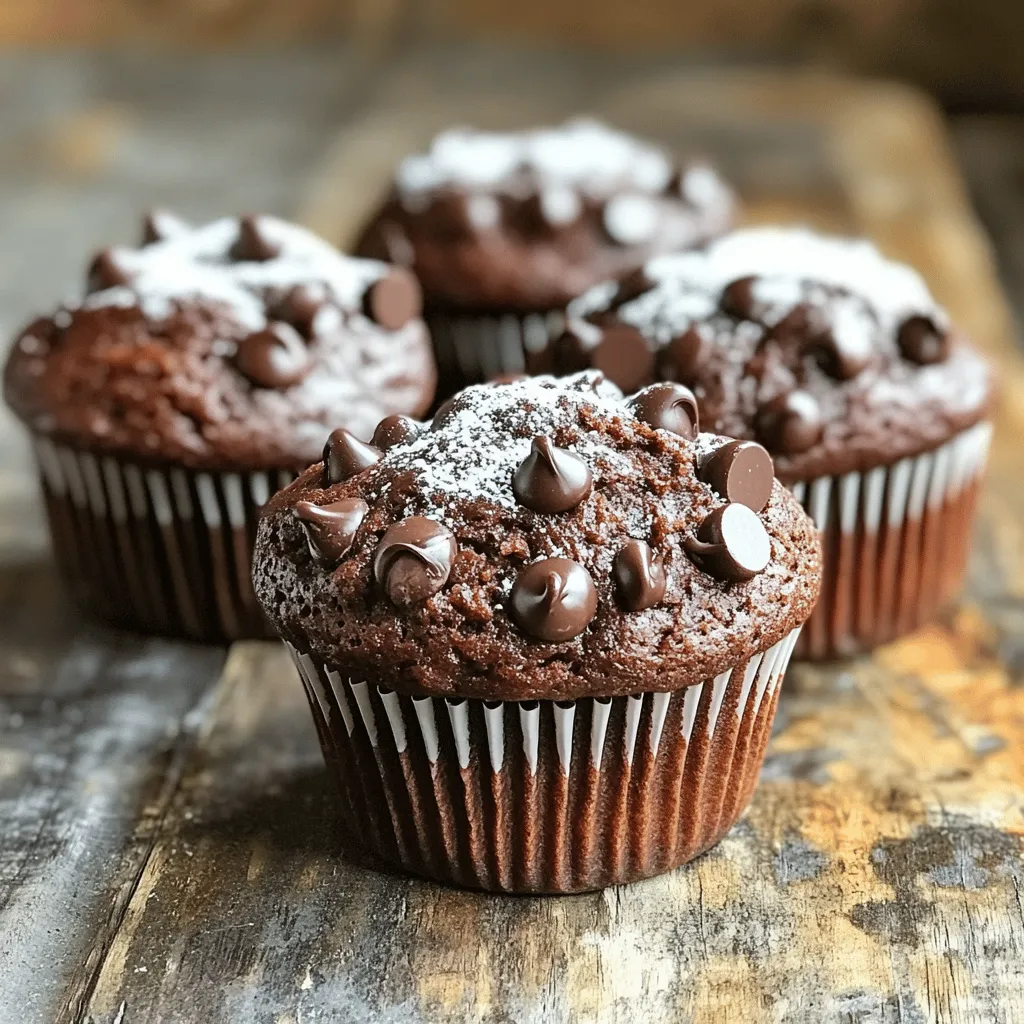 To bake the best chocolate muffins, gather these simple ingredients: - 1 ½ cups all-purpose flour - ½ cup unsweetened cocoa powder - 1 cup granulated sugar - 2 teaspoons baking powder - ½ teaspoon baking soda - ¼ teaspoon salt - ½ cup unsalted butter, melted and slightly cooled - 2 large eggs, at room temperature - 1 teaspoon vanilla extract - 1 cup buttermilk (or substitute with 1 cup milk mixed with 1 tablespoon vinegar) - 1 cup semi-sweet chocolate chips - ½ cup dark chocolate chips (optional, for an indulgent touch) These ingredients come together to create a rich, moist muffin. The cocoa powder gives a deep chocolate flavor while the chocolate chips add bursts of sweetness. Using buttermilk makes the muffins soft and tender. You can easily swap buttermilk with a vinegar and milk mix if you don’t have any. The unsalted butter helps bind everything together, while the eggs add richness. Each element plays an important role in making these muffins delightful. Follow the full recipe for a step-by-step guide on how to combine these ingredients for the perfect treat. First, set your oven to 350°F (175°C). This temperature ensures the muffins bake evenly. While the oven heats, prepare your muffin tin. You can use paper liners or grease each cup with non-stick spray. This step helps keep the muffins from sticking. In a large bowl, add the dry ingredients. Combine 1 ½ cups of all-purpose flour, ½ cup of unsweetened cocoa powder, 1 cup of granulated sugar, 2 teaspoons of baking powder, ½ teaspoon of baking soda, and ¼ teaspoon of salt. Whisk these ingredients until they blend well. Look for any clumps and break them up. In another bowl, mix the wet ingredients. Start with ½ cup of melted butter that has cooled a bit. Add 2 large eggs and 1 teaspoon of vanilla extract. Whisk these together until smooth and creamy. Next, pour in 1 cup of buttermilk. You can use regular milk mixed with 1 tablespoon of vinegar as a substitute. Gently combine wet and dry ingredients. Slowly pour the wet mixture into the dry bowl. Use a spatula to fold them together. Be careful not to overmix. A few lumps in the batter are just fine. This keeps the muffins light and fluffy. Spoon the batter into your prepared muffin cups. Fill each cup about ¾ full. This gives them room to rise. Now, place the muffin tin in the oven. Bake for 18 to 20 minutes. Check for doneness by sticking a toothpick in the center. If it comes out clean or with a few crumbs, they’re ready. After baking, let the muffins cool for about 5 minutes in the pan. Then, transfer them to a wire rack to cool completely. For a nice touch, dust the cooled muffins with powdered sugar. You can also drizzle melted chocolate on top. Enjoy them warm for the best taste! For the full recipe, refer to the earlier section. Mixing is key but be careful. Overmixing can make muffins dense. Stir the batter gently until just combined. It’s okay if some lumps remain. This will help keep muffins light and airy. To achieve fluffy muffins, use room temperature eggs and buttermilk. This helps create a smooth batter. Also, ensure your baking powder and baking soda are fresh. These leavening agents help the muffins rise well in the oven. Moisture is essential for great muffins. Use melted butter instead of solid butter. Adding buttermilk also enhances moisture. If you want, add an extra egg. This will add more richness and keep your muffins soft. For a full recipe, check the complete instructions in the Full Recipe section. {{image_4}} You can make your chocolate muffins even better by adding nuts or dried fruits. Chopped walnuts or pecans give a nice crunch. If you prefer a sweet touch, try dried cherries or raisins. Just fold in about ½ cup of your choice into the batter. This way, you get extra flavor and texture in each bite. To make gluten-free chocolate muffins, swap the all-purpose flour for a gluten-free blend. Look for a blend that has xanthan gum. This helps give the muffins a nice rise. You can also use almond flour for a nutty flavor. Just keep the same amount in the recipe. For a vegan twist, replace the eggs with flaxseed meal. Mix 1 tablespoon of flaxseed meal with 3 tablespoons of water. Let it sit for a few minutes to thicken. Use almond or oat milk instead of buttermilk. You can still enjoy rich flavor by keeping the cocoa powder and chocolate chips. This version is just as tasty and friendly for plant-based diets. For more details, check out the [Full Recipe]. To keep your chocolate muffins fresh, store them in an airtight container. Place them at room temperature for up to three days. If you want them to last longer, you can refrigerate them. Just make sure to let them cool completely before sealing them up. This helps keep them soft and moist. Freezing chocolate muffins is easy and keeps them tasty. First, let the muffins cool down fully. Wrap each muffin in plastic wrap and then place them in a freezer bag. You can keep them frozen for up to three months. When you want a muffin, just take it out and let it thaw in the fridge or on the counter. Reheating chocolate muffins can bring back their warmth and softness. You can use the microwave for quick reheating. Just place a muffin on a plate, cover it with a damp paper towel, and heat for about 15 to 20 seconds. For a crispier finish, use the oven. Preheat it to 350°F (175°C) and heat the muffins for about 5 to 7 minutes. This makes them feel fresh-baked again. For the full recipe, check out Decadent Double Chocolate Muffins. Homemade chocolate muffins stay fresh for about 3 days at room temperature. To keep them longer, store them in an airtight container. If you want to save them for later, freeze the muffins. They can last up to 3 months in the freezer. Yes, you can substitute some ingredients. If you don’t have buttermilk, mix regular milk with vinegar. You can also use coconut oil instead of butter for a dairy-free option. For gluten-free muffins, swap all-purpose flour for a gluten-free blend. The key to rich chocolate flavor is using high-quality cocoa powder and chocolate chips. I recommend dark chocolate chips too. They add depth to the flavor and make each bite more decadent. Mixing both semi-sweet and dark chocolate creates a nice balance. To check if the muffins are done, insert a toothpick into the center. If it comes out clean or with a few crumbs, they are ready. Do not rely on just the time; ovens can vary. Keep an eye on them as they bake. Yes, you can use regular milk. To mimic buttermilk, mix 1 cup of milk with 1 tablespoon of vinegar. Let it sit for 5 minutes before using. This creates acidity, which helps the muffins rise and stay moist. For the full recipe, check the instructions above. You learned how to make delicious chocolate muffins. We covered the right ingredients, mixing steps, and baking tips. Remember to avoid overmixing for fluffy muffins. Don’t hesitate to try variations like adding nuts or making vegan options. Proper storage keeps your muffins fresh and tasty. Bake these treats and enjoy them! With practice, you'll master muffins that everyone loves. Happy baking!