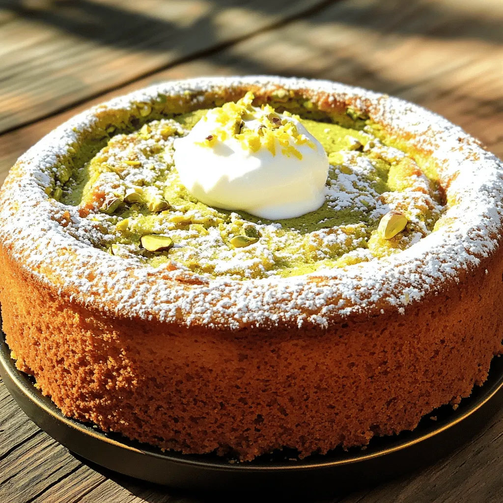 To make this delightful pistachio cake, you need these key ingredients: - 1 cup shelled unsalted pistachios, finely ground - 1 ½ cups all-purpose flour - 1 teaspoon baking powder - ½ teaspoon baking soda - ¼ teaspoon salt - ½ cup unsalted butter, softened to room temperature - 1 cup granulated sugar - 3 large eggs, at room temperature - 1 teaspoon pure vanilla extract - ½ cup plain Greek yogurt, preferably full-fat - 1 tablespoon fresh lemon zest - 1 tablespoon milk (adjust for consistency as needed) These ingredients come together to create a soft and moist cake with a lovely pistachio flavor. For a beautiful finish, consider using these optional ingredients: - Powdered sugar for dusting - Whipped cream for serving - Chopped pistachios for topping - Fresh lemon zest for added brightness These garnishes enhance the cake's look and taste, making it even more delightful. You will need a few simple tools for this recipe: - 9-inch round cake pan - Mixing bowls (medium and large) - Electric mixer or whisk - Rubber spatula for folding - Measuring cups and spoons - Toothpick to check for doneness - Wire rack for cooling Having these tools ready will make your baking process smooth and fun. This recipe is easy and perfect for sharing with friends and family. You can find the full recipe in the article. Start by gathering all your ingredients. You will need: - 1 cup shelled unsalted pistachios, finely ground - 1 ½ cups all-purpose flour - 1 teaspoon baking powder - ½ teaspoon baking soda - ¼ teaspoon salt - ½ cup unsalted butter, softened to room temperature - 1 cup granulated sugar - 3 large eggs, at room temperature - 1 teaspoon pure vanilla extract - ½ cup plain Greek yogurt, preferably full-fat - 1 tablespoon fresh lemon zest - 1 tablespoon milk (adjust for consistency as needed) Now, preheat your oven to 350°F (175°C). Grease a 9-inch round cake pan with butter. You can dust it with flour or use parchment paper for easy removal later. In a medium bowl, whisk together the flour, baking powder, baking soda, and salt. Set this aside. In a large bowl, cream the softened butter and sugar using an electric mixer. Mix for about 2-3 minutes until fluffy and light in color. Next, add the eggs one at a time. Mix well after each egg. Add the vanilla extract and lemon zest, combining until smooth. Now, fold in the finely ground pistachios so that they mix well. Gradually add the dry mixture and Greek yogurt to the batter. Start with one-third of the flour, then half of the yogurt. Repeat this until you use everything. Do not overmix. If the batter seems too thick, add milk by the tablespoon until it is smooth and thick but pourable. Pour the batter into the prepared cake pan. Use a spatula to smooth the top. Bake in the oven for 30-35 minutes. To check if it's done, insert a toothpick into the center. It should come out clean or with a few moist crumbs. Once baked, take it out of the oven and let it cool in the pan for about 10 minutes. Then, gently turn the cake onto a wire rack to cool completely. Enjoy making your delightful pistachio cake! For the full recipe, refer to the earlier instructions. To make your pistachio cake light and fluffy, start by creaming the butter and sugar well. Use an electric mixer and beat them until the mix is pale and airy. This step adds air, which helps the cake rise. When you add eggs, do it one at a time. Mix each egg in fully before adding the next. Lastly, avoid overmixing when you combine the dry and wet ingredients. This keeps the cake soft and tender. Baking time is key to a great pistachio cake. Set your oven to 350°F (175°C) and bake for 30-35 minutes. To check if it’s done, poke a toothpick into the center. If it comes out clean or with a few crumbs, the cake is ready. Keep an eye on it in the last few minutes to prevent overbaking, which can make it dry. Watch out for a few common mistakes to keep your cake perfect. First, don’t skip room temperature ingredients. Cold eggs and butter can affect how well they mix. Second, measure your flour correctly. Too much flour makes the cake dense. Use a spoon to fill your measuring cup and level it off. Lastly, avoid opening the oven door too soon. This can cause the cake to sink in the middle. For a full recipe, check the [Full Recipe]. {{image_4}} You can give your pistachio cake a twist by adding flavors. Try mixing in 1 teaspoon of almond extract for a nutty profile. Orange zest is another nice addition. It adds fresh brightness. You can also fold in chocolate chips for a rich touch. Each flavor enhances the cake's taste and makes it special. To make a gluten-free version, switch all-purpose flour with a gluten-free blend. Look for one that works well in baking. You can also use almond flour to enhance the pistachio flavor. Be sure to check that your baking powder is gluten-free. This way, everyone can enjoy the cake, no matter their diet. For birthdays or celebrations, decorating your cake can make it shine. Use whipped cream and top it with crushed pistachios. You can also add fresh berries for a pop of color. Edible flowers can make your cake look stunning. A drizzle of honey or chocolate sauce can add another layer of flavor. These touches make your cake not just tasty but also a feast for the eyes. For the full recipe, click [here](#). To keep your leftover pistachio cake fresh, wrap it tightly in plastic wrap. This keeps moisture in and prevents the cake from drying out. Place the wrapped cake in an airtight container. You can also use a cake dome for easy access. Store it at room temperature for up to three days. If you want to keep it longer, consider freezing it. If you have extra cake, freezing is a great option. First, let the cake cool completely. Then, slice it into pieces for easy thawing. Wrap each slice in plastic wrap, then place them in a freezer-safe bag. Label the bag with the date for easy tracking. You can freeze the cake for up to three months. When you’re ready to enjoy it, simply thaw overnight in the fridge or at room temperature. To maintain the best flavor and texture, avoid exposing the cake to air. Keep it in a cool, dry place. If you live in a humid area, refrigerating the cake can be helpful. Just remember to take it out an hour before serving. This way, it can return to room temperature. For added flavor, you can even drizzle a little honey or syrup on top before serving. Enjoy your delightful creation! Your pistachio cake will last about 3 to 5 days. Store it in an airtight container at room temperature. If you want it to last longer, refrigerate it for up to a week. You can use salted pistachios, but it may change the cake's flavor. The saltiness can make your cake taste different. If you do use salted ones, reduce the added salt in the recipe. If you don't have Greek yogurt, you can use regular yogurt. Sour cream works well too. Both options keep the cake moist and add a nice tang. To check if the cake is done, insert a toothpick in the center. If it comes out clean or with a few moist crumbs, the cake is ready. It should spring back when lightly touched. Yes, you can make the cake a day ahead. Just cool it completely before wrapping it tightly. Store it at room temperature. You can frost it the next day for the best flavor. For the full recipe, refer to the earlier section. This blog post covered everything you need for a delicious pistachio cake. We discussed ingredients, helpful tips, and step-by-step instructions. You learned how to mix, bake, and store your cake. Remember, small changes can lead to big flavors. Keep trying different variations to find your favorite. Use these tips to bake a cake that impresses everyone. Now, you’re ready to enjoy this tasty treat. Happy baking!