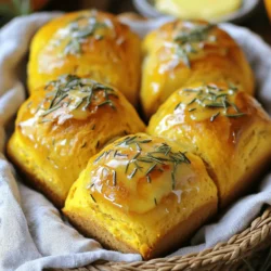 To make rosemary pumpkin bread rolls, you need: - 2 cups all-purpose flour - 1 cup pumpkin puree - 2 tablespoons fresh rosemary, finely chopped - 2 tablespoons sugar - 1 teaspoon salt - 1 tablespoon baking powder - 1/2 teaspoon baking soda - 1/2 cup milk (or a dairy-free alternative) - 1/4 cup olive oil - 1 large egg - Extra softened butter for brushing For gluten-free options, you can use a gluten-free flour blend. This helps keep the rolls fluffy and light. If you prefer dairy-free, swap milk with almond or oat milk. You can also try using aquafaba instead of the egg for a vegan version. When measuring flour, use a spoon to scoop it into your measuring cup. This avoids packing it down, which can lead to too much flour. For pumpkin puree, use a dry measuring cup. Level it off with a flat edge to ensure accuracy. Fresh rosemary brings a bright, earthy flavor. It adds a lovely aroma and enhances the pumpkin taste. Dried rosemary works in a pinch, but fresh is best for this recipe. The flavor is more vibrant and adds depth to the rolls. To start, preheat your oven to 375°F (190°C). This step is key for baking. A hot oven helps the rolls rise well. While the oven warms up, prepare your baking sheet. Line it with parchment paper. This prevents the rolls from sticking. It also makes cleanup easier. In a large bowl, mix the dry ingredients first. Combine 2 cups of all-purpose flour, 2 tablespoons of sugar, 1 teaspoon of salt, 1 tablespoon of baking powder, and 1/2 teaspoon of baking soda. Use a whisk to blend these well. In another bowl, whisk together 1 cup of pumpkin puree, 1/2 cup of milk, 1/4 cup of olive oil, and 1 large egg. Pour this wet mix into the dry ingredients. Add the 2 tablespoons of finely chopped rosemary. Fold everything gently with a spatula. Be careful not to overmix. The dough will be a bit sticky, which is normal. Dust your work surface lightly with flour. Place the dough on it and shape it into a mass. Divide the dough into 12 equal pieces. Roll each piece into a smooth ball with your hands. Place these balls on the prepared baking sheet. Make sure to leave space between them. This allows the rolls to grow during baking. Brush the tops with softened butter for a golden look. Bake in the preheated oven for about 15-20 minutes. The rolls should be golden brown. Check with a toothpick; it should come out clean. Enjoy your lovely rosemary pumpkin bread rolls warm! You can find the Full Recipe for more detailed steps. To make fluffy and light bread rolls, start with the right dough. Knead gently but firmly. This helps build the structure without making it tough. You should also let the dough rest. Resting allows the gluten to relax, which makes the rolls rise better. After you shape the dough into balls, let them sit for about 20 minutes before baking. This step makes a big difference. Want to boost the flavor of your rolls? Try adding spices. A pinch of nutmeg or cinnamon can elevate the taste. You can also mix in other herbs. Thyme or sage pairs well with rosemary. For sweetness, you can swap white sugar with brown sugar or maple syrup. Each sweetener adds its own twist to the rolls. Serving rosemary pumpkin bread rolls can be fun and creative. Place them in a warm basket lined with a cloth. This keeps them cozy and adds charm. For garnish, sprinkle fresh rosemary on top. It adds color and aroma. You can pair these rolls with honey butter or garlic spread. These toppings enhance the experience and make your meal even more special. Enjoy your flavorful and fluffy treat! For the complete recipe, check out the Full Recipe section. {{image_4}} You can add cheese to these rolls for a tasty twist. Feta gives a nice salty bite. Cheddar adds a sharp flavor that pairs well with pumpkin. Try using goat cheese for a creamy touch. You can also switch up the herbs. Thyme or sage can give your rolls a fresh twist. If you want something sweet, adapt the recipe easily. Add sugar or honey to the dough. You can also mix in chocolate chips for a rich flavor. Dried fruits, like cranberries or raisins, work well too. These changes make a nice treat for breakfast or dessert. To make these rolls gluten-free, use a gluten-free flour blend. Ensure it has a good mix of starches and fibers. You can also make these rolls vegan. Use almond milk instead of dairy. Replace the egg with a flaxseed or chia seed mixture. Both changes keep the texture nice and fluffy. For the full recipe, check out the details above. To keep your rosemary pumpkin bread rolls fresh, store them in an airtight container. This helps prevent them from drying out. If you do not have an airtight container, wrap them tightly in plastic wrap. Place the rolls at room temperature for up to three days. For longer storage, consider putting them in the fridge. However, this may change their texture slightly. When you want to enjoy your leftover rolls, reheating is key. The best way to reheat them is in the oven. Preheat your oven to 350°F (175°C). Place the rolls on a baking sheet and cover them loosely with foil. Heat for about 10-15 minutes. This method keeps them soft and fluffy. If you use a microwave, heat them for 10 seconds at a time. Be careful not to overheat. This can make them tough and dry. Freezing is a great option if you have extra rolls. To freeze, wrap each roll in plastic wrap. Then, place them in a freezer bag. This keeps the rolls fresh for up to three months. When you are ready to eat them, remove the rolls from the freezer. Let them thaw at room temperature for a few hours. Once thawed, you can reheat them using the oven method. Enjoy your delicious rolls anytime! For the full recipe, check out the details above. Yes, you can make these rolls without eggs. Here are some great substitutes: - Flaxseed meal: Mix 1 tablespoon of flaxseed meal with 2.5 tablespoons of water. Let it sit for 5 minutes. - Chia seeds: Use 1 tablespoon of chia seeds mixed with 2.5 tablespoons of water. Allow it to thicken for about 5 minutes. - Applesauce: You can use 1/4 cup of unsweetened applesauce in place of one egg. These substitutes may change the texture slightly, making the rolls denser. However, they still taste great and are a fun way to explore different flavors. Rosemary pumpkin bread rolls pair well with many dishes. Here are some ideas: - Soups: These rolls are perfect with pumpkin or butternut squash soup. - Salads: Serve them alongside a light spinach or arugula salad. - Dips: Try them with a creamy garlic dip or hummus for a tasty snack. - Spreads: Honey butter or herb-infused butter can elevate the rolls. These rolls add warmth and flavor to any meal, making them a versatile choice. When stored properly, rosemary pumpkin bread rolls can last for about 3 days at room temperature. Keep them in an airtight container to maintain freshness. If you want them to last longer, you can freeze them. Wrap each roll tightly in plastic wrap, then place them in a freezer bag. They can last up to 3 months in the freezer. To enjoy them later, just thaw at room temperature or warm them in the oven. In this post, I shared a simple guide for making rosemary pumpkin bread rolls. I covered the right ingredients, their measurements, and step-by-step instructions for perfecting the recipe. I also shared tips for flavor and texture, along with variations and storage ideas. Remember, you can adapt this recipe to suit your needs, whether gluten-free, vegan, or savory. Enjoy your baking adventure, and make these rolls a staple at your table!
