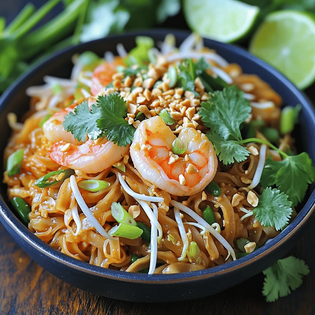 - 8 ounces rice noodles - 1 pound shrimp, peeled and deveined - 2 large eggs, lightly beaten - 1 cup fresh bean sprouts - 3 tablespoons fish sauce - 1 tablespoon tamarind paste - 2 tablespoons brown sugar - Juice of 1 lime - Chopped roasted peanuts - Fresh cilantro leaves - Red pepper flakes (optional, for heat) When preparing this easy Pad Thai with shrimp, it helps to gather all your ingredients first. This makes cooking smoother and faster. The main ingredients, such as rice noodles and shrimp, are key. Rice noodles give the dish its signature texture. Shrimp adds protein and a sweet flavor. The eggs and bean sprouts bring richness and crunch. For flavor, fish sauce, tamarind paste, brown sugar, and lime juice are essential. Fish sauce gives a salty umami taste. Tamarind adds a unique tanginess. Brown sugar balances the flavors with sweetness. Lime juice brightens everything up. Lastly, don’t forget the garnish! Chopped roasted peanuts add crunch. Fresh cilantro gives a fresh taste. If you like heat, sprinkle in some red pepper flakes. These simple ingredients come together to create a delightful dish. Check the Full Recipe for all steps to make this meal. Enjoy cooking! Start by cooking the rice noodles. Follow the package instructions carefully. Once they are soft, drain them in a colander. Rinse the noodles under cold water to stop the cooking. This keeps them from getting mushy. Set the noodles aside for later. Next, heat one tablespoon of vegetable oil in a large skillet. Use medium-high heat. Add one clove of minced garlic. Sauté it for about 30 seconds. You want it fragrant and golden. Be careful not to burn the garlic. After that, add one pound of peeled and deveined shrimp. Cook the shrimp for 2-3 minutes. They should turn pink. Once done, remove the shrimp from the skillet and keep them warm on a plate. Now, let’s move on to the eggs. In the same skillet, pour in two large, lightly beaten eggs. Let them cook without stirring for a little bit. After a minute, scramble the eggs gently with a spatula. Once they are fully cooked, push them to one side of the skillet. Next, mix in the cooked rice noodles, shrimp, one cup of fresh bean sprouts, and three chopped green onions. Toss everything together gently. This helps to spread the flavors evenly. Now, we create the sauce. In a small mixing bowl, whisk together three tablespoons of fish sauce, one tablespoon of tamarind paste, two tablespoons of brown sugar, and the juice of one lime. Once well-mixed, pour this sauce over the noodle mixture in the skillet. Toss everything again to coat the ingredients well. Finally, let everything cook together for another 2-3 minutes. This allows the flavors to meld. If you like some heat, sprinkle in red pepper flakes to taste. Your Easy Pad Thai with Shrimp is ready to serve! To cook shrimp just right, heat your skillet over medium-high. Add the shrimp and sauté for 2-3 minutes until they turn pink. If you cook them too long, they'll become rubbery. Remove shrimp right away to keep them tender. For noodles, stick to this method: cook rice noodles according to the package. After cooking, rinse them under cold water. This stops the cooking process and helps keep them from sticking together. Toss them lightly with a bit of oil if needed. If shrimp isn’t your thing, you can use tofu or chicken instead. Tofu should be firm and cubed, while chicken can be sliced thinly. Just remember to adjust the cooking time. For those needing a gluten-free option, look for rice noodles labeled gluten-free. You can also substitute tamari for fish sauce if you want a soy-based flavor. To make your Pad Thai look amazing, use shallow bowls. Garnish with chopped peanuts and cilantro for color. Lime wedges on the side add a fresh touch. Pair your Pad Thai with a light salad or spring rolls for a full meal. This adds balance and keeps it light yet satisfying. For more options, you can explore different side dishes that enhance the flavors of the dish. {{image_4}} You can easily make a vegetarian Pad Thai. Simply swap the shrimp for tofu or more veggies. Firm tofu works best, as it adds texture. Cut the tofu into cubes and pan-fry it until golden. You can also add bell peppers, carrots, and zucchini for a colorful dish. This mix will give you great flavor and crunch. If you love heat, a spicy Pad Thai is for you. Just add more red pepper flakes to your dish. You can also include spicy ingredients like sliced chili peppers or sriracha. This will make your meal bold and exciting. Be careful not to overdo it, though! Start with a little and taste as you go. Tofu comes in many forms, each with its own texture. Silken tofu is soft and great for blending, while firm tofu holds its shape. For the best flavor, marinate your tofu in the sauce before cooking. Sauté it until it’s golden brown. This brings out its taste and makes it a hearty option in your Pad Thai. To keep your Pad Thai fresh, use airtight containers. Glass or BPA-free plastic containers work best. Let the dish cool down before sealing it. This helps prevent moisture buildup, which can make your noodles soggy. Place the container in the fridge. Your Pad Thai can stay fresh for up to three days. Always label your containers with dates for easy tracking. If you want to save Pad Thai for later, freezing is a great option. First, let the dish cool completely. Then, portion it into freezer-safe bags or containers. Remove as much air as possible before sealing to avoid freezer burn. Your Pad Thai can last up to three months in the freezer. To reheat, thaw it overnight in the fridge. Then, warm it on the stove over medium heat. Add a splash of water to help separate the noodles. In the fridge, Pad Thai lasts about three days. In the freezer, it stays fresh for three months. Always check for signs of spoilage before eating. If it smells off or looks strange, throw it out. Enjoy your tasty meals safely! Sticky noodles can ruin your Pad Thai. Sticky noodles often happen due to overcooking or not rinsing them. Here are some tips to keep your noodles perfect: - Cook carefully: Follow the package directions for cooking time. Aim for al dente. - Rinse after cooking: Drain your noodles in a colander. Rinse them under cold water to stop the cooking. - Toss with oil: After rinsing, toss the noodles with a little oil. This helps keep them separate. Yes, you can use many proteins in Pad Thai! Here are some great options: - Tofu: Use firm tofu, cut into cubes. Cook it until golden. - Chicken: Slice chicken breast thinly. Cook it until no pink remains. - Beef: Use flank steak or sirloin, sliced thin. Cook it quickly for tenderness. - Pork: Thinly slice pork tenderloin. Cook it until browned and cooked through. Adjust cooking times based on the protein you choose. Tamarind paste is a tangy and sweet ingredient from tamarind pods. It adds depth to Pad Thai. If you can’t find it, try these substitutes: - Soy sauce: Use soy sauce for saltiness, but it won’t add the same tang. - Lime juice: Mix lime juice with a little brown sugar for a similar flavor. - Vinegar: Rice vinegar can work too, but it may taste different. Making gluten-free Pad Thai is simple with the right choices. Here are some tips: - Noodles: Use rice noodles, which are naturally gluten-free. - Sauce: Substitute fish sauce with gluten-free soy sauce or tamari. - Check labels: Always check labels on sauces for gluten-free options. With these changes, you can enjoy a delicious gluten-free Pad Thai! For the complete method, check out the Full Recipe. Pad Thai is a dish full of flavor and fun. We explored its main ingredients, like rice noodles and shrimp, and discussed how to cook them perfectly. Remember the key tips for silky noodles and flavorful sauce to enhance your dish. You can also try fun variations, like vegetarian or spicy options. With proper storage, your Pad Thai stays fresh and delicious. Create a unique meal that satisfies your taste buds and impresses your friends. Enjoy cooking, and don't hesitate to experiment!