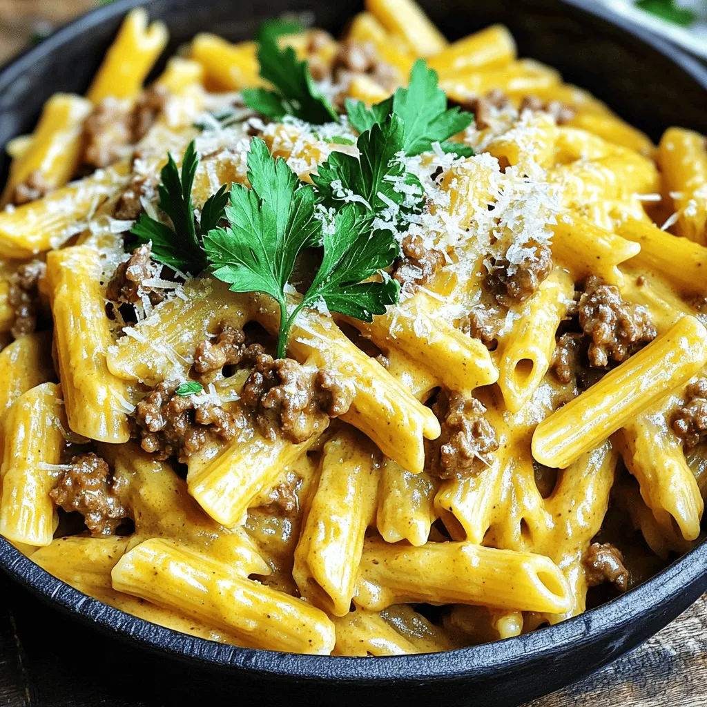 - 8 oz pasta (penne or fusilli) - 1 lb ground beef - 1 cup heavy cream - 1 cup beef broth - 1 medium onion, finely chopped - 3 cloves garlic, minced - 1 tablespoon soy sauce - 1 teaspoon Italian seasoning - Salt and pepper to taste - ½ cup grated Parmesan cheese - Fresh parsley, chopped - Olive oil for cooking The main ingredients in this creamy ground beef pasta dish create a rich and hearty meal. The pasta serves as the base, bringing a satisfying texture. Ground beef adds protein and flavor. Heavy cream and beef broth create a luscious sauce that coats every bite. Aromatics play a key role. Chopped onion and minced garlic bring depth and warmth to the dish. Soy sauce adds a hint of umami, enhancing the overall flavor. Italian seasoning ties everything together, giving it a classic touch. Salt and pepper balance the flavors, making each bite enjoyable. For garnishing, grated Parmesan cheese melts into the hot pasta, adding creaminess and a salty kick. Fresh parsley brightens the dish, providing color and freshness. Olive oil is essential for cooking the aromatics and browning the beef. You can find the full recipe for this dish, which outlines everything you need to create this creamy delight. - Boil salted water and cook pasta until al dente, about 8-10 minutes. - Drain the pasta and reserve a small cup of pasta water for later. - Heat olive oil in a large skillet over medium heat. - Add finely chopped onion and minced garlic until the onion turns translucent, about 3-5 minutes. - Increase the heat and add ground beef to the skillet. - Cook until browned, breaking it apart, and drain excess fat. - Reduce heat and add heavy cream, beef broth, and soy sauce to the skillet. - Season with salt, pepper, and Italian seasoning, then simmer for 5 minutes until thickened. - Mix the drained pasta into the creamy sauce in the skillet. - Adjust the consistency with reserved pasta water if the sauce is too thick. - Add grated Parmesan cheese and stir until melted and creamy. - Garnish with freshly chopped parsley and serve hot. For the complete instructions, check out the Full Recipe. For creamy ground beef pasta, I recommend using penne or fusilli. These shapes hold sauce well. The ridges and curves trap the creamy sauce, enhancing each bite. You can also try rotini or shells for a fun twist. To boost flavor, add a pinch of red pepper flakes or a dash of smoked paprika. Fresh herbs like basil or thyme brighten the dish. To balance the creaminess, consider a squeeze of lemon juice. This adds freshness and cuts through the richness. For perfect pasta, cook it until al dente. This means it should be firm to the bite. Drain it well, but save a bit of pasta water for later. When browning the beef, use medium-high heat. This ensures even browning and great flavor. Stir occasionally for best results. Enjoy these tips as you create your creamy ground beef pasta from the [Full Recipe]. {{image_4}} You can easily add vegetables to your creamy ground beef pasta. Greens like spinach, kale, or broccoli work well. You can also use bell peppers, zucchini, or mushrooms for extra flavor and color. To cook vegetables, add them to the skillet after the onions and garlic. Sauté them for about 3-4 minutes, until they soften. This step helps blend the flavors and creates a healthy twist. If you want to switch things up, try using ground turkey or chicken instead of beef. These meats offer a lighter taste and can be just as satisfying. When using turkey or chicken, cook them until they are no longer pink, which usually takes about 5-6 minutes. You may also need to adjust the seasoning, as these meats can be less flavorful than beef. For a gluten-free option, use gluten-free pasta made from rice or quinoa. They cook in a similar way and still taste great. If you need a dairy-free version, look for cream alternatives made from nuts or soy. Nutritional yeast is a great substitute for cheese, giving you a cheesy flavor without dairy. These adjustments let everyone enjoy this dish without missing out. To store leftovers, let the creamy ground beef pasta cool. Place it in an airtight container. This helps keep it fresh for up to three days. I recommend using glass containers. They seal tightly and are easy to reheat. The best methods for reheating the pasta are using the stove or microwave. If using the stove, add a splash of beef broth or cream. This keeps the dish creamy. Stir it often to heat evenly. For the microwave, cover the bowl with a damp paper towel. Heat in short bursts, stirring in between. To freeze the dish, let it cool completely. Transfer it to a freezer-safe container. Seal tightly to avoid freezer burn. You can freeze it for up to three months. When ready to eat, thaw it overnight in the fridge. Reheat gently on the stove or in the microwave, adding a little cream to restore the texture. Creamy ground beef pasta lasts about 3 to 4 days in the fridge. To keep it fresh, store it in an airtight container. Let it cool before sealing to avoid steam buildup. This helps prevent sogginess and keeps the flavors intact. When you are ready to eat, just reheat it on the stove or in the microwave. Yes, you can make this recipe ahead of time. Prepare the dish up to the point of adding the pasta. Store the sauce and pasta separately in the fridge. When you're ready to serve, cook the pasta and mix it with the sauce. This keeps the pasta from getting mushy and helps maintain its texture. Absolutely! Creamy ground beef pasta is a hit with kids. To make it even more kid-friendly, you can add vegetables like peas or carrots. They add color and nutrients without overpowering the dish. You can also reduce the seasoning for a milder flavor if your kids prefer less spice. You can serve creamy ground beef pasta with a side salad or garlic bread. A simple green salad adds freshness and crunch. Garlic bread is great for scooping up the creamy sauce. For a complete meal, consider pairing it with steamed veggies or a light soup. For the full recipe, click [here](#). This blog post covered how to make creamy ground beef pasta from start to finish. We explored ingredients, step-by-step instructions, tips for flavor enhancement, and variations to suit your taste. You can modify this dish easily, whether by adding veggies or choosing a different meat. Store any leftovers properly for tasty meals later. Cooking should be fun and easy. Enjoy your creamy pasta, and share it with others!