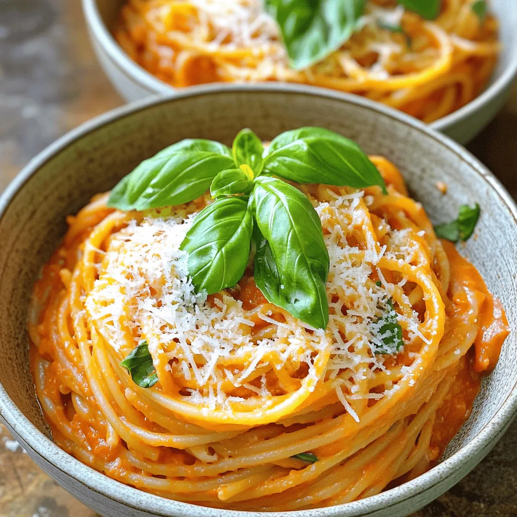 To make a delicious creamy tomato basil pasta, you need the right ingredients. Here’s what you'll need: - 300g pasta of your choice - 2 tablespoons extra virgin olive oil - 4 cloves of garlic, finely minced - 1 can (400g) of high-quality crushed tomatoes - 1 teaspoon granulated sugar - 1 teaspoon dried oregano - 1/2 teaspoon red pepper flakes (optional) - 200ml heavy cream - 1/2 cup freshly grated Parmesan cheese - Salt and black pepper to taste - 1/2 cup fresh basil leaves, roughly chopped - Extra basil leaves for garnish Each ingredient adds flavor and richness. The olive oil gives depth, while garlic adds aroma. Crushed tomatoes form the base, and sugar balances the acidity. Oregano and red pepper flakes bring warmth and spice. Heavy cream makes it rich, while Parmesan adds umami. Fresh basil brightens the dish. For the full recipe, check the details above. These ingredients come together to create a meal that you can enjoy any night of the week! - Fill a pot with water and add salt. - Bring to a boil and cook pasta until al dente. Cooking pasta is simple and fun. Start by filling a big pot with water. Add a good amount of salt to it. This helps the pasta taste better. Bring the water to a boil. Once boiling, add your choice of pasta. Follow the package directions. Usually, it takes about 8 to 10 minutes. Cook until the pasta is al dente, which means it’s firm but not hard. Before you drain it, save a cup of the starchy pasta water. It will help make the sauce creamy later. - Heat olive oil in a skillet. - Add garlic and sauté. - Stir in crushed tomatoes, sugar, oregano, and spices. While the pasta cooks, grab a large skillet. Heat the extra virgin olive oil over medium heat. Once it’s hot, toss in the minced garlic. Sauté it for about a minute. Keep stirring to make sure it smells great but doesn’t burn. Next, pour in the can of crushed tomatoes. Mix it well with the garlic. Add the granulated sugar, dried oregano, and optional red pepper flakes. This mix needs to simmer for about 10 minutes. Stir it now and then to blend the flavors. - Reduce heat, add cream and Parmesan. - Mix in cooked pasta and season to taste. - Fold in fresh basil. Now, lower the heat. Gently stir in the heavy cream. Let the sauce simmer for another 5 minutes. It will thicken a bit. After that, mix in the grated Parmesan cheese. Stir until it melts into the sauce. If it looks thick, add the reserved pasta water a little at a time. You want a creamy, pourable sauce. Now, add the cooked pasta right into the skillet. Toss everything together. Make sure each noodle is covered in that rich sauce. Taste it and add salt and black pepper as needed. Finally, fold in the chopped fresh basil. This will give your dish a fresh burst of flavor. To make a great sauce, start with high-quality tomatoes. They add depth and flavor. Canned tomatoes work well, especially if they are San Marzano. Remember to adjust creaminess with reserved pasta water. This starchy water helps the sauce cling to the pasta just right. When serving, use shallow bowls for a nice touch. Top each bowl with extra basil leaves. A sprinkle of Parmesan cheese adds flavor and looks fancy. You can pair this pasta with garlic bread or a fresh salad for a complete meal. Want to boost the taste? Add spices or herbs like thyme or parsley. A drizzle of olive oil at the end makes everything shine. It adds a rich flavor that ties the dish together perfectly. For the full recipe, check out the Creamy Tomato Basil Pasta Extravaganza! {{image_4}} You can easily add protein to this dish. Grilled chicken makes a great choice. Simply cook the chicken, slice it, and mix it in with the pasta. Shrimp is another fantastic option. Sauté shrimp until pink and combine them with the creamy sauce for a tasty twist. If you prefer vegetarian options, try adding chickpeas. They add protein and a nice texture. Toss them in when you mix the pasta and sauce. If you're looking for a dairy-free version, coconut milk works well. It gives a creamy texture without dairy. Just replace the heavy cream with an equal amount of coconut milk. For cheese lovers, there are great vegan cheese options. Look for a vegan Parmesan or cream cheese. These will help keep the rich flavor while staying dairy-free. You can change this dish based on the season. In spring or summer, add fresh spinach or zucchini. Just sauté them briefly before mixing them in. They add color and nutrients. In fall, consider using butternut squash or kale for a hearty touch. Adjust the herbs, too. If you have fresh herbs, use them instead of dried ones. Fresh basil is always a winner, but you could also try thyme or parsley depending on what’s in season. For the full recipe, check out the Creamy Tomato Basil Pasta Extravaganza. To keep your Creamy Tomato Basil Pasta fresh, store it in an airtight container. Place it in the fridge right after it cools down. This dish lasts about 3 to 5 days. Make sure to label the container with the date. That way, you won’t forget how long it has been stored. You have two main options for reheating: microwave or stovetop. For the microwave, place the pasta in a bowl and cover it with a damp paper towel. Heat for 1-2 minutes, stirring halfway. For stovetop, put it in a skillet with a splash of water or broth. Heat on low, stirring gently. This keeps the sauce creamy and prevents it from drying out. Yes, you can freeze creamy pasta dishes! First, let it cool completely. Then, divide it into portions and place them in freezer-safe bags. Squeeze out the air before sealing. To thaw, move it to the fridge overnight. Reheat using the stovetop method for best results. Add a little cream or water to maintain creaminess. To add heat to the pasta sauce, use more red pepper flakes. You can also chop fresh chili peppers and mix them in. Start with a small amount and taste as you go. This way, you control the spice level to suit your taste. If you like it hot, don’t hold back! Yes, you can use fresh tomatoes! To substitute, start with about 5-6 medium ripe tomatoes. Cut them into chunks and cook them down in the skillet. Add a pinch of salt to help release their juices. This method gives you a fresher taste. Remember to simmer them longer to reach a good sauce consistency. If you want a lighter option, use half-and-half instead of heavy cream. You can also try coconut milk for a dairy-free version. For every 200ml of cream, use 150ml of half-and-half or 200ml of coconut milk. Adjust the seasoning since coconut milk may add a hint of sweetness. Looking for the full recipe? Check out the Full Recipe for all the details! This guide gives clear steps to make a delicious Creamy Tomato Basil Pasta. You learned about the key ingredients, simple cooking methods, and variations to suit your taste. Remember to choose quality ingredients for the best flavor. Don't shy away from personal touches, like adding proteins or changing spices. Enjoy the dish fresh or save leftovers with the right storage. Getting creative is part of the fun. You can make this easy dish your own in many ways while impressing anyone at the table.
