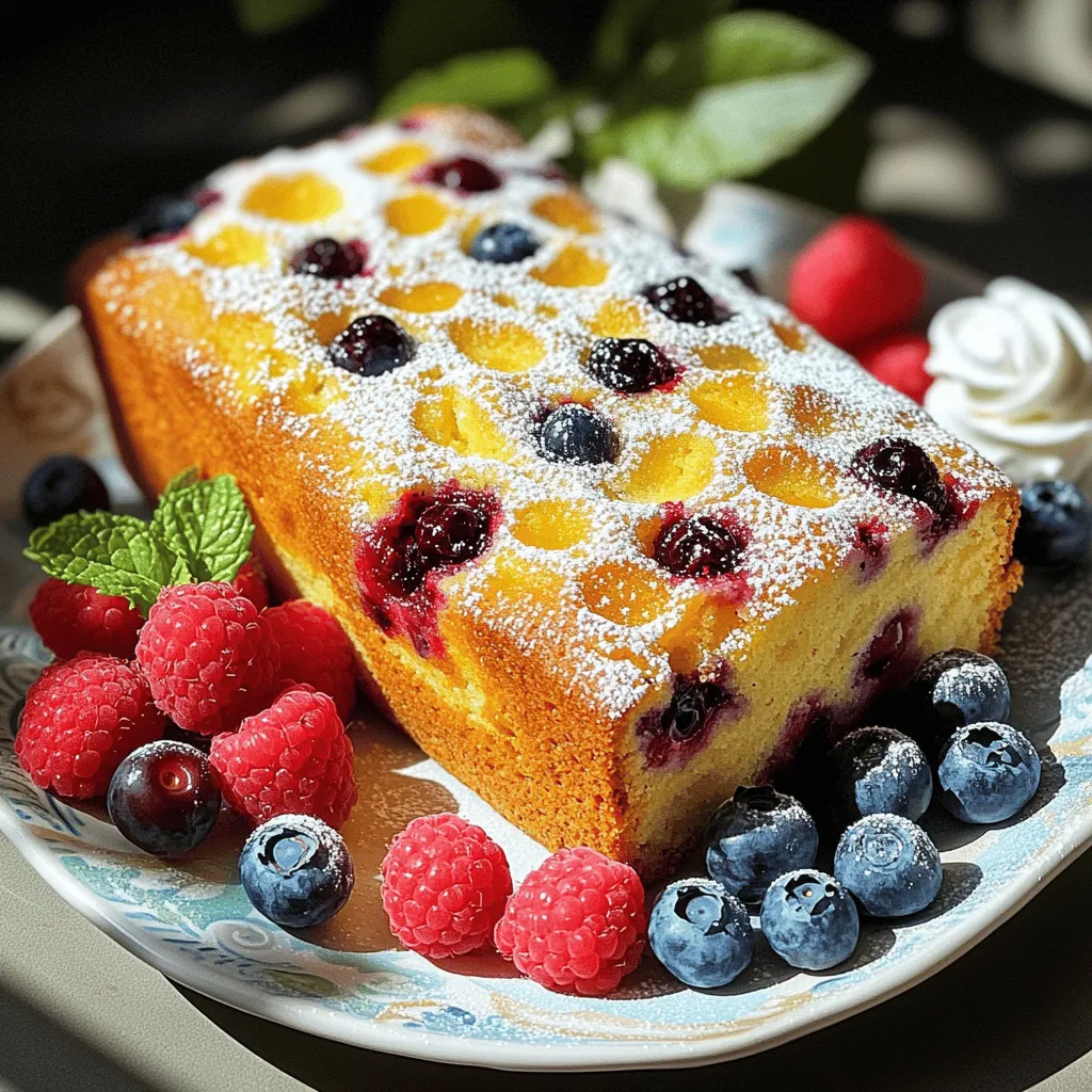 - 1 ½ cups all-purpose flour - ½ cup granulated sugar - 2 teaspoons baking powder - ½ teaspoon baking soda - ½ teaspoon salt - 1 teaspoon pure vanilla extract - ½ cup unsalted butter, softened - 2 large eggs, at room temperature - ¾ cup plain Greek yogurt - 1 cup mixed berries (fresh or frozen) - Zest of 1 lemon - 2 tablespoons fresh lemon juice - ½ cup chopped nuts (walnuts or pecans, optional) - 1 tablespoon powdered sugar (for dusting) This recipe uses simple ingredients that you can find in most kitchens. The all-purpose flour gives structure. Granulated sugar adds sweetness and helps with browning. Baking powder and baking soda make the loaf rise, while salt boosts flavor. Butter adds richness and moisture. Eggs bind the mix and add tenderness. Greek yogurt keeps the loaf soft and adds a tangy taste. Mixed berries bring color and bursts of flavor. Lemon zest and juice brighten the loaf with freshness. If you enjoy nuts, they add a nice crunch. Finally, a light dusting of powdered sugar makes a lovely finish for presentation. Find the Full Recipe to create this delightful treat that is sure to impress! First, preheat your oven to 350°F (175°C). This step is key for even baking. Next, grease and flour your loaf pan. This helps the loaf slide out easily after baking. In a large bowl, combine the dry ingredients. Use 1 ½ cups of all-purpose flour, ½ cup of granulated sugar, 2 teaspoons of baking powder, ½ teaspoon of baking soda, and ½ teaspoon of salt. Whisk them together well. This step ensures that your loaf rises evenly. Take another bowl and cream ½ cup of softened unsalted butter with ½ cup of sugar. Use an electric mixer for about 3-4 minutes. You want the mixture to be light and fluffy. This helps create a nice texture in your loaf. Now, add 2 large eggs to the butter mixture one at a time. Mix well after each egg. Then, stir in 1 teaspoon of pure vanilla extract, the zest of one lemon, and 2 tablespoons of fresh lemon juice. This adds a bright flavor to your loaf. Gradually mix the dry ingredients into the wet mixture. Alternate with ¾ cup of plain Greek yogurt. Start and finish with the dry mix. Be gentle while mixing to avoid overworking the batter. This keeps your loaf soft. Gently fold in 1 cup of mixed berries and ½ cup of chopped nuts if you like. Use a spatula to avoid crushing the berries. This adds bursts of flavor and texture to each slice. Pour the batter into your prepared loaf pan. Smooth the top for even baking. Bake it in the preheated oven for 50-60 minutes. Use a toothpick to check for doneness. It should come out clean or with a few crumbs. Once done, let the loaf cool in the pan for about 10-15 minutes. Then, move it to a wire rack to cool completely. Dust the top with powdered sugar for a beautiful finish. Enjoy your Sweet Berry Loaf Delight! Using room temperature ingredients is key. When butter and eggs are warm, they blend better. Cold ingredients can lead to a dense loaf. Mix gently to avoid over-mixing. When you over-mix, the loaf may become tough. Combine until just mixed for a light texture. You can add spices for a twist. Try cinnamon or nutmeg for warmth. A touch of almond extract can give it a nice flavor too. If you want a fresh taste, consider adding a bit of orange zest. These flavors can brighten the loaf and make it special. Serving is just as important as taste. Cut slices and place them on a fun plate. Add fresh berries on the side for color. A dollop of whipped cream makes it look extra inviting. Dust with powdered sugar for a lovely finish. A sprig of mint adds a pop of green for a pretty touch. {{image_4}} You can use many berries in your Sweet Berry Loaf Delight. Fresh berries taste amazing. Try using blueberries, raspberries, or strawberries. Frozen berries work too. They are easy to find and save time. Just make sure to thaw and drain them first to avoid extra moisture. You can mix and match based on what is in season. For summer, use fresh strawberries and blueberries. In winter, go for frozen raspberries and blackberries. If you need gluten-free options, swap all-purpose flour for a gluten-free blend. Many brands make good mixes that work well. For dairy-free, you can use coconut yogurt instead of Greek yogurt. This change keeps the loaf moist and adds flavor. Also, you might try using plant-based butter for a dairy-free version. You can make your loaf even more fun with add-ins. Try adding chocolate chips for a sweet twist. Dark chocolate pairs well with berries. Another idea is to add a splash of orange or lime zest. This gives a bright, fresh taste. You can also toss in nuts like walnuts or pecans for crunch. Just remember to fold these in carefully to keep your berries whole. Check the Full Recipe for more ideas! After baking your Sweet Berry Loaf Delight, let it cool completely. This step is key. Place the loaf in an airtight container. If you don't have one, wrap it tightly in plastic wrap. This keeps the loaf moist and fresh. Store it at room temperature for up to three days. If you want to keep it longer, the fridge is not the best choice. It can dry out quickly there. To enjoy your loaf warm, slice off a piece. Place it on a microwave-safe plate. Heat it in the microwave for about 15-20 seconds. This keeps the loaf soft and tasty. You can also use an oven. Preheat it to 350°F (175°C). Wrap the slice in foil and heat it for about 10 minutes. This method helps maintain its texture and flavor. To freeze your Sweet Berry Loaf Delight, let it cool completely. Wrap it tightly in plastic wrap. Then, place it in a freezer bag or an airtight container. Label it with the date. The loaf can stay in the freezer for up to three months. When you're ready to enjoy it, take it out and let it thaw in the fridge overnight. For quick thawing, leave it at room temperature for a few hours. This way, you can enjoy your delicious loaf again! For the complete recipe, check the Full Recipe link. You can check your loaf by doing a toothpick test. Insert a toothpick into the center of the loaf. If it comes out clean or with a few crumbs, your loaf is ready. Also, look for a golden brown color on top. The sides should pull slightly away from the pan, too. Yes, you can make this loaf ahead of time. Bake it and let it cool completely. Wrap it tightly in plastic wrap. Store it at room temperature for up to three days. You can also freeze it for up to three months. Just remember to slice it before freezing for easy access. If you need a substitute for Greek yogurt, try using regular plain yogurt or sour cream. Both will keep the loaf moist. You can also use applesauce for a lower-fat option. This might make the loaf a bit sweeter, so adjust the sugar if needed. This recipe can be made vegan with a few changes. Replace the eggs with flax eggs or applesauce. Use a plant-based yogurt instead of Greek yogurt. You can also swap out the butter for coconut oil or vegan butter. These small swaps keep the loaf tasty while meeting vegan needs. You learned about the ingredients needed for a delicious loaf, from flour to berries. I shared simple steps for mixing and baking that create the perfect texture. You can enhance flavors and present your loaf nicely. Remember, variations let you customize your treat. Store it well to enjoy later. With these tips, you can bake confidently and explore new flavors. Follow these steps, and you will impress everyone with your baking skills. Happy baking!