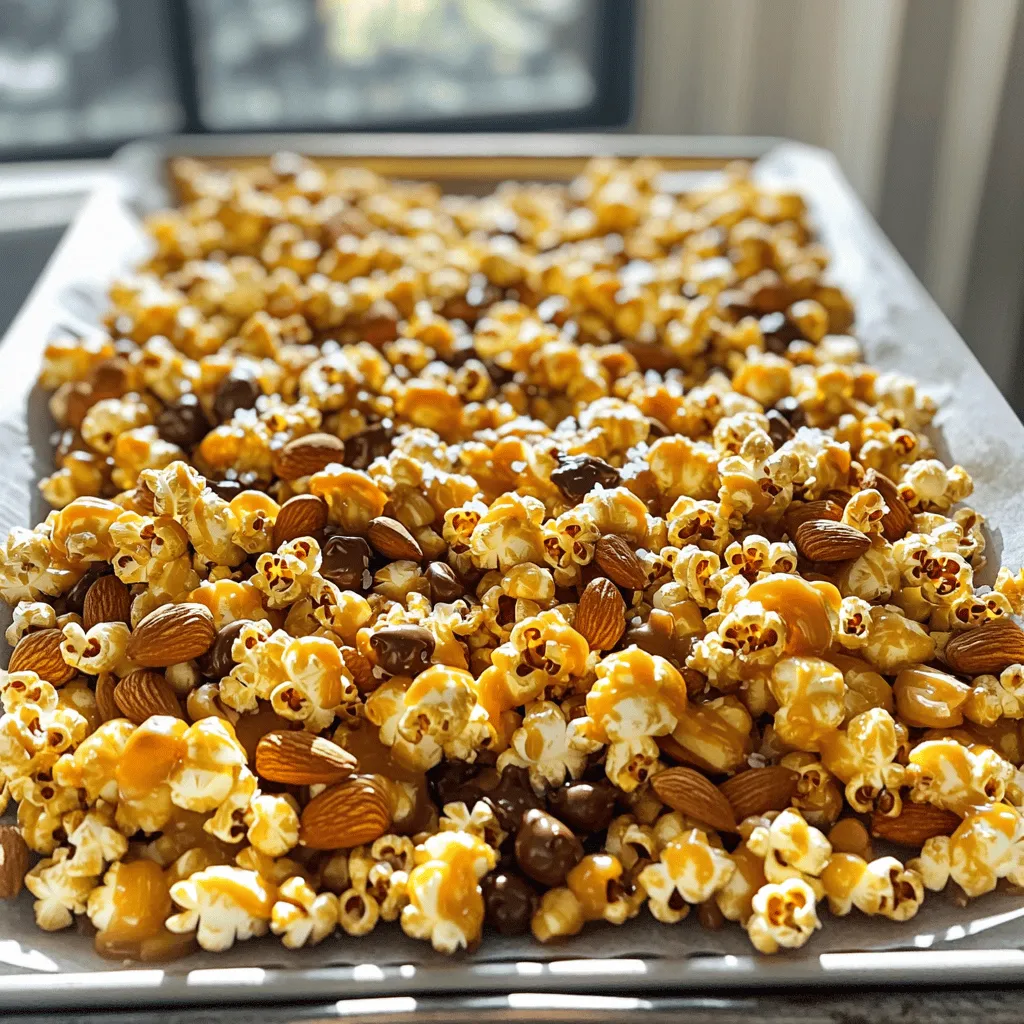To make Moose Munch Caramel Popcorn, gather these simple ingredients: - 12 cups popped popcorn (about 1 cup unpopped kernels) - 1 cup unsalted butter (2 sticks) - 2 cups packed brown sugar - 1/2 cup light corn syrup - 1 teaspoon pure vanilla extract - 1/2 teaspoon baking soda - 1 1/2 cups mixed nuts (like almonds, pecans, and cashews) - 1/2 cup chocolate chips (optional, for drizzling) - Sea salt to taste Understanding the nutrition of each ingredient helps you make better choices: - Popcorn: High in fiber, low in calories when air-popped. - Unsalted butter: Adds richness but is high in fat. Use in moderation. - Brown sugar: Provides sweetness and some minerals, but it's still sugar. - Light corn syrup: Adds moisture and sweetness but has no nutrients. - Mixed nuts: Offer healthy fats, protein, and vitamins. - Chocolate chips: Can add antioxidants but are also high in sugar. If you need substitutes, here are some options: - Popcorn: Use pre-popped popcorn or puffed rice for a quick fix. - Unsalted butter: Coconut oil or margarine can work in a pinch. - Brown sugar: White sugar can replace it, but it will be less rich. - Light corn syrup: Maple syrup or honey can be used for natural sweetness. - Mixed nuts: Swap with seeds like pumpkin or sunflower seeds for nut-free options. - Chocolate chips: Use dark chocolate or skip them for a healthier snack. For the full recipe details, check out the [Full Recipe]. 1. Preheat your oven to 250°F (120°C). Line a large baking sheet with parchment paper. This helps keep the popcorn from sticking. 2. In a big bowl, pop 12 cups of popcorn. You can use an air popper or a stovetop method. Make sure to remove any unpopped kernels. We don’t want any surprises while snacking! 3. In a medium saucepan, melt 1 cup of unsalted butter over medium heat. Once melted, add 2 cups of packed brown sugar and 1/2 cup of light corn syrup. Stir gently until mixed, and bring it to a gentle boil. 4. Let the mix boil for 4-5 minutes. Look for a rich caramel-like color. Keep a close eye on it to stop burning. 5. Remove the saucepan from the heat. Add 1 teaspoon of pure vanilla extract and 1/2 teaspoon of baking soda. The mixture will bubble up, so add these slowly. 6. Drizzle the caramel sauce over the popcorn. Use a spatula or wooden spoon to toss gently. Make sure every piece gets coated in that sweet goodness. 7. Toss in 1 1/2 cups of mixed nuts. Stir until they are nicely mixed with the popcorn. 8. Spread the mixture evenly on the prepared baking sheet. This helps it cook evenly. 9. Bake for 1 hour, stirring every 15 minutes. This way, it gets an even coating and stays tasty. 10. After baking, let the popcorn cool on the baking sheet. If you want, melt 1/2 cup of chocolate chips and drizzle it over the cooled popcorn. A sprinkle of sea salt adds a nice touch too! - Caramel Making: Heating sugar and butter correctly is key. Watch the color; it should be golden brown. - Tossing: Gently toss the popcorn to avoid crushing it. This keeps the texture light and airy. - Prep Time: 15 minutes - Cook Time: 1 hour - Total Time: 1 hour 30 minutes - Servings: 10-12 servings This Moose Munch Caramel Popcorn recipe combines sweet, crunchy, and nutty flavors. It’s perfect for sharing or enjoying on your own. You can find the full recipe by following the instructions above! To make great caramel sauce, start with the right heat. Use medium heat to melt the butter. Once it’s melted, add brown sugar and corn syrup. Mix gently and watch closely as it boils. Boil for about 4-5 minutes. The color should change to a deep amber. This is key to getting that rich caramel flavor. Remove it from heat before it burns. When you add vanilla and baking soda, it will bubble up. Be careful! Stir it quickly to blend. When tossing popcorn, be gentle. You want to coat every piece without crushing it. Start by drizzling the warm caramel sauce over the popcorn. Use a spatula or a big spoon to stir. Make sure every kernel gets a taste of that sweet sauce. Add the mixed nuts and toss again. This adds crunch and flavor. The goal is to create a balanced mix of popcorn and nuts. Take your time to get it just right. To keep Moose Munch fresh, store it in an airtight container. This will help it stay crunchy. If you have leftover popcorn, wait until it cools completely. Then transfer it to your container. Keep it in a cool, dry place. Avoid storing it in the fridge, as that can make it chewy. For long-term storage, you can freeze it. Just place it in a freezer-safe bag. When you’re ready to enjoy, let it thaw at room temperature before eating. {{image_4}} You can change Moose Munch caramel popcorn in fun ways. Some popular options include: - Chocolate Moose Munch: Add more chocolate chips to the popcorn. - Spicy Maple: Mix in cayenne pepper with the caramel for a kick. - Peanut Butter Lovers: Swirl in melted peanut butter for rich flavor. These variations keep the snack exciting. Each version brings a new taste to your bowl. Adding unique ingredients can make your Moose Munch even more special. Here are some ideas: - Dried Fruits: Raisins or cranberries add a sweet chewiness. - Candy Pieces: M&Ms or gummy bears can add color and taste. - Cereal: Mix in some Cheerios or Rice Krispies for crunch. These add-ins add texture and fun flavors to your treat. Experimenting is part of the joy of cooking. A chocolate drizzle can elevate your Moose Munch. Here’s how to do it well: - Dark Chocolate: Choose a rich dark chocolate for depth. - White Chocolate: This can add sweetness and a nice contrast. - Flavor Infusions: Try adding orange zest or peppermint extract to the chocolate. Just melt the chocolate and drizzle it over your cooled popcorn. It’s a simple step that makes a big impact. For the complete recipe, see the Full Recipe section. Enjoy each variation and have fun with your snack! To keep your Moose Munch caramel popcorn fresh, store it in an airtight container. This will lock in the sweetness and crunch. A glass jar, plastic bin, or resealable bag works well. Place it in a cool, dry place away from sunlight. If stored properly, it can last up to two weeks. For even longer storage, you can freeze it. Just ensure it is in a freezer-safe bag or container. It's important to check for signs of spoilage. If your popcorn has lost its crunch or smells stale, it’s best not to eat it. Look for any signs of mold or an off smell. If you spot any, it's time to throw it out. Always trust your senses; they will help you decide if it's still good. Reheating Moose Munch caramel popcorn is simple. If it feels soft, preheat your oven to 250°F (120°C). Spread the popcorn on a baking sheet and warm it for about 10 minutes. This will help restore some crunch. Keep an eye on it to avoid burning. Let it cool before enjoying. Always check the texture after reheating. You want it to be crispy and delicious again! Moose Munch Caramel Popcorn is a sweet and crunchy snack. It combines popcorn, caramel, and nuts. This treat is a favorite for many because of its unique taste. The combination of flavors makes it hard to resist. You can enjoy it on movie nights, parties, or just for fun. You can find Moose Munch Caramel Popcorn in many stores. Look for it in specialty shops or online. Some large retailers carry it too. If you want a fresh batch, I suggest making it at home. It’s easy with the Full Recipe. Making it yourself allows you to control the flavors and ingredients. Yes, you can make Moose Munch Caramel Popcorn ahead of time. Store it in an airtight container. This keeps it fresh and crunchy. It’s great for events, road trips, or snacks during the week. Just remember to let it cool completely before storing. This helps avoid any sogginess. We explored Moose Munch Caramel Popcorn, covering its ingredients, recipe, and tips. You learned how to make it perfectly every time. We discussed fun variations and storage ideas to keep it fresh. Remember, customizing your Moose Munch makes it unique to you. This treat is easy to share and great for any occasion. Now, gather your ingredients, follow the steps, and enjoy making this tasty snack with family and friends. You'll impress everyone with your tasty Moose Munch Caramel Popcorn!