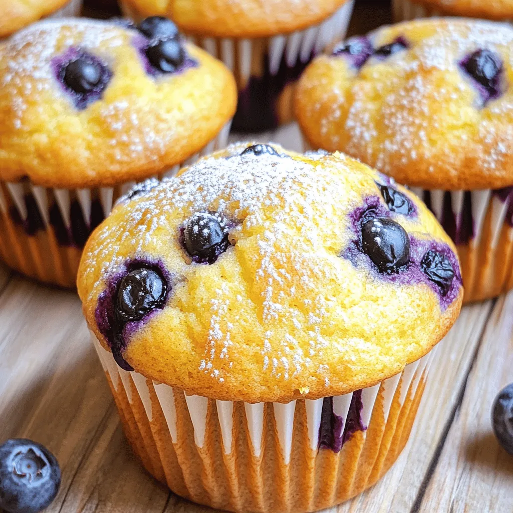 To make these lemon blueberry muffins, gather the following ingredients: - 1 ½ cups all-purpose flour - ½ cup granulated sugar - 2 teaspoons baking powder - ½ teaspoon baking soda - ½ teaspoon salt - 1 large egg - ½ cup buttermilk (or substitute with milk plus 1 tablespoon vinegar) - ⅓ cup vegetable oil - 1 tablespoon freshly grated lemon zest - 1 tablespoon fresh lemon juice - 1 cup fresh blueberries (frozen blueberries can also be used without thawing) - Optional: 2 tablespoons powdered sugar for dusting These ingredients blend together to create a light and fluffy muffin with a burst of flavor. You can easily swap out some ingredients to fit your needs or preferences: - Buttermilk alternatives: If you don’t have buttermilk, mix ½ cup of milk with 1 tablespoon of vinegar. Let it sit for a few minutes before using. - Gluten-free options: To make gluten-free muffins, use 1 ½ cups of a gluten-free flour blend instead of all-purpose flour. - Sugar substitutes: For a lower sugar option, you can use coconut sugar or a sugar substitute like stevia. Adjust the amount as needed based on the sweetness of the substitute. These substitutions help you enjoy muffins that fit your diet without losing flavor. 1. Preheat Your Oven and Prepare the Muffin Tin: Start by setting your oven to 375°F (190°C). This is the perfect temperature for baking muffins. Line a 12-cup muffin tin with paper liners. If you prefer, you can lightly spray each cup with non-stick cooking spray. This will help prevent the muffins from sticking. 2. Mix Dry Ingredients: In a large bowl, combine 1 ½ cups of all-purpose flour, ½ cup of granulated sugar, 2 teaspoons of baking powder, ½ teaspoon of baking soda, and ½ teaspoon of salt. Use a whisk to mix these dry ingredients well. This step helps ensure even flavor in the muffins. 3. Prepare Wet Ingredients: In another bowl, crack 1 large egg and beat it lightly. Then, add ½ cup of buttermilk (or a mix of milk and vinegar), ⅓ cup of vegetable oil, 1 tablespoon of freshly grated lemon zest, and 1 tablespoon of fresh lemon juice. Mix these wet ingredients together until smooth. This mixture adds moisture and flavor. 1. Incorporate Wet and Dry Ingredients: Gently pour the wet mixture into the bowl with the dry ingredients. Use a spatula or wooden spoon to fold them together. Be careful not to over-mix; it’s fine if the batter has some lumps. This helps keep the muffins light and fluffy. 2. Add Blueberries: Carefully fold in 1 cup of fresh blueberries. Make sure they are evenly spread throughout the batter without mashing them. Blueberries add sweetness and a burst of flavor. 3. Fill Muffin Cups: Using a spoon or an ice cream scoop, fill each muffin cup about three-quarters full with batter. This gives the muffins space to rise while baking. 4. Bake Muffins: Place the muffin tin in the preheated oven. Bake for 18-20 minutes. The muffins are done when a toothpick inserted into the center comes out clean. 5. Cooling Process: Once baked, take the muffins out of the oven and let them cool in the tin for about 5 minutes. After this, transfer them to a wire rack to cool completely. This step helps them maintain their shape and texture. If you want to explore all the details, check out the Full Recipe. To make the best lemon blueberry muffins, focus on a few key steps. - Preventing overmixing: Mix the wet and dry ingredients until just combined. A few lumps are okay. Overmixing can make the muffins tough. - Testing for doneness: Insert a toothpick into the center of a muffin. If it comes out clean, the muffins are ready. If it has batter on it, bake a few more minutes. - Ensuring even distribution of berries: Gently fold the blueberries into the batter. This keeps them from breaking and helps spread the flavor evenly. Making your muffins look great is simple. - Dusting with powdered sugar: Once the muffins cool, lightly sprinkle powdered sugar on top. This adds sweetness and makes them look fancy. - Muffin storage before serving: Store the muffins in an airtight container. This keeps them moist and fresh until you’re ready to serve. {{image_4}} You can easily change up the flavor of your lemon blueberry muffins. One fun way is to add nuts or seeds. Chopped walnuts or slivered almonds give a nice crunch. You can also try sunflower seeds for a nut-free option. Different fruit combinations can also make your muffins unique. Instead of blueberries, use raspberries or strawberries. You can even mix fruits. For example, add a cup of blueberries and a cup of diced strawberries. This gives a colorful twist to your muffins. Using lemon zest from different types of lemons can add variety. Meyer lemons are sweeter and less tangy than regular lemons. This gives your muffins a different taste. Try using them for a more delicate flavor. You can also adjust the recipe for holiday themes. For Easter, add a dash of lavender to make it special. For Christmas, consider adding cinnamon or nutmeg. This brings in seasonal spices that everyone loves. To keep your lemon blueberry muffins fresh, consider where you store them. Room temperature is best for short-term storage. Place them in an airtight container. They will stay fresh for up to three days this way. If you prefer, you can refrigerate them. This will extend their life to about one week. Just remember, cold muffins may lose some of their soft texture. For best practices, always let the muffins cool completely before storing. This prevents moisture from making them soggy. If you plan to serve them later, wrap them in plastic wrap. It helps maintain their moisture and flavor. To freeze muffins for long-term storage, first, let them cool completely. Then, wrap each muffin tightly in plastic wrap. After that, place them in a freezer-safe bag or container. This step keeps out air and prevents freezer burn. Muffins can last in the freezer for up to three months. When you’re ready to enjoy a muffin, simply take it out of the freezer. Thaw it at room temperature for a couple of hours. For a warm treat, you can also reheat it in the oven at 350°F (175°C) for about 10 minutes. Enjoy your fresh-tasting treats any time! For the complete recipe, check out the Full Recipe. How to make lemon blueberry muffins from scratch? To make lemon blueberry muffins from scratch, gather your ingredients. You will need flour, sugar, baking powder, baking soda, salt, an egg, buttermilk, oil, lemon zest, lemon juice, and blueberries. First, mix the dry ingredients in one bowl. In another bowl, mix the wet ingredients. Combine both mixes gently. Fold in the blueberries. Fill muffin cups and bake at 375°F for about 20 minutes. Can I use frozen blueberries? Yes, you can use frozen blueberries in this recipe. You don't need to thaw them first. Just fold them into the batter as you would with fresh blueberries. This keeps your muffins moist and full of flavor. What can I substitute for buttermilk? If you don't have buttermilk, you can make a quick substitute. Mix ½ cup of milk with 1 tablespoon of vinegar. Let it sit for about five minutes, and then use it in place of buttermilk. Calories and serving size Each muffin contains about 150 calories. This makes it a tasty snack or breakfast choice. The recipe yields 12 muffins, making it easy to share with friends or family. Health benefits of blueberries and lemons Blueberries are full of vitamins and antioxidants. They help improve heart health and boost brain function. Lemons provide vitamin C and support a healthy immune system. Together, they make these muffins not just tasty but also nutritious! This blog post covered how to make delicious lemon blueberry muffins from scratch. We explored the key ingredients and substitutions you can use. The step-by-step instructions ensure you get it right every time. I shared helpful tips for baking and presentation, plus fun variations to try. In the end, baking can be rewarding and fun for everyone. Enjoy your muffins and share them with friends!