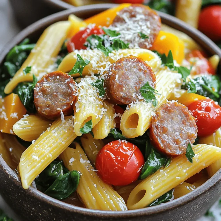 - 12 oz penne pasta - 12 oz smoked sausage, sliced - 1 medium onion, diced - 3 cloves garlic, minced - 1 red bell pepper, chopped - 1 cup cherry tomatoes, halved - 4 cups chicken broth - 1 teaspoon Italian seasoning blend - ½ teaspoon red pepper flakes (optional) - Salt and black pepper to taste - 1 cup fresh baby spinach - ½ cup grated Parmesan cheese - 2 tablespoons olive oil - Fresh parsley for garnish In this dish, the main ingredients create a hearty base. The penne pasta cooks right in the pot, soaking up all the flavors. The smoked sausage adds a savory touch. Onions and garlic bring depth to each bite. For added color and taste, the red bell pepper and cherry tomatoes shine. They help make the dish fresh and bright. The chicken broth ties everything together. It gives moisture and flavor to the pasta. I love using Italian seasoning for that extra kick. If you like heat, try adding red pepper flakes. To finish, fresh spinach and Parmesan cheese melt into the mix. The cheese gives it a creamy texture. Garnish with parsley for a pop of color. This One Pot Smoked Sausage Pasta recipe is simple yet full of flavor. For the full cooking steps, check the Full Recipe. Start by heating olive oil in a large pot over medium heat. Add the diced onion and sliced smoked sausage. Sauté these for about 5-7 minutes. Stir them often. You want the onions to turn clear and the sausage to get some color. Next, add the minced garlic and chopped red bell pepper. If you like heat, sprinkle in some red pepper flakes. Cook this mix for another 2-3 minutes. Stir it until the bell peppers soften a little. Now, it’s time to add flavor. Toss in the halved cherry tomatoes. Stir and let them cook for 2 more minutes. This helps the tomatoes soften and release their juices. This makes the dish taste great. Carefully pour in the chicken broth. Turn up the heat to bring the mix to a boil. Once boiling, add the penne pasta and Italian seasoning. Stir everything so the pasta is well covered with broth. When the pot starts to simmer again, reduce the heat to low. Cover the pot with a lid. Cook for about 12-15 minutes. Stir it once in a while to stop the pasta from sticking. You want the pasta to be al dente. After the pasta cooks, fold in the fresh spinach and grated Parmesan cheese. Stir until the spinach wilts and the cheese melts. Taste your dish. Adjust the seasoning with salt and black pepper to your liking. Remove the pot from heat and let it sit for 2 minutes. This helps all the flavors mix well before serving. For the full recipe, check out the detailed instructions. To get the best pasta, cook it al dente. This means it should be firm when you bite into it. Follow the package instructions, but check the pasta a minute early. This helps you avoid overcooking. To prevent sticky pasta, stir it often while it cooks. Make sure the pot has enough water, too. You can also add a bit of salt to the water. This adds flavor and keeps the pasta from sticking together. Want to boost the taste? Try adding spices like paprika or herbs like basil. They can add a nice touch to your dish. If you want a twist, consider using turkey or chicken sausage instead of smoked sausage. This keeps the meal light yet tasty. When serving, use deep bowls for a nice look. This keeps the pasta warm and allows for easy eating. Top the dish with chopped parsley for a fresh, colorful touch. A sprinkle of extra Parmesan cheese can also make it look gourmet. For a personal touch, you can serve it with garlic bread or a simple salad. This makes your meal feel complete and inviting. {{image_4}} You can change the pasta type to fit your taste. Try using bowtie or fusilli pasta for a new twist. You can also swap the smoked sausage for chicken or shrimp. If you want a vegetarian meal, use plant-based sausage or chickpeas instead. For a gluten-free option, choose gluten-free penne or another pasta made from rice or corn. If you want a vegan dish, skip the cheese and sausage. Use nutritional yeast for a cheesy flavor without dairy. In spring, add fresh asparagus or peas for a bright touch. In summer, throw in zucchini or bell peppers for crunch. In fall, consider adding butternut squash or kale. These seasonal veggies add flavor and color to your meal. Store leftovers in an airtight container. This keeps the pasta fresh and safe. You can safely eat it for up to three days. Make sure to cool it before sealing the container. This helps prevent condensation, which can make the dish soggy. To reheat the pasta, use the stovetop or microwave. If using the stovetop, add a splash of broth. This keeps the dish creamy and moist. Stir gently as you heat it. In the microwave, cover the dish with a damp paper towel. This helps trap steam and keeps the pasta from drying out. You can freeze One Pot Smoked Sausage Pasta. Let it cool completely before freezing. Place it in a freezer-safe container. It can last for up to three months in the freezer. When ready to eat, thaw it overnight in the fridge. Then, reheat on the stovetop or microwave, adding a little broth to keep it creamy. It takes about 30 minutes to make this dish. You will spend 10 minutes prepping the ingredients. Cooking will take about 20 minutes. This makes it a great option for a quick weeknight meal. Yes, you can make this recipe in advance. Cook the pasta and sausage as directed. Let it cool completely. Store it in an airtight container in the fridge for up to three days. Reheat it in a pot with a splash of broth or water to keep it creamy. This dish pairs well with a simple green salad. Try a garden salad with fresh greens and a light vinaigrette. Garlic bread is also a great side. It adds crunch and complements the flavors of the pasta. Yes, this dish is very kid-friendly. The flavors are mild and not too spicy. You can adjust the red pepper flakes to make it even milder. For picky eaters, leave out the spinach or serve it on the side. Kids love the pasta texture and sausage. Absolutely! You can use chicken sausage for a lighter option. Turkey sausage is another healthy choice. If you prefer a vegetarian dish, try using plant-based sausage. Each type will give a unique flavor to the dish. In this blog post, we explored how to make delicious One Pot Smoked Sausage Pasta. We covered key ingredients, step-by-step cooking methods, and helpful tips. You learned about ways to swap ingredients and how to store leftovers. I hope you feel confident to try this easy dish. It’s tasty, quick, and perfect for any meal. Enjoy your cooking adventure with this recipe!