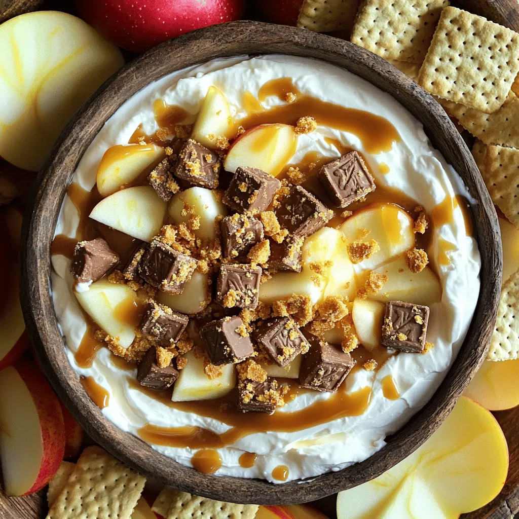 To make Twix Dip, you need a few key ingredients. These include: - 1 cup cream cheese, softened to room temperature - 1/2 cup powdered sugar - 1 teaspoon vanilla extract - 1/2 cup caramel sauce (store-bought or homemade) - 1 cup Cool Whip or homemade whipped cream - 1/2 cup crushed Twix bars (plus extra for garnish) - Freshly sliced apples or crunchy graham crackers for dipping These ingredients come together to create a smooth and tasty dip. The cream cheese gives it a nice base. The powdered sugar adds sweetness, while the vanilla enhances flavor. The caramel sauce brings a rich, sticky sweetness. The Cool Whip makes it light and fluffy. Finally, the crushed Twix bars add that signature chocolate and caramel crunch. You can adjust this recipe to fit your taste. Here are some optional ingredients you might try: - Chocolate chips for extra chocolate flavor - Peanut butter for a nutty twist - Sea salt for a salty-sweet balance - Other candy bars for variety These optional ingredients let you get creative. If you love peanut butter, mix it in for added creaminess. For a salty kick, sprinkle in some sea salt. Using high-quality ingredients makes a big difference. Here are some brands I recommend: - Philadelphia cream cheese for its smooth texture - Domino powdered sugar for consistent sweetness - Smucker's caramel sauce for great flavor - Reddi-wip for fresh whipped cream Choosing the right brands ensures your dip tastes amazing. Quality ingredients lead to a better overall experience. For the best results, focus on these trusted brands. If you follow the full recipe, you will create a dip that everyone will love! To start, gather all your ingredients. You will need cream cheese, powdered sugar, vanilla, caramel sauce, Cool Whip, crushed Twix bars, and dippers like apples or graham crackers. 1. Take the cream cheese out of the fridge. Let it sit at room temperature for about 15 minutes. This will help it mix easily. 2. In a large bowl, use a handheld mixer to beat the cream cheese. Mix it for about 2-3 minutes until it is smooth and creamy. 3. Gradually add in the powdered sugar. Mix on low speed first to keep the sugar from flying everywhere. After a minute, increase the speed to medium until it is fully mixed. Mixing is key to a great dip. You want it smooth and creamy. Here’s how to do it right. - After adding vanilla, mix just until combined. This ensures the vanilla is evenly spread. - When adding Cool Whip, use a rubber spatula. Gently fold it in. This keeps the dip light and airy. - Avoid over-mixing. This can make the dip too dense. You want it fluffy and inviting. Folding is a gentle way to mix. This keeps the texture just right. Here are my tips: - Add the caramel sauce slowly. Pour it in while you fold. - When adding crushed Twix bars, sprinkle them in. Fold them in carefully to keep some chunks. - Scrape the sides of the bowl as you go. This ensures all ingredients mix well without losing air. Following these steps will give you a Twix dip that is creamy, sweet, and oh-so-delicious. Enjoy making this treat! For the full recipe, check out the complete guide above. Serve Twix dip with a mix of dippers. You can use freshly sliced apples for a fruity crunch. Graham crackers add a nice crunch too. For a fun twist, try pretzels or even cookies. Arrange these around the dip for a great look. This makes it easy for everyone to grab a bite. You can take your Twix dip to the next level. Try adding a drizzle of chocolate or caramel on top. This adds a sweet touch and makes it look fancy. You can also sprinkle some sea salt for a salty-sweet mix. Extra crushed Twix bars add crunch and flavor too. Get creative with toppings to find your favorite combo. One common mistake is over-mixing the dip. This can make it too runny. Mix just until smooth and creamy. Another mistake is not softening the cream cheese first. Cold cream cheese does not blend well. Always ensure it’s at room temperature for the best texture. Lastly, don’t skip the toppings! They make the dip more fun and tasty. For the full recipe, be sure to follow the steps closely for a perfect dip. {{image_4}} This Twix cheesecake dip is a rich and creamy delight. Start with the basic Twix dip. Add 8 ounces of cream cheese to the mix. Blend until smooth. Then, fold in 1 cup of sour cream. This adds a tangy flavor that balances the sweetness. Top with crushed Twix and a drizzle of chocolate. Serve with fruit or cookies. You will love this twist! Want a fun twist? Try the Twix cookie dough dip! Use the basic recipe but swap out some ingredients. Add 1 cup of brown sugar and 1/2 cup of flour. Mix these in with the cream cheese. This gives a cookie dough texture. Fold in mini chocolate chips and crushed Twix bars. Serve it with graham crackers. This dip tastes just like cookie dough! If you want a lighter option, I have some tips. Use Greek yogurt instead of cream cheese. It adds protein and cuts calories. Swap out the caramel sauce for honey or agave syrup. This gives natural sweetness. You can also use dark chocolate for a richer flavor. Finally, serve with fresh fruits like strawberries or bananas. These changes make the dip tasty and a bit healthier. For the full recipe, check out the delightful Twix Dip Delight! To keep your Twix Dip fresh, place it in an airtight container. Make sure the lid seals well. This way, the dip stays creamy and tasty. Store it in the fridge. It’s best to eat it within three days for the best flavor. You can freeze Twix Dip if you want to save some for later. Use a freezer-safe container. Leave some space at the top, as the dip may expand. When you want to enjoy it again, thaw it in the fridge overnight. Stir it well before serving to regain its smooth texture. Twix Dip lasts about three days in the fridge. If you freeze it, it can last up to a month. However, for the best taste, try to eat it within two weeks of freezing. Always check for any changes in smell or color before enjoying it. You can use many things as dippers for Twix Dip. Freshly sliced apples work great. Their crispness adds a nice crunch. Crunchy graham crackers are also a perfect match. They soak up the dip well. You can even try pretzels for a sweet and salty mix. Each option brings unique flavors that everyone will love. Yes, you can use other candy bars! Try Snickers for a nutty twist. Reese's can add a delicious peanut butter flavor. M&M's are colorful and fun too. Just chop the candy bars into small pieces. Mix them in just like the Twix. This makes the dip more exciting and personal to your taste. Making Twix Dip is quick and easy. It only takes about 10 minutes to prepare. You simply mix the ingredients together. No long cooking times or special skills are needed. Just follow the steps, and you'll have a tasty dip ready in no time. Perfect for parties or a sweet snack at home! Twix dip is fun and easy to make. You learned about the key ingredients, preparation steps, and mixing techniques. We also explored tasty variations and tips for serving. Now you know how to store leftovers and the best dippers. In the end, you can enjoy this treat anytime. Whether you keep it classic or try a twist, Twix dip is sure to please. Enjoy making and sharing it with friends!