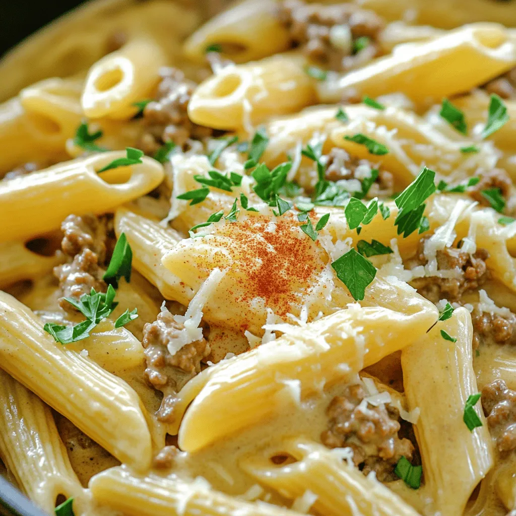 - 1 lb (450g) ground beef - 8 oz (225g) pasta (penne or rotini) - 1 medium onion, finely chopped - 3 cloves garlic, minced For a great One-Pot Creamy Beef Pasta, the main ingredients are key. Ground beef gives the dish its rich flavor. You can use penne or rotini pasta; both work well. A finely chopped onion adds sweetness, while minced garlic brings out the taste. Together, these ingredients create a solid base for our meal. - 1 cup beef broth - 1 cup heavy cream - 1 cup grated Parmesan cheese - 1 teaspoon Italian seasoning - 1/2 teaspoon paprika - Salt and black pepper, to taste - 2 tablespoons olive oil Next, we have our seasonings and liquids. Beef broth adds depth to the dish. Heavy cream makes it rich and smooth. Grated Parmesan cheese enhances the flavor and adds creaminess. Italian seasoning and paprika bring warmth. Don’t forget to add salt and black pepper to taste. Olive oil helps cook the onions and garlic, adding a nice touch. - Fresh parsley, chopped (for garnish) - Additional seasonings For the final touch, you can use chopped parsley as a garnish. It gives a fresh look and taste. You might also add other seasonings if you like. These optional garnishes can make your One-Pot Creamy Beef Pasta even better. For the full recipe, check out the detailed instructions. 1. First, heat the olive oil in a large pot over medium heat. 2. Once hot, add the chopped onion. Sauté for 3-4 minutes until it turns soft and clear. 3. Next, add the minced garlic and cook for 1 more minute. Stir often so it does not burn. 4. Now, increase the heat to medium-high. Add the ground beef, breaking it apart as it cooks. 5. Brown the beef for about 5-6 minutes until no pink remains. If there is extra fat, drain it. 6. Season the beef with Italian seasoning, paprika, salt, and black pepper. Mix well to coat evenly. 1. Add the pasta and beef broth to the pot. Make sure the pasta is fully covered by the liquid. 2. Raise the heat and bring the pot to a boil. 3. Once boiling, reduce the heat to low. Cover the pot with a lid and let it simmer. 4. Cook for about 10-12 minutes, stirring occasionally. The pasta should be al dente and absorb most of the broth. 1. After cooking, remove the pot from the heat. 2. Gradually stir in the heavy cream and grated Parmesan cheese. Mix until the sauce is smooth and creamy. 3. Taste the dish and adjust the seasoning as needed. If the sauce is too thick, add a little water or broth. 4. Serve the creamy beef pasta hot. Garnish with chopped fresh parsley for a nice touch. This recipe is quick, simple, and packed with flavor. Don't forget to check the Full Recipe for more details! - Choosing the right pasta: Use penne or rotini for this dish. They hold sauce well. Avoid thin pasta like spaghetti. Thin pasta may not stay creamy. - Avoiding overcooked beef: Cook the beef until browned, about 5-6 minutes. Don't cook it too long. Overcooked beef can become tough and dry. - Best practices for storage: Store leftovers in an airtight container. Keep in the refrigerator for up to three days. If you want to save it longer, freeze the pasta. - How to reheat for optimal flavor: Reheat on the stove over low heat. Add a splash of broth or cream to keep it creamy. Stir often, so it heats evenly. - Adding fresh herbs: Fresh parsley brightens up the dish. You can also add basil or thyme for a different taste. Chop them finely and sprinkle on top before serving. - Other cheese options: Besides Parmesan, try using mozzarella or cheddar. These cheeses melt well and add rich flavor. Mix them in with the cream for extra creaminess. For the complete guide to making this dish, check out the [Full Recipe]. {{image_4}} You can change up One-Pot Creamy Beef Pasta to fit your tastes. Here are some fun ideas: - Ground turkey or chicken: These meats are leaner and lighter. They still give great flavor. - Vegetarian options with legumes: Try using lentils or chickpeas for a hearty, meatless meal. They pack protein and fiber. - Gluten-free pasta: If you need to avoid gluten, use gluten-free pasta. It cooks well and holds the sauce nicely. - Different shapes and sizes: Penne and rotini work well, but you can try farfalle or fusilli for a fun twist. - Adding vegetables: Toss in veggies like spinach, bell peppers, or mushrooms. They add color and nutrients. - Making it spicier: Add red pepper flakes or a dash of hot sauce if you like heat. Adjust to your taste. These changes can make each meal special. Each variation keeps the dish fun and fresh. Check out the Full Recipe for the base you can start with. After making One-Pot Creamy Beef Pasta, let it cool. Place it in an airtight container. Store it in the fridge for up to three days. The pasta may soak up some sauce, so add a splash of water when reheating. This keeps it creamy. If you want to store it longer, freezing is a great option. Divide the pasta into single portions. Use freezer-safe containers or bags. It will last up to three months in the freezer. When ready to eat, thaw it overnight in the fridge. Reheat it gently on the stove. Add a little beef broth or water to restore its creamy texture. Enjoy your meal just like the first time! The total cooking time for One-Pot Creamy Beef Pasta is about 30 minutes. This includes a quick 10-minute prep time and around 20 minutes of cooking. You can get a tasty, filling meal on the table in no time. Yes, you can make this dish ahead of time. To prepare in advance, cook the pasta and beef mixture. Let it cool, then store it in an airtight container in the fridge. You can reheat it on the stove or microwave when you're ready to eat. Add a splash of water or broth to keep it creamy. Absolutely! To make this recipe dairy-free, swap heavy cream for coconut milk or a dairy-free cream alternative. For the cheese, use nutritional yeast or a dairy-free cheese. These options keep the dish rich and delicious without the dairy. This recipe for One-Pot Creamy Beef Pasta shows how to create a tasty dish with simple ingredients. You learned about key elements like ground beef, pasta, and seasonings. I shared step-by-step instructions, valuable cooking tips, and ways to customize your meal. Remember, you can mix it up with alternative proteins or pasta types. Enjoy making this easy and comforting meal that fits your taste! A great dish starts from your kitchen. Happy cooking!