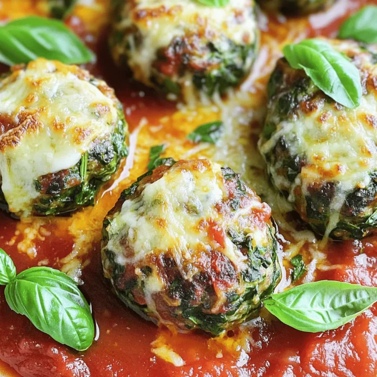 For the perfect Spinach Garlic Mozzarella Meatballs, gather these ingredients: - 1 lb ground beef or ground turkey - 1 cup fresh spinach, finely chopped - 1 cup mozzarella cheese, shredded - 1/2 cup breadcrumbs (preferably Italian-style for added flavor) - 1/4 cup grated Parmesan cheese - 2 cloves garlic, minced - 1 large egg - 1 teaspoon dried oregano - 1 teaspoon salt - 1/2 teaspoon freshly ground black pepper - 1 tablespoon olive oil (for drizzling) - Marinara sauce (for serving) If you want to switch things up, here are some ideas: - Use ground chicken instead of beef or turkey for a lighter option. - Swap fresh spinach for kale or Swiss chard if you prefer. - Parmesan can be replaced with Pecorino Romano for a sharper taste. - If you need a gluten-free option, try gluten-free breadcrumbs. - For a dairy-free version, use a vegan cheese substitute. You can find fresh ingredients at your local grocery store or farmers' market. Look for vibrant spinach and high-quality meat. Stores like Whole Foods or Trader Joe’s often have great options. Always check the produce section for the freshest garlic and herbs. For convenience, many online grocery services can deliver fresh ingredients right to your door. For the full recipe, check out the main article! To start, gather your ingredients. You will need ground beef or turkey, fresh spinach, mozzarella cheese, breadcrumbs, Parmesan cheese, garlic, an egg, oregano, salt, and pepper. Preheat your oven to 400°F (200°C). Line a baking sheet with parchment paper. This helps prevent sticking and makes cleanup easy. In a large bowl, mix the ground meat, chopped spinach, mozzarella, breadcrumbs, Parmesan, minced garlic, egg, oregano, salt, and pepper. Use your hands to blend everything well. Be careful not to overmix, as this can make the meatballs tough. Instead, mix until you see that all ingredients are combined. Now form the mixture into meatballs about 1.5 inches wide. Place them on the baking sheet with space between each one. This helps them cook evenly. Drizzle a tablespoon of olive oil over the meatballs. This keeps them moist and adds flavor as they cook. Bake the meatballs in the oven for 20 to 25 minutes. You want them golden brown and cooked through. The internal temperature should reach 165°F (74°C). While the meatballs bake, heat your marinara sauce in a small saucepan over medium heat. Stir it occasionally until warm. This sauce pairs perfectly with the meatballs. To ensure your meatballs turn out great, follow these tips: - Use fresh ingredients where possible for better flavor. - Avoid overmixing the meatball mixture. This keeps them tender. - Make sure the meatballs are evenly spaced on the baking sheet. This helps them cook properly. - Let the meatballs rest after baking. This allows the juices to redistribute, making them juicier. For the full recipe, check [Full Recipe]. Enjoy making your Spinach Garlic Mozzarella Meatballs! To keep your meatballs moist, use fresh ingredients. I like to add fresh spinach and mozzarella cheese. The cheese melts and adds a creamy texture. Also, don’t overmix the meatball mixture. Mixing too much makes them tough. Gently combine all your ingredients until just mixed. Lastly, drizzle olive oil on top before baking. This oil helps lock in moisture and flavor. One common mistake is using lean meat. While lean meat is healthier, it can dry out. Instead, use a mix of ground beef or turkey that has some fat. Another mistake is pressing the meatballs too hard when shaping them. This makes them dense and chewy. Just form them gently into balls. Lastly, don’t skip the resting time after baking. Letting them sit helps keep them juicy. If you have leftovers, store them in an airtight container. They will last in the fridge for about three days. To reheat, place them in the oven at 350°F (175°C) for about 10 minutes. You can also freeze meatballs for later. Place them in a freezer-safe bag. They can last up to three months. When you want to enjoy them again, thaw in the fridge overnight before reheating. For the full recipe, check out the notes above. {{image_4}} You can easily make a meatless version of these meatballs. Use a mix of beans, like black or chickpeas, as the base. Mash them well and mix with spinach and mozzarella. Add breadcrumbs, egg, and seasonings just like in the original recipe. This version is tasty and packed with nutrients. For a keto-friendly twist, swap breadcrumbs for almond flour or coconut flour. Use ground turkey or beef, as they are low in carbs. You can also add cream cheese to make the meatballs richer. These changes keep the meatballs delicious without the extra carbs. You can change the flavor profile of the meatballs with herbs and spices. Try adding fresh herbs like basil or parsley for a fresh taste. You can also use crushed red pepper for a spicy kick. A dash of paprika can bring a nice depth. Feel free to experiment with your favorite flavors to make these meatballs your own. For the full recipe, check out Spinach Garlic Mozzarella Meatballs! You can pair these meatballs with several tasty options. Marinara sauce is a classic. Pour it over the meatballs for extra flavor. You might also try pesto for a fresh twist. Garlic bread makes a great side too. Serve it warm and crispy. A simple green salad works well, adding crunch and freshness. For a heartier meal, serve with pasta or rice. Make your meal pop with fun plating. Place meatballs on a large platter. Drizzle with marinara sauce and sprinkle with fresh herbs. Add some colorful bell peppers or cherry tomatoes around the edges. You can also use small bowls for dipping sauces. Small skewers can make the meatballs easy to grab. For a family-style meal, serve them in a cast-iron skillet. These meatballs are great for meal prep. You can make a big batch ahead of time. Store them in an airtight container in the fridge for up to three days. You can also freeze them for later use. Just cook the meatballs and let them cool. Place them in a freezer-safe bag. They can last for up to three months. Reheat them in the oven or microwave when you’re ready to eat. To find the complete recipe, check out the Full Recipe link. Yes, you can freeze Spinach Garlic Mozzarella Meatballs. After baking, let them cool completely. Place them in an airtight container or freezer bag. They will stay fresh for up to three months. When you want to eat them, just thaw in the fridge overnight. Reheat them in the oven or microwave. This makes meal prep easy and fun! You can tell when meatballs are done by checking their color and temperature. Look for a golden brown color on the outside. Use a meat thermometer to check the inside. They should reach 165°F (74°C). If you don’t have a thermometer, cut one meatball in half. The inside should not be pink. Absolutely! You can use different types of cheese to change the flavor. Try using cheddar for a sharp taste or feta for a tangy kick. You can even mix cheeses for more depth. Just keep the amount about the same as mozzarella. This lets you be creative with your meatballs! In this post, we covered the key ingredients for meatballs, including substitutions and where to find fresh items. I shared step-by-step cooking tips to perfect your meatballs, plus tricks to keep them moist. We also explored variations like vegetarian options and serving suggestions. Remember, the right ingredients and techniques make all the difference. Don't be afraid to try new flavors or adapt recipes. Enjoy cooking and share your meatball creations with others!