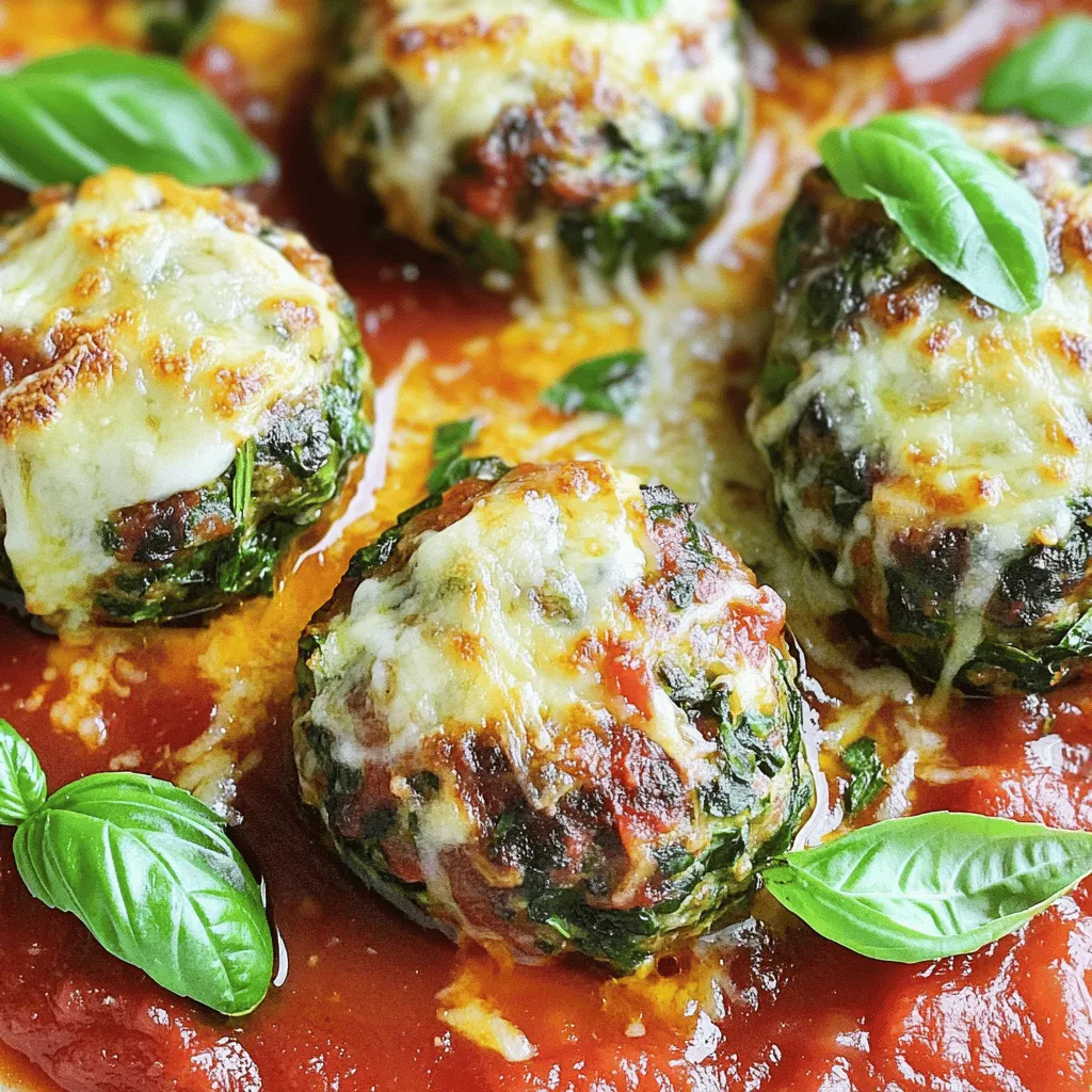For the perfect Spinach Garlic Mozzarella Meatballs, gather these ingredients: - 1 lb ground beef or ground turkey - 1 cup fresh spinach, finely chopped - 1 cup mozzarella cheese, shredded - 1/2 cup breadcrumbs (preferably Italian-style for added flavor) - 1/4 cup grated Parmesan cheese - 2 cloves garlic, minced - 1 large egg - 1 teaspoon dried oregano - 1 teaspoon salt - 1/2 teaspoon freshly ground black pepper - 1 tablespoon olive oil (for drizzling) - Marinara sauce (for serving) If you want to switch things up, here are some ideas: - Use ground chicken instead of beef or turkey for a lighter option. - Swap fresh spinach for kale or Swiss chard if you prefer. - Parmesan can be replaced with Pecorino Romano for a sharper taste. - If you need a gluten-free option, try gluten-free breadcrumbs. - For a dairy-free version, use a vegan cheese substitute. You can find fresh ingredients at your local grocery store or farmers' market. Look for vibrant spinach and high-quality meat. Stores like Whole Foods or Trader Joe’s often have great options. Always check the produce section for the freshest garlic and herbs. For convenience, many online grocery services can deliver fresh ingredients right to your door. For the full recipe, check out the main article! To start, gather your ingredients. You will need ground beef or turkey, fresh spinach, mozzarella cheese, breadcrumbs, Parmesan cheese, garlic, an egg, oregano, salt, and pepper. Preheat your oven to 400°F (200°C). Line a baking sheet with parchment paper. This helps prevent sticking and makes cleanup easy. In a large bowl, mix the ground meat, chopped spinach, mozzarella, breadcrumbs, Parmesan, minced garlic, egg, oregano, salt, and pepper. Use your hands to blend everything well. Be careful not to overmix, as this can make the meatballs tough. Instead, mix until you see that all ingredients are combined. Now form the mixture into meatballs about 1.5 inches wide. Place them on the baking sheet with space between each one. This helps them cook evenly. Drizzle a tablespoon of olive oil over the meatballs. This keeps them moist and adds flavor as they cook. Bake the meatballs in the oven for 20 to 25 minutes. You want them golden brown and cooked through. The internal temperature should reach 165°F (74°C). While the meatballs bake, heat your marinara sauce in a small saucepan over medium heat. Stir it occasionally until warm. This sauce pairs perfectly with the meatballs. To ensure your meatballs turn out great, follow these tips: - Use fresh ingredients where possible for better flavor. - Avoid overmixing the meatball mixture. This keeps them tender. - Make sure the meatballs are evenly spaced on the baking sheet. This helps them cook properly. - Let the meatballs rest after baking. This allows the juices to redistribute, making them juicier. For the full recipe, check [Full Recipe]. Enjoy making your Spinach Garlic Mozzarella Meatballs! To keep your meatballs moist, use fresh ingredients. I like to add fresh spinach and mozzarella cheese. The cheese melts and adds a creamy texture. Also, don’t overmix the meatball mixture. Mixing too much makes them tough. Gently combine all your ingredients until just mixed. Lastly, drizzle olive oil on top before baking. This oil helps lock in moisture and flavor. One common mistake is using lean meat. While lean meat is healthier, it can dry out. Instead, use a mix of ground beef or turkey that has some fat. Another mistake is pressing the meatballs too hard when shaping them. This makes them dense and chewy. Just form them gently into balls. Lastly, don’t skip the resting time after baking. Letting them sit helps keep them juicy. If you have leftovers, store them in an airtight container. They will last in the fridge for about three days. To reheat, place them in the oven at 350°F (175°C) for about 10 minutes. You can also freeze meatballs for later. Place them in a freezer-safe bag. They can last up to three months. When you want to enjoy them again, thaw in the fridge overnight before reheating. For the full recipe, check out the notes above. {{image_4}} You can easily make a meatless version of these meatballs. Use a mix of beans, like black or chickpeas, as the base. Mash them well and mix with spinach and mozzarella. Add breadcrumbs, egg, and seasonings just like in the original recipe. This version is tasty and packed with nutrients. For a keto-friendly twist, swap breadcrumbs for almond flour or coconut flour. Use ground turkey or beef, as they are low in carbs. You can also add cream cheese to make the meatballs richer. These changes keep the meatballs delicious without the extra carbs. You can change the flavor profile of the meatballs with herbs and spices. Try adding fresh herbs like basil or parsley for a fresh taste. You can also use crushed red pepper for a spicy kick. A dash of paprika can bring a nice depth. Feel free to experiment with your favorite flavors to make these meatballs your own. For the full recipe, check out Spinach Garlic Mozzarella Meatballs! You can pair these meatballs with several tasty options. Marinara sauce is a classic. Pour it over the meatballs for extra flavor. You might also try pesto for a fresh twist. Garlic bread makes a great side too. Serve it warm and crispy. A simple green salad works well, adding crunch and freshness. For a heartier meal, serve with pasta or rice. Make your meal pop with fun plating. Place meatballs on a large platter. Drizzle with marinara sauce and sprinkle with fresh herbs. Add some colorful bell peppers or cherry tomatoes around the edges. You can also use small bowls for dipping sauces. Small skewers can make the meatballs easy to grab. For a family-style meal, serve them in a cast-iron skillet. These meatballs are great for meal prep. You can make a big batch ahead of time. Store them in an airtight container in the fridge for up to three days. You can also freeze them for later use. Just cook the meatballs and let them cool. Place them in a freezer-safe bag. They can last for up to three months. Reheat them in the oven or microwave when you’re ready to eat. To find the complete recipe, check out the Full Recipe link. Yes, you can freeze Spinach Garlic Mozzarella Meatballs. After baking, let them cool completely. Place them in an airtight container or freezer bag. They will stay fresh for up to three months. When you want to eat them, just thaw in the fridge overnight. Reheat them in the oven or microwave. This makes meal prep easy and fun! You can tell when meatballs are done by checking their color and temperature. Look for a golden brown color on the outside. Use a meat thermometer to check the inside. They should reach 165°F (74°C). If you don’t have a thermometer, cut one meatball in half. The inside should not be pink. Absolutely! You can use different types of cheese to change the flavor. Try using cheddar for a sharp taste or feta for a tangy kick. You can even mix cheeses for more depth. Just keep the amount about the same as mozzarella. This lets you be creative with your meatballs! In this post, we covered the key ingredients for meatballs, including substitutions and where to find fresh items. I shared step-by-step cooking tips to perfect your meatballs, plus tricks to keep them moist. We also explored variations like vegetarian options and serving suggestions. Remember, the right ingredients and techniques make all the difference. Don't be afraid to try new flavors or adapt recipes. Enjoy cooking and share your meatball creations with others!