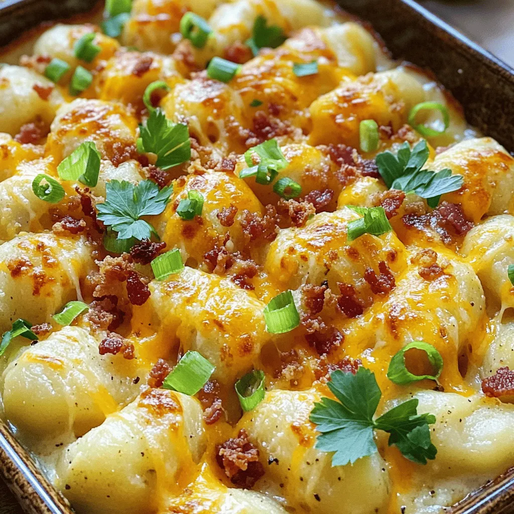 Let's gather everything you need for loaded baked potato gnocchi. This dish is rich and comforting, making it a hit for family dinners or cozy nights in. - 1 pound potato gnocchi - 2 large russet potatoes (baked, cooled, and mashed) - 1/2 cup cream cheese, softened - 1/2 cup sour cream - 1 cup shredded sharp cheddar cheese - 1/2 cup cooked bacon, crumbled - 1/4 cup green onions, finely chopped - 1 teaspoon garlic powder - Salt and pepper to taste - Olive oil for drizzling - Fresh parsley for garnish Each ingredient plays a key role in making this dish special. The potato gnocchi serves as a soft base. The russet potatoes give a hearty texture. Cream cheese and sour cream add creaminess that makes every bite dreamy. Sharp cheddar cheese offers a nice kick of flavor, while the bacon brings a savory crunch. Green onions add freshness, and garlic powder enhances taste. Use olive oil to help everything blend and fresh parsley for a vibrant finish. You can find the full recipe with detailed instructions to create this delicious dish. - Preheat your oven to 400°F (200°C). - Prick the russet potatoes with a fork. - Bake them directly on the oven rack for 45-60 minutes. - They should be soft when squeezed. - Once baked, let them cool. - Scoop out the flesh and mash until smooth. - In a large mixing bowl, combine the warm mashed potatoes. - Add softened cream cheese and sour cream. - Sprinkle in garlic powder, salt, and pepper. - Whisk all ingredients until creamy and well-blended. - Fill a large pot with water and add salt. - Bring the water to a gentle simmer. - Carefully add the potato gnocchi to the water. - Cook until the gnocchi rise to the surface, about 2-3 minutes. - In a large skillet, drizzle some olive oil to coat the bottom. - Add the cooked gnocchi into the skillet. - Pour in the creamy cheese mixture. - Stir gently to coat the gnocchi and heat through for 5 minutes. - Fold in crumbled bacon and half of the shredded cheddar. - Stir until everything is mixed and melted. - Preheat your broiler. - Transfer the mixture to a greased baking dish. - Sprinkle the remaining cheddar on top. - Broil for 3-5 minutes until golden brown. - Remove the baking dish from the oven carefully. - Garnish with chopped green onions and fresh parsley. - Serve hot immediately for the best flavor. For the full recipe, check out the details above. Enjoy your loaded baked potato gnocchi! Choose russet potatoes for the best results. They are starchy and fluffy when baked. This texture makes them perfect for mashing. Other types, like red or yellow potatoes, can be waxy. Waxy potatoes lead to a denser gnocchi. You want your gnocchi light and airy, so stick with russets for this dish. When boiling gnocchi, use a large pot with plenty of water. Bring the water to a soft boil, not a rolling boil. Add a good amount of salt; this helps the gnocchi taste great. Cook them for about 2-3 minutes. They are done when they float to the top. Be careful not to overcook them. Overcooked gnocchi can become mushy and lose their shape. To boost the taste of your gnocchi, consider adding fresh herbs. Chives, parsley, or thyme work well. For added warmth, sprinkle in some paprika or chili powder. If you want more creaminess, try adding more cream cheese or sour cream. Adjust these to your liking for a rich, satisfying dish. Using these tips will help you create a loaded baked potato gnocchi that is both tasty and fun. For the full recipe, check out the section above. {{image_4}} To make this dish vegetarian, you can swap out the bacon and cheese. Try using smoked paprika for that savory flavor. For the cheese, vegan cheese works well. It melts beautifully and adds creaminess. You can also add seasonal vegetables like zucchini or bell peppers. They give color and extra nutrients. Sauté them in olive oil before mixing them in with the gnocchi. If you need a gluten-free option, there are many brands of gluten-free gnocchi. Look for ones made from potato or rice flour. To adjust the recipe, use gluten-free cream cheese and sour cream. These swaps keep the creamy texture without the gluten. Just ensure all your ingredients are labeled gluten-free. Want a kick? Add jalapeños or hot sauce to your gnocchi. Start with a small amount and taste as you go. You can also adjust seasonings for heat. Try adding cayenne pepper or red pepper flakes. This gives your dish a fun twist. You can still enjoy the creamy flavors with a spicy kick. After enjoying your loaded baked potato gnocchi, let it cool at room temperature. This step helps keep it fresh. Once it cools, store it in the fridge. Use an airtight container to keep the gnocchi from drying out. It’s best to eat leftovers within three days for optimal taste. To reheat your gnocchi, I recommend using the stove. Place the leftovers in a skillet over medium heat. Add a splash of cream or water to keep it moist. Stir gently until warm. This method helps maintain the delicious texture of the gnocchi. You can also use the microwave, but be careful not to overheat. If you want to freeze the gnocchi, follow these steps: - First, let the dish cool completely. - Next, portion it into freezer-safe bags or containers. - Squeeze out excess air before sealing. This helps prevent freezer burn. To thaw, place the container in the fridge overnight. Reheat in a skillet with a bit of oil or cream. This method keeps your gnocchi tasty and creamy. If you want the full experience, check out the Full Recipe for more tips! Making Loaded Baked Potato Gnocchi takes about 30 minutes. You need 20 minutes for prep and around 10 minutes for cooking. This includes baking the potatoes and cooking the gnocchi. Yes, you can prepare some parts ahead. Bake and mash the potatoes a day before. Store them in the fridge. You can also mix the cheese and potato mixture in advance. Just reheat before cooking the gnocchi. This dish pairs well with simple salads. A fresh green salad adds a nice crunch. Garlic bread is another great side. You can also serve steamed vegetables for color and balance. You can use store-bought gnocchi. It saves time and effort. However, homemade gnocchi often has a better texture. Store-bought may also have added preservatives, which some may want to avoid. Look for gnocchi that floats. When they rise to the top, they are ready. This usually takes about 2-3 minutes. They should feel soft yet firm when you bite into them. This blog post covers making Loaded Baked Potato Gnocchi, from choosing the right ingredients to cooking techniques. You learned step-by-step instructions, tips on flavor, and variations for dietary needs. Remember, using the right potatoes and cooking gnocchi properly makes a big difference. Whether you enjoy it vegetarian or spicy, this dish is easy to tweak. Storing leftovers? Just follow the tips for best results. Enjoy your next meal with this tasty recipe!