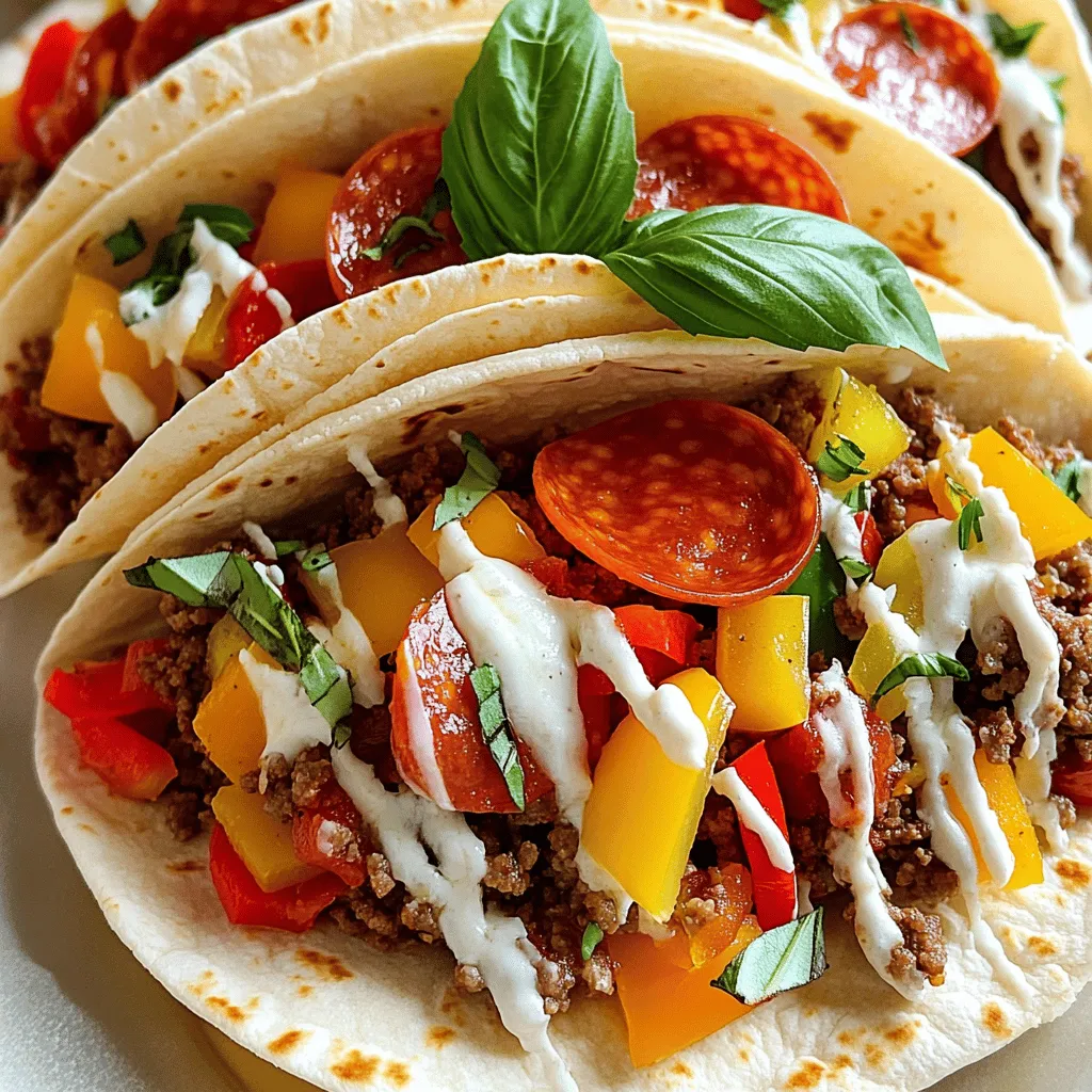 - 1 pound ground beef - 1 pound Italian sausage (removed from casing) - 1 cup pepperoni slices - 1 cup shredded mozzarella cheese - 1 cup pizza sauce - 1 tablespoon Italian seasoning - 1 teaspoon garlic powder - 8 small flour tortillas - 1/2 cup diced bell peppers (a mix of red, yellow, and green) - 1/2 cup sliced black olives - Fresh basil leaves for garnish In this recipe, I keep it simple yet packed with flavor. The main ingredients bring the heartiness you expect from a meat lovers pizza. The ground beef and Italian sausage mix perfectly to create a rich base. I like to add pepperoni slices for that classic pizza taste. Shredded mozzarella cheese melts beautifully and ties everything together. For the extra layer of flavor, the pizza sauce adds a delicious tang. Italian seasoning and garlic powder enhance the overall taste. Flour tortillas serve as the base, giving a fun twist to traditional pizza. Feel free to customize your tacos with optional toppings. Diced bell peppers add some crunch and color. Sliced black olives bring a briny kick. Fresh basil leaves add a pop of freshness. You can find the full recipe [here](#). Start by heating a large skillet over medium heat. Add 1 pound of ground beef and 1 pound of Italian sausage to the skillet. Cook the meat for about 8-10 minutes. Stir often and break it up with a spatula. You want it browned and cooked through. After cooking, drain any extra grease from the mixture. Next, stir in 1 tablespoon of Italian seasoning and 1 teaspoon of garlic powder. Make sure the spices mix well with the meat. Once done, remove the skillet from heat and set it aside. Now, preheat your oven to 400°F (200°C). This will help the tacos bake perfectly. Line a baking sheet with parchment paper. Lay out 8 small flour tortillas on the baking sheet. Make sure to space them evenly so they cook well. Grab a tablespoon and spread a layer of pizza sauce on each tortilla. Leave a small border around the edges for easier handling. Next, top each tortilla with the cooked meat mixture. Add a handful of pepperoni slices on top. Then, sprinkle with diced bell peppers and sliced black olives. Finally, finish each taco with shredded mozzarella cheese. Place the baking sheet in the preheated oven. Bake the tacos for about 10-12 minutes. Keep an eye on them until the tortillas are crispy and the cheese is melted. To achieve that perfect crunch, you can broil them for a minute at the end. After baking, carefully remove the tacos and let them cool for a minute or two. Enjoy your savory meat lovers pizza tacos! For the full recipe, refer back to the earlier section. To make tasty Meat Lovers Pizza Tacos, start with the meat. Cook ground beef and Italian sausage in a hot skillet. This method gives you the best flavors. To avoid greasy meat, drain excess fat after cooking. Use a paper towel to soak up any leftover grease. This keeps your tacos from getting soggy. Next, make sure your toppings cook evenly. Spread them out on the taco. This way, every bite has the same great taste. Layer the toppings carefully to avoid clumping. You want each taco to be full of flavor. You can spice things up with different seasonings. Try adding crushed red pepper for heat. Mix in some smoked paprika for a smoky flavor. Both will make your tacos exciting. For cheese lovers, explore alternative cheeses. Cheddar adds a sharp taste, while gouda gives a nice creaminess. Mixing cheeses can also create a unique blend. Don’t be afraid to experiment with what you have! When serving, make your tacos look amazing. Arrange them on a big platter. Add a small bowl of pizza sauce in the center. This makes dipping easy and fun. Garnish your tacos with fresh basil leaves. They add a pop of color and flavor. You can also sprinkle some extra herbs around the edges. This makes your dish more inviting. Enjoy the looks and tastes of your Meat Lovers Pizza Tacos! {{image_4}} You can make a tasty vegetarian version of Meat Lovers Pizza Tacos. Swap the meat for plant-based options like lentils or mushrooms. These swaps keep the flavor but cut out the meat. Cook the plant-based meat just like you would with beef or sausage. This way, it gets tasty and brown. Want to spice things up? Try adding Mexican-inspired spices to your taco mix. Cumin and chili powder can add a nice kick. You can also add unique toppings, like jalapeños or corn. These toppings give your tacos a fresh twist. Mix and match for a fun flavor adventure! If you need gluten-free options, use gluten-free tortillas. They are easy to find in stores. You can also switch out the pizza sauce for a gluten-free option. Look for sauces that don’t have wheat in them. This way, everyone can enjoy these tasty tacos! To keep your Meat Lovers Pizza Tacos fresh, store them in an airtight container. Place parchment paper between layers if stacking. This will help keep them from sticking together. Refrigerate for up to three days. After that, they may lose flavor and texture. When reheating, use an oven or toaster oven for best results. Preheat the oven to 350°F (175°C). Place the tacos on a baking sheet and cover with foil. Heat for about 10-15 minutes. This will keep the tortillas crispy. If you use a microwave, heat in short bursts to avoid sogginess. You can freeze assembled tacos for later. Wrap each taco tightly in plastic wrap, then place them in a freezer bag. This will keep them fresh for up to three months. When you’re ready to eat, thaw in the fridge overnight. Reheat in the oven as mentioned before. Enjoy your delicious tacos anytime! Check out the Full Recipe for detailed instructions. A Meat Lovers Pizza Taco is a fun twist on two classic dishes. It combines the flavors of a meat lover’s pizza with the shape and ease of a taco. This dish has roots in American cuisine, where both pizza and tacos are beloved. You get crispy tortillas filled with savory meats, cheese, and sauce. It’s perfect for parties or a quick meal. Yes, you can prepare these tacos in advance. Cook the meat mixture and let it cool. Store it in the fridge for up to two days. You can also assemble the tacos without baking them. Cover them and keep them in the fridge for a short time. When you are ready, just pop them in the oven for a quick bake. These tacos pair well with many sides. Consider serving them with: - Fresh salad - Garlic bread - Potato wedges - Nachos For drinks, you might enjoy: - Iced tea - Lemonade - Beer Serving these sides adds fun and flavor to your meal. Enjoy! In summary, we explored the delicious world of Meat Lovers Pizza Tacos. You learned about the main ingredients, from ground beef to mozzarella. I also shared step-by-step instructions for cooking and assembling these tasty treats. Plus, you found helpful tips to enhance flavor and perfect the cooking process. Final thoughts: Enjoy experimenting with variations and toppings. These tacos promise fun for everyone. Grab your friends, and start cooking today!